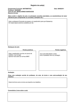 Registro de aula(s)

Componente Curricular: MATEMÁTICA                                           Data: 29/08/2011
Professor: NAGOSHI
Tema da aula: RESOLVENDO EXERCICIOS
Resumo da aula:

(Deve conter o objetivo da aula, os principais conceitos abordados, as características de maior
relevância para compreender os conceitos, exemplos etc.)


Hoje a professora Fernanda nos passou um questionário para que fizéssemos
Em dupla depois seriamos avaliados por ele.




Destaques da aula:

                       Pontos positivos                                       Pontos negativos

Hoje o questionário nos deu um pouco de             Tive muita dificuldade e ainda
trabalho, mas foi legal                             Errei 4 questões mas vou conseguir.
Aprendi mais sobre as normas ABNT.




Avaliação:

(Faça uma avaliação sucinta do professor, da aula, da turma e uma auto-avaliação de seu
trabalho)



Gosto da forma como a turma se empenha nos trabalhos.




Comentários Livres sobre a aula:
 