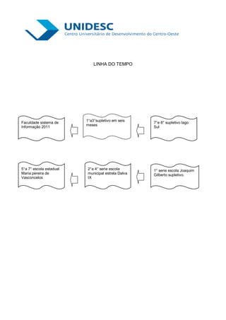 LINHA DO TEMPO




                         1°a3°supletivo em seis
Faculdade sistema de                               7°e 8° supletivo lago
Informação 2011          meses                     Sul




5°a 7° escola estadual   2°a 4° serie escola       1° serie escola Joaquim
Maria pereira de         municipal estrela Dalva   Gilberto supletivo.
Vasconcelos              IX
 