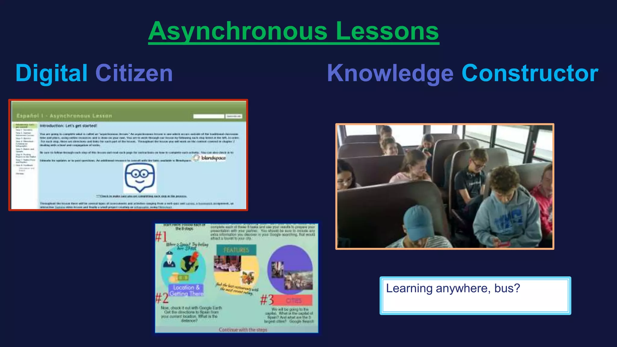Asynchronous Lessons
Digital Citizen Knowledge Constructor
Learning anywhere, bus?