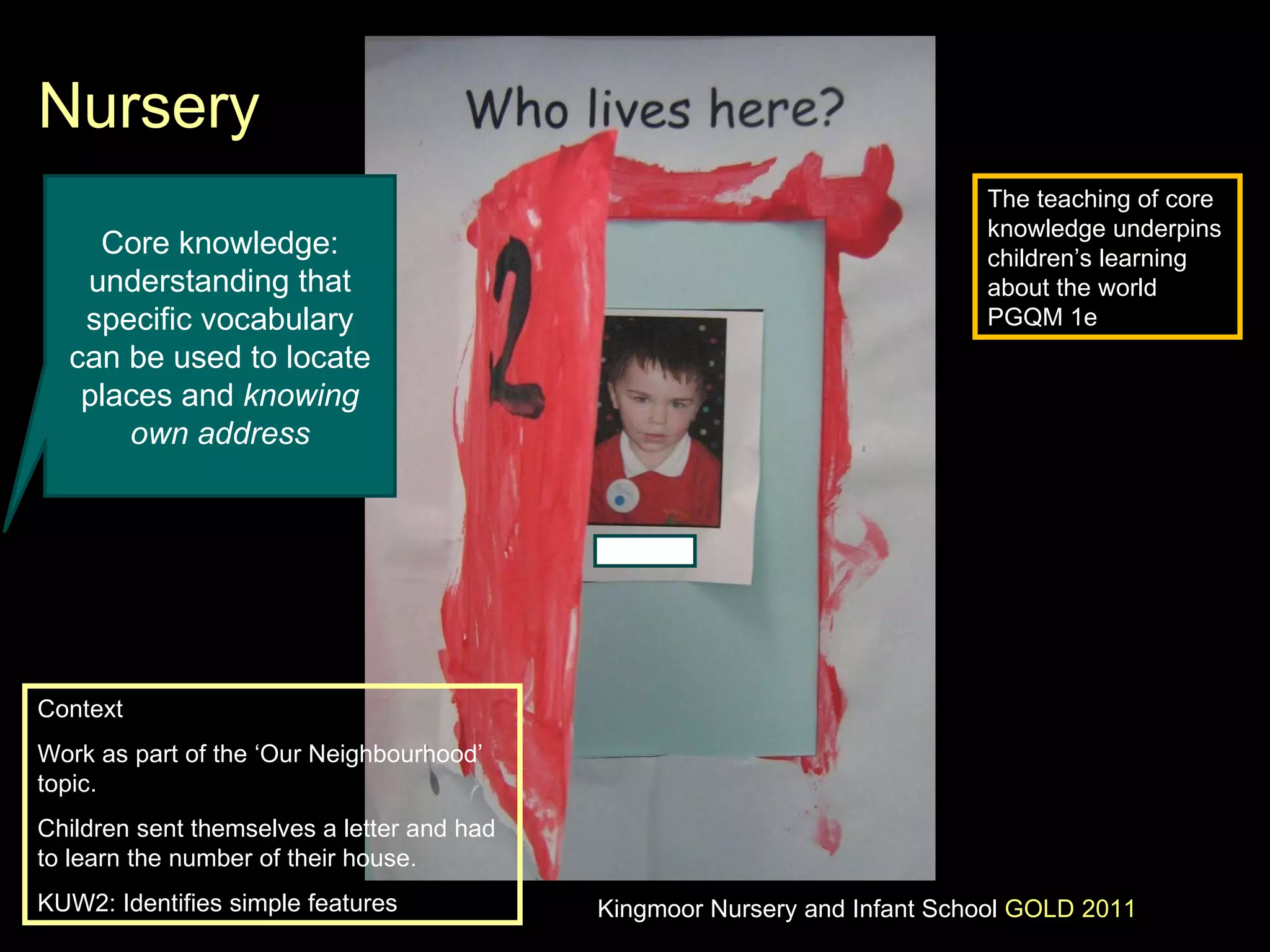 Nursery Context Work as part of the ‘Our Neighbourhood’ topic. Children sent themselves a letter and had to learn the number of their house. KUW2: Identifies simple features Core knowledge: understanding that specific vocabulary can be used to locate places and  knowing own address The teaching of core knowledge underpins children’s learning about the world PGQM 1e Kingmoor Nursery and Infant School  GOLD 2011 