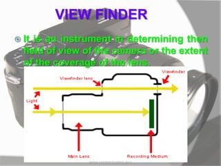 VIEW FINDER
 It is an instrument in determining then
field of view of the camera or the extent
of the coverage of the lens.
MARK LESTER FLORES 2012
 