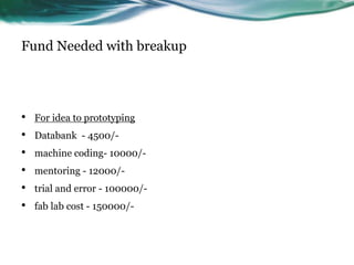 Fund Needed with breakup
• For idea to prototyping
• Databank - 4500/-
• machine coding- 10000/-
• mentoring - 12000/-
• trial and error - 100000/-
• fab lab cost - 150000/-
 