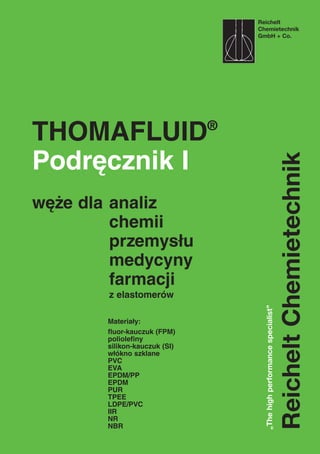 Reichelt
Chemietechnik
GmbH + Co.
THOMAFLUID®
Podręcznik I
węże dla analiz
chemii
przemysłu
medycyny
farmacji
z elastomerów
Materiały:
fluor-kauczuk (FPM)
poliolefiny
silikon-kauczuk (SI)
włókno szklane
PVC
EVA
EPDM/PP
EPDM
PUR
TPEE
LDPE/PVC
IIR
NR
NBR
„Thehighperformancespecialist”
ReicheltChemietechnik
 