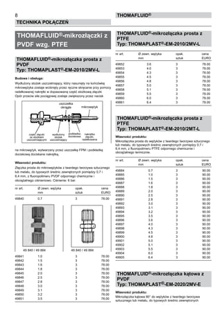 THOMAFLUID®-mikrozłączki z
PVDF wzg. PTFE
THOMAFLUID®-mikrozłączka prosta z
PVDF
Typ: THOMAPLAST®-EM-2010/2MV-L
Budowa i obsługa:
Wydłużony stożek uszczelniający, który nasunięty na końcówkę
mikrowężyka zostaje wciśnięty przez ręczne skręcanie przy pomocy
radełkowanej nakrętki w dopasowaną część stożkową złączki
Opór przeciw sile pociągowej zostaje zwiększony przez nacisk
na mikrowężyk, wytwarzany przez uszczelkę FPM i podkładkę
dociskową dociskane nakrętką.
Własności produktu:
Złączka prosta do mikrowężyków z twardego tworzywa sztucznego
lub metalu, do typowych średnic zewnętrznych pomiędzy 0,7 i
6,4 mm, z fluoropolimeru PVDF odpornego chemicznie i
obciążalnego ciśnieniowo. Ciśnienie: 6 bar.
nr art.	 Ø zewn. wężyka	 opak.	 cena
	 mm	 sztuk	 EURO
49840	 0.7	 3	 78.00
49841	 1.0	 3	 78.00
49842	 1.5	 3	 78.00
49843	 1.6	 3	 78.00
49844	 1.8	 3	 78.00
49845	 2.0	 3	 78.00
49846	 2.5	 3	 78.00
49847	 2.8	 3	 78.00
49848	 3.0	 3	 78.00
49849	 3.1	 3	 78.00
49850	 3.2	 3	 78.00
49851	 3.5	 3	 78.00
THOMAFLUID®-mikrozłączka prosta z
PTFE
Typ: THOMAPLAST®-EM-2010/2MV-L
nr art.	 Ø zewn. wężyka	 opak.	 cena
	 mm	 sztuk	 EURO
49852	 3.6	 3	 78.00
49853	 4.0	 3	 78.00
49854	 4.3	 3	 78.00
49855	 4.5	 3	 78.00
49856	 4.8	 3	 78.00
49857	 5.0	 3	 78.00
49858	 5.1	 3	 78.00
49859	 5.5	 3	 78.00
49860	 6.0	 3	 78.00
49861	 6.4	 3	 78.00
THOMAFLUID®-mikrozłączka prosta z
PTFE
Typ: THOMAPLAST®-EM-2010/2MT-L
Własności produktu:
Mikrozłączka prosta do wężyków z twardego tworzywa sztucznego
lub metalu, do typowych średnic zewnętrznych pomiędzy 0,7 i
6,4 mm, z fluoropolimeru PTFE odpornego chemicznie i
obciążalnego termicznie.
nr art.	 Ø zewn. wężyka	 opak.	 cena
	 mm	 sztuk	 EURO
49884	 0.7	 3	 90.00
49885	 1.0	 3	 90.00
49886	 1.5	 3	 90.00
49887	 1.6	 3	 90.00
49888	 1.8	 3	 90.00
49889	 2.0	 3	 90.00
49890	 2.5	 3	 90.00
49891	 2.8	 3	 90.00
49892	 3.0	 3	 90.00
49893	 3.1	 3	 90.00
49894	 3.2	 3	 90.00
49895	 3.5	 3	 90.00
49896	 3.6	 3	 90.00
49897	 4.0	 3	 90.00
49898	 4.3	 3	 90.00
49899	 4.5	 3	 90.00
49900	 4.8	 3	 90.00
49901	 5.0	 3	 90.00
49902	 5.1	 3	 90.00
49903	 5.5	 3	 90.00
49904	 6.0	 3	 90.00
49905	 6.4	 3	 90.00
THOMAFLUID®-mikrozłączka kątowa z
PVDF
Typ: THOMAPLAST®-EM-2020/2MV-E
Własności produktu:
Mikrozłączka kątowa 90° do wężyków z twardego tworzywa
sztucznego lub metalu, do typowych średnic zewnętrznych
8
Technika połączeń
thomafluid®
49 840 / 49 884	 49 840 / 49 884		
nakrętka
złączki,
radełkowana
uszczelka
okrągła mikrowężyk
część złączki
ze stożkiem
uszczelniającymi
wydłużony
stożek
uszczelniający
podkładka
dociskowa
 