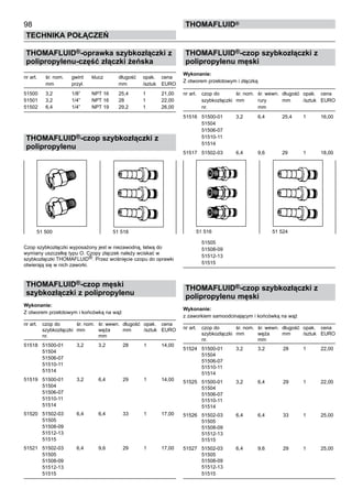 98
Technika połączeń
thomafluid®
THOMAFLUID®-oprawka szybkozłączki z
polipropylenu-część złączki żeńska
nr art.	 śr. nom. 	 gwint 	 klucz 	 długość	 opak.	 cena
	 mm	 przył.		 mm	 /sztuk	 EURO
51500	 3,2	 1/8”	 NPT 16	 25,4	 1	 21,00
51501	 3,2	 1/4”	 NPT 16	 28	 1	 22,00
51502	 6,4	 1/4”	 NPT 19	 29,2	 1	 26,00
THOMAFLUID®-czop szybkozłączki z
polipropylenu
Czop szybkozłączki wyposażony jest w niezawodną, łatwą do
wymiany uszczelkę typu O. Czopy złączek należy wciskać w
szybkozłączki THOMAFLUID®. Przez wciśnięcie czopu do oprawki
otwierają się w nich zaworki.
THOMAFLUID®-czop męski
szybkozłączki z polipropylenu
Wykonanie:
Z otworem przelotowym i końcówką na wąż
nr art.	 czop do 	 śr. nom. 	 śr. wewn. 	długość	 opak.	 cena
	 szybkozłączki	 mm	 węża	 mm	 /sztuk	 EURO
	 nr.		 mm	
	
51518	 51500-01	 3,2	 3,2	 28	 1	 14,00
	 51504
	 51506-07
	 51510-11
	 51514
51519	 51500-01	 3,2	 6,4	 29	 1	 14,00
	 51504
	 51506-07
	 51510-11
	 51514
51520	 51502-03	 6,4	 6,4	 33	 1	 17,00
	 51505
	 51508-09
	 51512-13
	 51515
51521	 51502-03	 6,4	 9,6	 29	 1	 17,00
	 51505
	 51508-09
	 51512-13
	 51515
THOMAFLUID®-czop szybkozłączki z
polipropylenu męski
Wykonanie:
Z otworem przelotowym i złączką
nr art.	 czop do 	 śr. nom. 	 śr. wewn. 	długość	 opak.	 cena
	 szybkozłączki	 mm	 rury	 mm	 /sztuk	 EURO
	 nr.		 mm	
	
51516	 51500-01	 3,2	 6,4	 25,4	 1	 16,00
	 51504
	 51506-07
	 51510-11
	 51514
51517	 51502-03	 6,4	 9,6	 29	 1	 18,00
	 51505
	 51508-09
	 51512-13
	 51515
THOMAFLUID®-czop szybkozłączki z
polipropylenu męski
Wykonanie:
z zaworkiem samoodcinającym i końcówką na wąż
nr art.	 czop do 	 śr. nom. 	 śr. wewn. 	długość	 opak.	 cena
	 szybkozłączki	 mm	 węża	 mm	 /sztuk	 EURO
	 nr.		 mm	
	
51524	 51500-01	 3,2	 3,2	 28	 1	 22,00
	 51504
	 51506-07
	 51510-11
	 51514
51525	 51500-01	 3,2	 6,4	 29	 1	 22,00
	 51504
	 51506-07
	 51510-11
	 51514
51526	 51502-03	 6,4	 6,4	 33	 1	 25,00
	 51505
	 51508-09
	 51512-13
	 51515
51527	 51502-03	 6,4	 9,6	 29	 1	 25,00
	 51505
	 51508-09
	 51512-13
	 51515
51 516	 51 524 	51 500	 51 518		
 