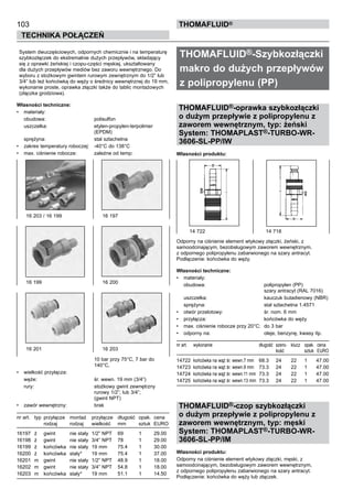 103
Technika połączeń
thomafluid®
System dwuczęściowych, odpornych chemicznie i na temperaturę
szybkozłączek do ekstremalnie dużych przepływów, składający
się z oprawki żeńskiej i czopu-części męskiej, ukształtowany
dla dużych przepływów mediów bez zaworu wewnętrznego. Do
wyboru z stożkowym gwintem rurowym zewnętrznym do 1/2” lub
3/4” lub też końcówką do węży o średnicy wewnętrznej do 19 mm,
wykonanie proste, oprawka złączki także do tablic montażowych
(złączka grodziowa).
Własności techniczne:
•	 materiały:
	 obudowa:	 polisulfon
	 uszczelka:	 etylen-propylen-terpolimer
		 (EPDM)
	 sprężyna:	 stal szlachetna
•	 zakres temperatury roboczej:	 -40°C do 138°C
•	 max. ciśnienie robocze:	 zależne od temp:
			 10 bar przy 75°C, 7 bar do
		 140°C,
•	 wielkość przyłącza:	
	 węże:	 śr. wewn. 19 mm (3/4”)
	 rury:	 stożkowy gwint zewnętrzny 	
		 rurowy 1/2”; lub 3/4”;
		 (gwint NPT)
•	 zawór wewnętrzny:	 brak
nr art.	 typ	 przyłącze	 montaż	 przyłącze	 długość	 opak.	 cena
		 rodzaj 	 rodzaj	 wielkość	 mm	 sztuk	 EURO
16197	 ż	 gwint	 nie stały	 1/2” NPT	 69	 1	 29.00
16198	 ż	 gwint	 nie stały	 3/4” NPT	 78	 1	 29.00
16199	 ż	 końcówka	 nie stały	 19 mm	 75.4	 1	 30.00
16200	 ż	 końcówka	 stały*	 19 mm	 75.4	 1	 37.00
16201	 m	 gwint	 nie stały	 1/2” NPT	 48.9	 1	 18.00
16202	 m	 gwint	 nie stały	 3/4” NPT	 54.8	 1	 18.00
16203	 m	 końcówka	 stały*	 19 mm	 51.1	 1	 14.50
THOMAFLUID®-Szybkozłączki
makro do dużych przepływów
z polipropylenu (PP)	
THOMAFLUID®-oprawka szybkozłączki
o dużym przepływie z polipropylenu z
zaworem wewnętrznym, typ: żeński
System: THOMAPLAST®-TURBO-WR-
3606-SL-PP/IW 	
Własności produktu:
Odporny na ciśnienie element wtykowy złączki, żeński, z
samoodcinającym, bezobsługowym zaworem wewnętrznym,
z odpornego polipropylenu zabarwionego na szary antracyt.
Podłączenie: końcówka do węży.
Własności techniczne:
•	 materiały:
	 obudowa:	 polipropylen (PP)
		 szary antracyt (RAL 7016)
	 uszczelka:	 kauczuk butadienowy (NBR)
	 sprężyna:	 stal szlachetna 1.4571
•	 otwór przelotowy:	 śr. nom. 6 mm
•	 przyłącza:	 końcówka do węży
•	 max. ciśnienie robocze przy 20°C:	 do 3 bar
•	 odporny na:	 oleje, benzynę, kwasy itp.
nr art.	 wykonanie	 długość	 szero- 	 klucz	 opak.	 cena
			 kość		 sztuk	 EURO
14722	 końcówka na wąż śr. wewn.7 mm	 68.3	 24	 22	 1	 47.00
14723	 końcówka na wąż śr. wewn.9 mm	 73.3	 24	 22	 1	 47.00
14724	 końcówka na wąż śr. wewn.11 mm	 73.3	 24	 22	 1	 47.00
14725	 końcówka na wąż śr. wewn.13 mm	 73.3	 24	 22	 1	 47.00
THOMAFLUID®-czop szybkozłączki
o dużym przepływie z polipropylenu z
zaworem wewnętrznym, typ: męski
System: THOMAPLAST®-TURBO-WR-
3606-SL-PP/IM	
Własności produktu:
Odporny na ciśnienie element wtykowy złączki, męski, z
samoodcinającym, bezobsługowym zaworem wewnętrznym,
z odpornego polipropylenu zabarwionego na szary antracyt.
Podłączenie: końcówka do węży lub złączek.
16 203 / 16 199	 16 197
16 201	 16 203
16 199 	 16 200
14 722 	 14 718
 