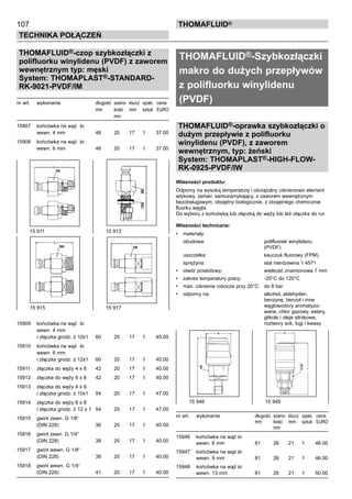 107
Technika połączeń
thomafluid®
THOMAFLUID®-czop szybkozłączki z
polifluorku winylidenu (PVDF) z zaworem
wewnętrznym typ: męski
System: THOMAPLAST®-STANDARD-
RK-9021-PVDF/IM
nr art.	 wykonanie	 długość	 szero- 	klucz	 opak.	 cena
		 mm	 kość	 mm	 sztuk	 EURO
			 mm
15907	 końcówka na wąż śr.
	 wewn. 4 mm	 46	 20	 17	 1	 37.00
15908	 końcówka na wąż śr.
	 wewn. 6 mm	 46	 20	 17	 1	 37.00
15909	 końcówka na wąż śr.
	 wewn. 4 mm
	 i złączka grodz. ż 10x1	 60	 20	 17	 1	 45.00
15910	 końcówka na wąż śr.
	 wewn. 6 mm
	 i złączka grodz. ż 12x1	 60	 20	 17	 1	 45.00
15911	 złączka do węży 4 x 6	 42	 20	 17	 1	 40.00
15912	 złączka do węży 6 x 8	 42	 20	 17	 1	 40.00
15913	 złączka do węży 4 x 6
	 i złączka grodz. ż 10x1	 54	 20	 17	 1	 47.00
15914	 złączka do węży 6 x 8
	 i złączka grodz. ż 12 x 1	 54	 20	 17	 1	 47.00
15915	 gwint zewn. G 1/8”
	 (DIN 228)	 36	 20	 17	 1	 40.00
15916	 gwint zewn. G 1/4”
	 (DIN 228)	 38	 20	 17	 1	 40.00
15917	 gwint wewn. G 1/8“
	 (DIN 228)	 39	 20	 17	 1	 40.00
15918	 gwint wewn. G 1/4“
	 (DIN 228)	 41	 20	 17	 1	 40.00
THOMAFLUID®-Szybkozłączki
makro do dużych przepływów
z polifluorku winylidenu
(PVDF)	
THOMAFLUID®-oprawka szybkozłączki o
dużym przepływie z polifluorku
winylidenu (PVDF), z zaworem
wewnętrznym, typ: żeński
System: THOMAPLAST®-HIGH-FLOW-
RK-0925-PVDF/IW 	
Własności produktu:
Odporny na wysoką temperaturę i obciążalny ciśnieniowo element
wtykowy, żeński: samozamykający, z zaworem wewnętrznym
bezobsługowym, obojętny biologicznie, z obojętnego chemicznie
fluorku węgla.
Do wyboru z końcówką lub złączką do węży lub też złączka do rur.
Własności techniczne:
•	 materiały:
	 obudowa:	 polifluorek winylidenu
		 (PVDF)
	 uszczelka:	 kauczuk fluorowy (FPM)
	 sprężyna:	 stal nierdzewna 1.4571
•	 otwór przelotowy:	 wielkość znamionowa 7 mm
•	 zakres temperatury pracy:	 -20°C do 120°C
•	 max. ciśnienie robocze przy 20°C:	 do 8 bar
•	 odporny na:	 alkohol, aldehyden,
		 benzynę, benzol i inne
		 węglowodory aromatyzo-
		 wane, chlor gazowy, estery,
		 glikole i oleje silnikowe,
		 roztwory soli, ługi i kwasy
nr art.	 wykonanie	 długość	 szero- 	klucz	 opak.	 cena
		 mm	 kość	 mm	 sztuk	 EURO
			 mm
15946	 końcówka na wąż śr.
	 wewn. 6 mm	 81	 26	 21	 1	 46.00
15947	 końcówka na wąż śr.
	 wewn. 9 mm	 81	 26	 21	 1	 46.00
15948	 końcówka na wąż śr.
	 wewn. 13 mm	 81	 26	 21	 1	 50.00
15 911	 15 913
15 915	 15 917
15 946	 15 949
 