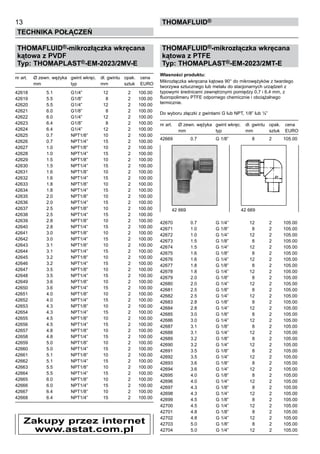 THOMAFLUID®-mikrozłączka wkręcana
kątowa z PVDF
Typ: THOMAPLAST®-EM-2023/2MV-E
nr art.	 Ø zewn. wężyka	 gwint wkręc.	 dł. gwintu	 opak.	 cena
	 mm	 typ	 mm	 sztuk	 EURO
42618	 5.1	 G1/4”	 12	 2	 100.00
42619	 5.5	 G1/8”	 8	 2	 100.00
42620	 5.5	 G1/4”	 12	 2	 100.00
42621	 6.0	 G1/8”	 8	 2	 100.00
42622	 6.0	 G1/4”	 12	 2	 100.00
42623	 6.4	 G1/8”	 8	 2	 100.00
42624	 6.4	 G1/4”	 12	 2	 100.00
42625	 0.7	 NPT1/8”	 10	 2	 100.00
42626	 0.7	 NPT1/4”	 15	 2	 100.00
42627	 1.0	 NPT1/8”	 10	 2	 100.00
42628	 1.0	 NPT1/4”	 15	 2	 100.00
42629	 1.5	 NPT1/8”	 10	 2	 100.00
42630	 1.5	 NPT1/4”	 15	 2	 100.00
42631	 1.6	 NPT1/8”	 10	 2	 100.00
42632	 1.6	 NPT1/4”	 15	 2	 100.00
42633	 1.8	 NPT1/8”	 10	 2	 100.00
42634	 1.8	 NPT1/4”	 15	 2	 100.00
42635	 2.0	 NPT1/8”	 10	 2	 100.00
42636	 2.0	 NPT1/4”	 15	 2	 100.00
42637	 2.5	 NPT1/8”	 10	 2	 100.00
42638	 2.5	 NPT1/4”	 15	 2	 100.00
42639	 2.8	 NPT1/8”	 10	 2	 100.00
42640	 2.8	 NPT1/4”	 15	 2	 100.00
42641	 3.0	 NPT1/8”	 10	 2	 100.00
42642	 3.0	 NPT1/4”	 15	 2	 100.00
42643	 3.1	 NPT1/8”	 10	 2	 100.00
42644	 3.1	 NPT1/4”	 15	 2	 100.00
42645	 3.2	 NPT1/8”	 10	 2	 100.00
42646	 3.2	 NPT1/4”	 15	 2	 100.00
42647	 3.5	 NPT1/8”	 10	 2	 100.00
42648	 3.5	 NPT1/4”	 15	 2	 100.00
42649	 3.6	 NPT1/8”	 10	 2	 100.00
42650	 3.6	 NPT1/4”	 15	 2	 100.00
42651	 4.0	 NPT1/8”	 10	 2	 100.00
42652	 4.0	 NPT1/4”	 15	 2	 100.00
42653	 4.3	 NPT1/8”	 10	 2	 100.00
42654	 4.3	 NPT1/4”	 15	 2	 100.00
42655	 4.5	 NPT1/8”	 10	 2	 100.00
42656	 4.5	 NPT1/4”	 15	 2	 100.00
42657	 4.8	 NPT1/8”	 10	 2	 100.00
42658	 4.8	 NPT1/4”	 15	 2	 100.00
42659	 5.0	 NPT1/8”	 10	 2	 100.00
42660	 5.0	 NPT1/4”	 15	 2	 100.00
42661	 5.1	 NPT1/8”	 10	 2	 100.00
42662	 5.1	 NPT1/4”	 15	 2	 100.00
42663	 5.5	 NPT1/8”	 10	 2	 100.00
42664	 5.5	 NPT1/4”	 15	 2	 100.00
42665	 6.0	 NPT1/8”	 10	 2	 100.00
42666	 6.0	 NPT1/4”	 15	 2	 100.00
42667	 6.4	 NPT1/8”	 10	 2	 100.00
42668	 6.4	 NPT1/4”	 15	 2	 100.00
THOMAFLUID®-mikrozłączka wkręcana
kątowa z PTFE
Typ: THOMAPLAST®-EM-2023/2MT-E
Własności produktu:
Mikrozłączka wkręcana kątowa 90° do mikrowężyków z twardego
tworzywa sztucznego lub metalu do stacjonarnych urządzeń z
typowymi średnicami zewnętrznymi pomiędzy 0,7 i 6,4 mm, z
fluoropolimeru PTFE odpornego chemicznie i obciążalnego
termicznie.
Do wyboru złączki z gwintami G lub NPT, 1/8” lub ¼”
nr art.	 Ø zewn. wężyka	 gwint wkręc.	 dł. gwintu	 opak.	 cena
	 mm	 typ	 mm	 sztuk	 EURO
42669	 0.7	 G 1/8”	 8	 2	 105.00
42670	 0.7	 G 1/4”	 12	 2	 105.00
42671	 1.0	 G 1/8”	 8	 2	 105.00
42672	 1.0	 G 1/4”	 12	 2	 105.00
42673	 1.5	 G 1/8”	 8	 2	 105.00
42674	 1.5	 G 1/4”	 12	 2	 105.00
42675	 1.6	 G 1/8”	 8	 2	 105.00
42676	 1.6	 G 1/4”	 12	 2	 105.00
42677	 1.8	 G 1/8”	 8	 2	 105.00
42678	 1.8	 G 1/4”	 12	 2	 105.00
42679	 2.0	 G 1/8”	 8	 2	 105.00
42680	 2.0	 G 1/4”	 12	 2	 105.00
42681	 2.5	 G 1/8”	 8	 2	 105.00
42682	 2.5	 G 1/4”	 12	 2	 105.00
42683	 2.8	 G 1/8”	 8	 2	 105.00
42684	 2.8	 G 1/4”	 12	 2	 105.00
42685	 3.0	 G 1/8”	 8	 2	 105.00
42686	 3.0	 G 1/4”	 12	 2	 105.00
42687	 3.1	 G 1/8”	 8	 2	 105.00
42688	 3.1	 G 1/4”	 12	 2	 105.00
42689	 3.2	 G 1/8”	 8	 2	 105.00
42690	 3.2	 G 1/4”	 12	 2	 105.00
42691	 3.5	 G 1/8”	 8	 2	 105.00
42692	 3.5	 G 1/4”	 12	 2	 105.00
42693	 3.6	 G 1/8”	 8	 2	 105.00
42694	 3.6	 G 1/4”	 12	 2	 105.00
42695	 4.0	 G 1/8”	 8	 2	 105.00
42696	 4.0	 G 1/4”	 12	 2	 105.00
42697	 4.3	 G 1/8”	 8	 2	 105.00
42698	 4.3	 G 1/4”	 12	 2	 105.00
42699	 4.5	 G 1/8”	 8	 2	 105.00
42700	 4.5	 G 1/4”	 12	 2	 105.00
42701	 4.8	 G 1/8”	 8	 2	 105.00
42702	 4.8	 G 1/4”	 12	 2	 105.00
42703	 5.0	 G 1/8”	 8	 2	 105.00
42704	 5.0	 G 1/4”	 12	 2	 105.00
13
Technika połączeń
thomafluid®
Zakupy przez internet
www.astat.com.pl
42 669	 42 669
 