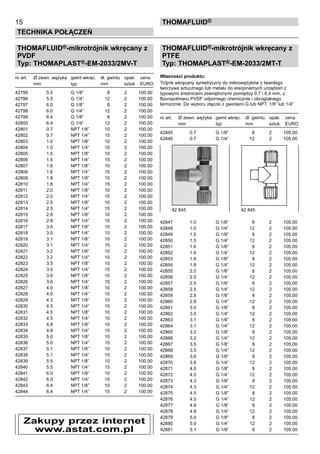 THOMAFLUID®-mikrotrójnik wkręcany z
PVDF
Typ: THOMAPLAST®-EM-2033/2MV-T
nr art.	 Ø zewn. wężyka	 gwint wkręc.	 dł. gwintu	 opak.	 cena
	 mm	 typ	 mm	 sztuk	 EURO
42795	 5.5	 G 1/8”	 8	 2	 100.00
42796	 5.5	 G 1/4”	 12	 2	 100.00
42797	 6.0	 G 1/8”	 8	 2	 100.00
42798	 6.0	 G 1/4”	 12	 2	 100.00
42799	 6.4	 G 1/8”	 8	 2	 100.00
42800	 6.4	 G 1/4”	 12	 2	 100.00
42801	 0.7	 NPT 1/8”	 10	 2	 100.00
42802	 0.7	 NPT 1/4”	 15	 2	 100.00
42803	 1.0	 NPT 1/8”	 10	 2	 100.00
42804	 1.0	 NPT 1/4”	 15	 2	 100.00
42805	 1.5	 NPT 1/8”	 10	 2	 100.00
42806	 1.5	 NPT 1/4”	 15	 2	 100.00
42807	 1.6	 NPT 1/8”	 10	 2	 100.00
42808	 1.6	 NPT 1/4”	 15	 2	 100.00
42809	 1.8	 NPT 1/8”	 10	 2	 100.00
42810	 1.8	 NPT 1/4”	 15	 2	 100.00
42811	 2.0	 NPT 1/8”	 10	 2	 100.00
42812	 2.0	 NPT 1/4”	 15	 2	 100.00
42813	 2.5	 NPT 1/8”	 10	 2	 100.00
42814	 2.5	 NPT 1/4”	 15	 2	 100.00
42815	 2.8	 NPT 1/8”	 10	 2	 100.00
42816	 2.8	 NPT 1/4”	 15	 2	 100.00
42817	 3.0	 NPT 1/8”	 10	 2	 100.00
42818	 3.0	 NPT 1/4”	 15	 2	 100.00
42819	 3.1	 NPT 1/8”	 10	 2	 100.00
42820	 3.1	 NPT 1/4”	 15	 2	 100.00
42821	 3.2	 NPT 1/8”	 10	 2	 100.00
42822	 3.2	 NPT 1/4”	 15	 2	 100.00
42823	 3.5	 NPT 1/8”	 10	 2	 100.00
42824	 3.5	 NPT 1/4”	 15	 2	 100.00
42825	 3.6	 NPT 1/8”	 10	 2	 100.00
42826	 3.6	 NPT 1/4”	 15	 2	 100.00
42827	 4.0	 NPT 1/8”	 10	 2	 100.00
42828	 4.0	 NPT 1/4”	 15	 2	 100.00
42829	 4.3	 NPT 1/8”	 10	 2	 100.00
42830	 4.3	 NPT 1/4”	 15	 2	 100.00
42831	 4.5	 NPT 1/8”	 10	 2	 100.00
42832	 4.5	 NPT 1/4”	 15	 2	 100.00
42833	 4.8	 NPT 1/8”	 10	 2	 100.00
42834	 4.8	 NPT 1/4”	 15	 2	 100.00
42835	 5.0	 NPT 1/8”	 10	 2	 100.00
42836	 5.0	 NPT 1/4”	 15	 2	 100.00
42837	 5.1	 NPT 1/8”	 10	 2	 100.00
42838	 5.1	 NPT 1/4”	 15	 2	 100.00
42839	 5.5	 NPT 1/8”	 10	 2	 100.00
42840	 5.5	 NPT 1/4”	 15	 2	 100.00
42841	 6.0	 NPT 1/8”	 10	 2	 100.00
42842	 6.0	 NPT 1/4”	 15	 2	 100.00
42843	 6.4	 NPT 1/8”	 10	 2	 100.00
42844	 6.4	 NPT 1/4”	 15	 2	 100.00
15
Technika połączeń
thomafluid®
THOMAFLUID®-mikrotrójnik wkręcany z
PTFE
Typ: THOMAPLAST®-EM-2033/2MT-T
Własności produktu:
Trójnik wkręcany symetryczny do mikrowężyków z twardego
tworzywa sztucznego lub metalu do stacjonarnych urządzeń z
typowymi średnicami zewnętrznymi pomiędzy 0,7 i 6,4 mm, z
fluoropolimeru PVDF odpornego chemicznie i obciążalnego
termicznie. Do wyboru złączki z gwintami G lub NPT, 1/8” lub 1/4”
nr art.	 Ø zewn. wężyka	 gwint wkręc.	 dł. gwintu	 opak.	 cena
	 mm	 typ	 mm	 sztuk	 EURO
42845	 0.7	 G 1/8”	 8	 2	 105.00
42846	 0.7	 G 1/4”	 12	 2	 105.00
42847	 1.0	 G 1/8”	 8	 2	 105.00
42848	 1.0	 G 1/4”	 12	 2	 105.00
42849	 1.5	 G 1/8”	 8	 2	 105.00
42850	 1.5	 G 1/4”	 12	 2	 105.00
42851	 1.6	 G 1/8”	 8	 2	 105.00
42852	 1.6	 G 1/4”	 12	 2	 105.00
42853	 1.8	 G 1/8”	 8	 2	 105.00
42854	 1.8	 G 1/4”	 12	 2	 105.00
42855	 2.0	 G 1/8”	 8	 2	 105.00
42856	 2.0	 G 1/4”	 12	 2	 105.00
42857	 2.5	 G 1/8”	 8	 2	 105.00
42858	 2.5	 G 1/4”	 12	 2	 105.00
42859	 2.8	 G 1/8”	 8	 2	 105.00
42860	 2.8	 G 1/4”	 12	 2	 105.00
42861	 3.0	 G 1/8”	 8	 2	 105.00
42862	 3.0	 G 1/4”	 12	 2	 105.00
42863	 3.1	 G 1/8”	 8	 2	 105.00
42864	 3.1	 G 1/4”	 12	 2	 105.00
42865	 3.2	 G 1/8”	 8	 2	 105.00
42866	 3.2	 G 1/4”	 12	 2	 105.00
42867	 3.5	 G 1/8”	 8	 2	 105.00
42868	 3.5	 G 1/4”	 12	 2	 105.00
42869	 3.6	 G 1/8”	 8	 2	 105.00
42870	 3.6	 G 1/4”	 12	 2	 105.00
42871	 4.0	 G 1/8”	 8	 2	 105.00
42872	 4.0	 G 1/4”	 12	 2	 105.00
42873	 4.3	 G 1/8”	 8	 2	 105.00
42874	 4.3	 G 1/4”	 12	 2	 105.00
42875	 4.5	 G 1/8”	 8	 2	 105.00
42876	 4.5	 G 1/4”	 12	 2	 105.00
42877	 4.8	 G 1/8”	 8	 2	 105.00
42878	 4.8	 G 1/4”	 12	 2	 105.00
42879	 5.0	 G 1/8”	 8	 2	 105.00
42880	 5.0	 G 1/4”	 12	 2	 105.00
42881	 5.1	 G 1/8”	 8	 2	 105.00
Zakupy przez internet
www.astat.com.pl
42 845 	 42 845
 