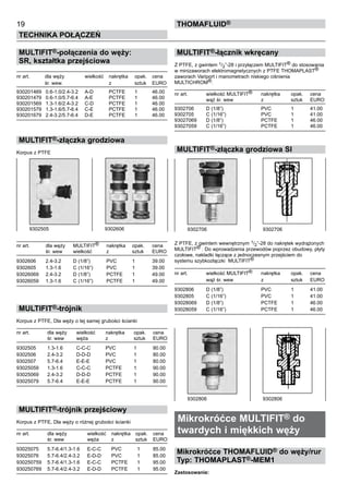 19
Technika połączeń
thomafluid®
MULTIFIT®-połączenia do węży:
SR, kształtka przejściowa
nr art.	 dla węży	 wielkość	 nakrętka	 opak.	 cena
	 śr. wew.		 z	 sztuk	 EURO
930201469	 0.6-1.0/2.4-3.2	 A-D	 PCTFE	 1	 46.00
930201479	 0.6-1.0/5.7-6.4	 A-E	 PCTFE	 1	 46.00
930201569	 1.3-1.6/2.4-3.2	 C-D	 PCTFE	 1	 46.00
930201579	 1.3-1.6/5.7-6.4	 C-E	 PCTFE	 1	 46.00
930201679	 2.4-3.2/5.7-6.4	 D-E	 PCTFE	 1	 46.00
MULTIFIT®-złączka grodziowa
Korpus z PTFE
nr art.	 dla węży	 MULTIFIT®	 nakrętka	 opak.	 cena
	 śr. wew	 wielkość	 z	 sztuk	 EURO
9302606	 2.4-3.2	 D (1/8”)	 PVC	 1	 39.00
9302605	 1.3-1.6	 C (1/16”)	 PVC	 1	 39.00
93026069	 2.4-3.2	 D (1/8”)	 PCTFE	 1	 49.00
93026059	 1.3-1.6	 C (1/16”)	 PCTFE	 1	 49.00
MULTIFIT®-trójnik
Korpus z PTFE, Dla węży o tej samej grubości ścianki
nr art.	 dla węży	 wielkość	 nakrętka	 opak.	 cena
	 śr. wew	 węża	 z	 sztuk	 EURO
9302505	 1.3-1.6	 C-C-C	 PVC	 1	 80.00
9302506	 2.4-3.2	 D-D-D	 PVC	 1	 80.00
9302507	 5.7-6.4	 E-E-E	 PVC	 1	 80.00
93025059	 1.3-1.6	 C-C-C	 PCTFE	 1	 90.00
93025069	 2.4-3.2	 D-D-D	 PCTFE	 1	 90.00
93025079	 5.7-6.4	 E-E-E	 PCTFE	 1	 90.00
MULTIFIT®-trójnik przejściowy
Korpus z PTFE, Dla węży o różnej grubości ścianki
nr art.	 dla węży	 wielkość	 nakrętka	 opak.	 cena
	 śr. wew	 węża	 z	 sztuk	 EURO
93025075	 5.7-6.4/1.3-1.6	 E-C-C	 PVC	 1	 85.00
93025076	 5.7-6.4/2.4-3.2	 E-D-D	 PVC	 1	 85.00
930250759	 5.7-6.4/1.3-1.6	 E-C-C	 PCTFE	 1	 95.00
930250769	 5.7-6.4/2.4-3.2	 E-D-D	 PCTFE	 1	 95.00
MULTIFIT®-łącznik wkręcany
Z PTFE, z gwintem 1/2”-28 i przyłączem MULTIFIT® do stosowania
w minizaworach elektromagnetycznych z PTFE THOMAPLAST®
zaworach Variport i manometrach niskiego ciśnienia
MULTICHROM®.
nr art.	 wielkość MULTIFIT®	 nakrętka	 opak.	 cena
	 wąż śr. wew	 z	 sztuk	 EURO
9302706	 D (1/8”)	 PVC	 1	 41.00
9302705	 C (1/16”)	 PVC	 1	 41.00
93027069	 D (1/8”)	 PCTFE	 1	 46.00
93027059	 C (1/16”)	 PCTFE	 1	 46.00
MULTIFIT®-złączka grodziowa SI
Z PTFE, z gwintem wewnętrznym 1/2”-28 do nakrętek wydrążonych
MULTIFIT® . Do wprowadzenia przewodów poprzez obudowy, płyty
czołowe, nakładki łączące z jednoczesnym przejściem do
systemu szybkozłączki MULTIFIT®
nr art.	 wielkość MULTIFIT®	 nakrętka	 opak.	 cena
	 wąż śr. wew	 z	 sztuk	 EURO
9302806	 D (1/8”)	 PVC	 1	 41.00
9302805	 C (1/16”)	 PVC	 1	 41.00
93028069	 D (1/8”)	 PCTFE	 1	 46.00
93028059	 C (1/16”)	 PCTFE	 1	 46.00
Mikrokróćce MULTIFIT® do
twardych i miękkich węży
Mikrokróćce THOMAFLUID® do węży/rur
Typ: THOMAPLAST®-MEM1
Zastosowanie:
9302505	 9302606 9302706 	 9302706
9302806	 9302806
 