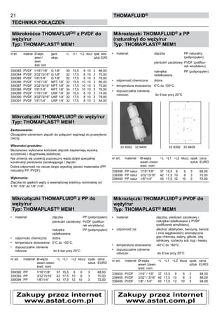 21
Technika połączeń
thomafluid®
Mikrokróćce THOMAFLUID® z PVDF do
węży/rur
Typ: THOMAPLAST® MEM1
nr art.	 materiał 	 Ø-węża	 gwint	 ~L	 ~L1	 ~L2	 klucz	 opak.	cena
		 wewn./	 wkręc.					 sztuk	EURO
		 zewn.
		 śred. nom
339383	 PVDF	 1/16”/1/8”	 G 1/8”	 30	 15,5	 8	 10	 3	 66,00
339384	 PVDF	 3/32”/3/16”	 G 1/8”	 32	 17,5	 8	 10	 3	 70,00
339385	 PVDF	 1/8”/1/4”	 G 1/8”	 32	 17,5	 8	 10	 3	 76,00
339386	 PVDF	 1/16”/1/8”	 NPT 1/8”	 32	 15,5	 10	 10	 3	 66,00
339387	 PVDF	 3/32”/3/16”	 NPT 1/8”	 34	 17,5	 10	 10	 3	 70,00
339388	 PVDF	 1/8”/1/4”	 NPT 1/8”	 34	 17,5	 10	 10	 3	 76,00
339389	 PVDF	 1/16”/1/8”	 UNF 1/4”	 30	 15,5	 8	 10	 3	 74,00
339390	 PVDF	 3/32”/3/16”	 UNF 1/4”	 32	 17,5	 8	 10	 3	 78,00
339391	 PVDF	 1/8”/1/4”	 UNF 1/4”	 32	 17,5	 8	 10	 3	 84,00
Mikrozłączki THOMAFLUID® do węży/rur
Typ: THOMAPLAST® MEM1
Zastosowanie:
Obciążalne ciśnieniem złączki do połączeń wąż/wąż do przesyłania
cieczy.
Własności produktu:
Bezszwowo wykonane końcówki złączek zapewniają wysoką
szczelność i długotrwałą stabilność.
Nie zmienia się przekrój poprzeczny węża dzięki specjalnej
konstrukcji pierścienia zaciskającego i złączki.
Dobra odporność na ciecze dzięki wysokiej jakości materiałów (PP,
naturalny PP, PVDF)
Wykonanie:
Złączka do giętkich węży o wewnętrznej średnicy nominalnej od
1/16” /1/8” do 1/8” /1/4”.
Mikrozłączki THOMAFLUID® z PP do
węży/rur
Typ: THOMAPLAST® MEM1
•	 materiał:	 złączka	 PP (polipropylen)
			 pierścień zaciskowy	 PVDF (polifluo-
			 rek winylidenu)
			 nakrętka	 PP (polipropylen)
		 radełkowana
•	 odporność chemiczna:	 dobra
•	 temperatura stosowania:	 0°C do 100°C.
•	 dopuszczalne ciśnienie
robocze:	 do 6 bar przy 20°C
nr art.	 materiał	 Ø-węża	 ~L	 ~L1	 ~L2	 klucz	 opak.	 cena
		 wewn./zewn.					 sztuk	 EURO
		 śred. nom
339392	 PP	 1/16”/1/8”	 37	 15,5	 8	 6	 3	 68,00
339393	 PP	 3/32”/3/16”	 42	 17,5	 10	 8	 3	 70,00
339394	 PP	 1/8”/1/4”	 43	 17,5	 12	 10	 3	 72,00
Mikrozłączki THOMAFLUID® z PP
(naturalny) do węży/rur
Typ: THOMAPLAST® MEM1
•	 materiał:	 złączka	 PP naturalny
			 (polipropylen)
			 pierścień zaciskowy	 PVDF (polifluo-
			 rek winylidenu)
			 nakrętka	 PP (polipropylen)
		 radełkowana
•	 odporność chemiczna:	 dobra
•	 temperatura stosowania:	 0°C do 100°C.
•	 dopuszczalne ciśnienie
robocze:	 do 6 bar przy 20°C
nr art.	 materiał	 Ø-węża	 ~L	 ~L1	 ~L2	 klucz	 opak.	cena
		 wewn./zewn.					 sztuk	 EURO
		 śred. nom
339398	 PP natur	 1/16”/1/8”	 37	 15,5	 8	 6	 3	 68,00
339399	 PP natur	 3/32”/3/16”	 42	 17,5	 10	 8	 3	 70,00
339400	 PP natur	 1/8”/1/4”	 43	 17,5	 12	 10	 3	 72,00
Mikrozłączki THOMAFLUID® z PVDF do
węży/rur
Typ: THOMAPLAST® MEM1
•	 materiał:	 złączka, pierścień zaciskowy i
		 nakrętka radełkowana z PVDF
		 (polifluorek winylidenu)	
•	 odporność na:	 alkohol, aldehyden, benzynę, benzol
		 i inne węglowodory aromatyczne
		 gaz chlorowy, estery, glikole, olej
		 silnikowy, roztwory soli, ługi i kwasy
•	 temperatura stosowania:	 -40°C do 160°C.
•	 dopuszczalne ciśnienie
robocze:	 do 6 bar przy 20°C
nr art.	 materiał	 Ø-węża	 ~L	 ~L1	 ~L2	 klucz	 opak.	 cena
		 wewn./zewn.					 sztuk	 EURO
		 śred. nom
339404	 PVDF	 1/16” / 1/8”	 37	 15,5	 8	 6	 3	 84,00
339405	 PVDF	 3/32” / 3/16”	 42	 17,5	 10	 8	 3	 88,00
339406	 PVDF	 1/8” / 1/4”	 43	 17,5	 12	 10	 3	 94,00
Zakupy przez internet
www.astat.com.pl
33 9392 33 9409	 33 9392 33 9409
Zakupy przez internet
www.astat.com.pl
 