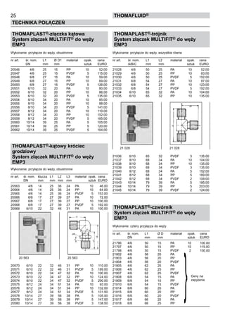 25
Technika połączeń
thomafluid®
THOMAPLAST®-złączka kątowa
System złączek MULTIFIT® do węży
EMP3
Wykonanie: przyłącze do węży, obustronne
nr art.	 śr. nom.	 L1	 Ø D1	 materiał	 opak.	 cena
	 DN	 mm	 mm		 sztuk	 EURO
20546	 4/6	 25	 15	 PP	 10	 52.00
20547	 4/6	 25	 15	 PVDF	 5	 115.00
20548	 6/8	 27	 15	 PA	 10	 59.00
20549	 6/8	 27	 15	 PP	 10	 69.00
20550	 6/8	 27	 15	 PVDF	 5	 126.00
20551	 6/10	 32	 20	 PA	 10	 80.00
20552	 6/10	 32	 20	 PP	 10	 86.00
20553	 6/10	 32	 20	 PVDF	 5	 135.00
20554	 8/10	 34	 20	 PA	 10	 85.00
20555	 8/10	 34	 20	 PP	 10	 88.00
20556	 8/10	 34	 20	 PVDF	 5	 141.00
20557	 8/12	 34	 20	 PA	 10	 110.00
20558	 8/12	 34	 20	 PP	 10	 152.00
20559	 8/12	 34	 20	 PVDF	 5	 165.00
20560	 10/14	 39	 25	 PA	 5	 105.00
20561	 10/14	 39	 25	 PP	 5	 120.00
20562	 10/14	 39	 25	 PVDF	 5	 164.00
THOMAPLAST®-kątowy króciec
grodziowy
System złączek MULTIFIT® do węży
EMP3
Wykonanie: przyłącze do węży, obustronne
nr art.	 śr. nom.	 klucza	 L1	 L2	 L3	 materiał	 opak.	 cena
	 DN	 mm	 mm	 mm	 mm		 sztuk	 EURO
20563	 4/6	 14	 25	 36	 24	 PA	 10	 46.00
20564	 4/6	 14	 25	 36	 24	 PP	 10	 64.00
20565	 4/6	 14	 25	 36	 24	 PVDF	 5	 153.00
20566	 6/8	 17	 27	 39	 27	 PA	 10	 72.00
20567	 6/8	 17	 27	 39	 27	 PP	 10	 100.00
20568	 6/8	 17	 27	 39	 27	 PVDF	 5	 192.00
20569	 6/10	 22	 32	 46	 31	 PA	 10	 100.00
20570	 6/10	 22	 32	 46	 31	 PP	 10	 110.00
20571	 6/10	 22	 32	 46	 31	 PVDF	 5	 189.00
20572	 8/10	 22	 34	 47	 32	 PA	 10	 100.00
20573	 8/10	 22	 34	 47	 32	 PP	 10	 124.00
20574	 8/10	 22	 34	 47	 32	 PVDF	 5	 200.00
20575	 8/12	 24	 34	 51	 34	 PA	 10	 93.00
20576	 8/12	 24	 34	 51	 34	 PP	 10	 132.00
20577	 8/12	 24	 34	 51	 34	 PVDF	 5	 131.00
20578	 10/14	 27	 39	 56	 38	 PA	 5	 105.00
20579	 10/14	 27	 39	 56	 38	 PP	 5	 147.00
20580	 10/14	 27	 39	 56	 38	 PVDF	 3	 138.00
THOMAPLAST®-trójnik
System złączek MULTIFIT® do węży
EMP3
Wykonanie: przyłącze do węży, wszystkie równe
nr art.	 śr. nom.	 L1	 L2	 materiał	 opak.	 cena
	 A/B/C	 mm	 mm		 sztuk	 EURO
21028	 4/6	 50	 25	 PA	 10	 52.00
21029	 4/6	 50	 25	 PP	 10	 83.00
21030	 4/6	 50	 25	 PVDF	 5	 152.00
21031	 6/8	 54	 27	 PA	 10	 87.00
21032	 6/8	 54	 27	 PP	 10	 123.00
21033	 6/8	 54	 27	 PVDF	 5	 192.00
21034	 6/10	 65	 32	 PA	 10	 104.00
21035	 6/10	 65	 32	 PP	 10	 135.00
21036	 6/10	 65	 32	 PVDF	 3	 135.00
21037	 8/10	 68	 34	 PA	 10	 104.00
21038	 8/10	 68	 34	 PP	 10	 135.00
21039	 8/10	 68	 34	 PVDF	 3	 135.00
21040	 8/12	 68	 34	 PA	 5	 152.00
21041	 8/12	 68	 34	 PP	 5	 169.00
21042	 8/12	 68	 34	 PVDF	 2	 108.00
21043	 10/14	 79	 39	 PA	 5	 185.00
21044	 10/14	 79	 39	 PP	 5	 203.00
21045	 10/14	 79	 39	 PVDF	 2	 124.00
THOMAPLAST®-czwórnik
System złączek MULTIFIT® do węży
EMP3
Wykonanie: cztery przyłącza do węży
nr art.	 śr. nom.	 L1	 Ø D	 materiał	 opak.	 cena
	 DN	 mm	 mm		 sztuk	 EURO
21796	 4/6	 50	 15	 PA	 10	 100.00
21797	 4/6	 50	 15	 PP	 10	 115.00
21798	 4/6	 50	 15	 PVDF	  2	 100.00
21802	 4/6	 56	 20	 PA	
21803	 4/6	 56	 20	 PP
21804	 4/6	 56	 20	 PVDF
21805	 4/6	 62	 25	 PA
21806	 4/6	 62	 25	 PP
21807	 4/6	 62	 25	 PVDF
21808	 6/8	 54	 15	 PA
21809	 6/8	 54	 15	 PP
21810	 6/8	 54	 15	 PVDF
21814	 6/8	 60	 20	 PA
21815	 6/8	 60	 20	 PP
21816	 6/8	 60	 20	 PVDF
21817	 6/8	 66	 25	 PA
21818	 6/8	 66	 25	 PP
20 563	 20 563
21 028	 21 028
Ceny na
zapytanie
}
 