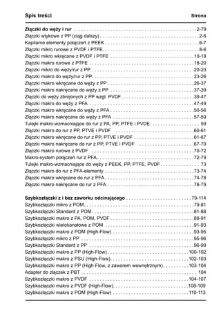Spis treści	 Strona
Złączki do węży i rur . . . . . . . . . . . . . . . . . . . . . . . . . . . . . . . . . . . . . . . . . . . . . . . 2-79
Złączki wtykowe z PP (ciąg dalszy)  . . . . . . . . . . . . . . . . . . . . . . . . . . . . . . . . . . . . . 2-6
Kapilarne elementy połączeń z PEEK . . . . . . . . . . . . . . . . . . . . . . . . . . . . . . . . . . . .6-7
Złączki mikro rurowe z PVDF i PTFE . . . . . . . . . . . . . . . . . . . . . . . . . . . . . . . . . . . . 8-6
Złączki mikro wkręcane z PVDF i PTFE . . . . . . . . . . . . . . . . . . . . . . . . . . . . . . . . 10-18
Złączki makro rurowe z PTFE . . . . . . . . . . . . . . . . . . . . . . . . . . . . . . . . . . . . . . . . 18-20
Złączki mikro do węży/rur z PP . . . . . . . . . . . . . . . . . . . . . . . . . . . . . . . . . . . . . . . 20-23
Złączki makro do węży/rur z PP . . . . . . . . . . . . . . . . . . . . . . . . . . . . . . . . . . . . . . 23-26
Złączki makro wkręcane do węży z PP . . . . . . . . . . . . . . . . . . . . . . . . . . . . . . . . . 26-37
Złączki makro nakręcane do węży z PP . . . . . . . . . . . . . . . . . . . . . . . . . . . . . . . . 37-39
Złączki do węży zbrojonych z PP wzgl. PVDF . . . . . . . . . . . . . . . . . . . . . . . . . . . 39-47
Złączki makro do węży z PFA . . . . . . . . . . . . . . . . . . . . . . . . . . . . . . . . . . . . . . . . 47-49
Złączki makro wkręcane do węży z PFA . . . . . . . . . . . . . . . . . . . . . . . . . . . . . . . . 50-56
Złączki makro nakręcane do węży z PFA . . . . . . . . . . . . . . . . . . . . . . . . . . . . . . . 57-59
Tulejki makro-wzmacniające do rur z PA, PP, PTFE i PVDE . . . . . . . . . . . . . . . . . . . 59
Złączki makro do rur z PP, PTVE i PVDF  . . . . . . . . . . . . . . . . . . . . . . . . . . . . . . 60-61
Złączki makro wkręcane do rur z PP, PTVE i PVDF  . . . . . . . . . . . . . . . . . . . . . . 61-67
Złączki makro nakręcane do rur z PP, PTVE i PVDF  . . . . . . . . . . . . . . . . . . . . 67-70
Złączki makro rurowe z PVDF  . . . . . . . . . . . . . . . . . . . . . . . . . . . . . . . . . . . . . . . 70-72
Makro-system połączeń rur z PFA  . . . . . . . . . . . . . . . . . . . . . . . . . . . . . . . . . . . . 72-79
Tulejki makro-wzmacniające do węży z PEEK, PP, PTFE, PVDF . . . . . . . . . . . . . . . 73
Złączki makro do rur z PFA-elementy . . . . . . . . . . . . . . . . . . . . . . . . . . . . . . . . . . 73-74
Złączki makro wkręcane do rur z PFA . . . . . . . . . . . . . . . . . . . . . . . . . . . . . . . . . .74-78
Złączki makro nakręcane do rur z PFA . . . . . . . . . . . . . . . . . . . . . . . . . . . . . . . . . 78-79
Szybkozłączki z i bez zaworku odcinającego . . . . . . . . . . . . . . . . . . . . . . . . .  79-114
Szybkozłączki mikro z POM . . . . . . . . . . . . . . . . . . . . . . . . . . . . . . . . . . . . . . . . . 79-81
Szybkozłączki Standard z POM . . . . . . . . . . . . . . . . . . . . . . . . . . . . . . . . . . . . . . 81-88
Szybkozłączki makro z PA, POM, PVDF  . . . . . . . . . . . . . . . . . . . . . . . . . . . . . . . 88-91
Szybkozłączki wielokanałowe z POM . . . . . . . . . . . . . . . . . . . . . . . . . . . . . . . . . . 91-93
Szybkozłączki makro z POM (High-Flow) . . . . . . . . . . . . . . . . . . . . . . . . . . . . . . . 93-95
Szybkozłączki mikro z PP . . . . . . . . . . . . . . . . . . . . . . . . . . . . . . . . . . . . . . . . . . . 95-96
Szybkozłączki Standard z PP . . . . . . . . . . . . . . . . . . . . . . . . . . . . . . . . . . . . . . . . 96-99
Szybkozłączki makro z PP (High-Flow)  . . . . . . . . . . . . . . . . . . . . . . . . . . . . . . 100-102
Szybkozłączki makro z PSU (High-Flow) . . . . . . . . . . . . . . . . . . . . . . . . . . . . . 102-103
Szybkozłączki makro z PP (High-Flow, z zaworem wewnętrznym) . . . . . . . . . 103-104
Adapter do złączek z PBT . . . . . . . . . . . . . . . . . . . . . . . . . . . . . . . . . . . . . . . . . . . . . 104
Szybkozłączki makro z PVDF . . . . . . . . . . . . . . . . . . . . . . . . . . . . . . . . . . . . . . 104-107
Szybkozłączki makro z PVDF (High-Flow) . . . . . . . . . . . . . . . . . . . . . . . . . . . . 108-109
Szybkozłączki makro z POM (High-Flow) . . . . . . . . . . . . . . . . . . . . . . . . . . . . . 110-113
 