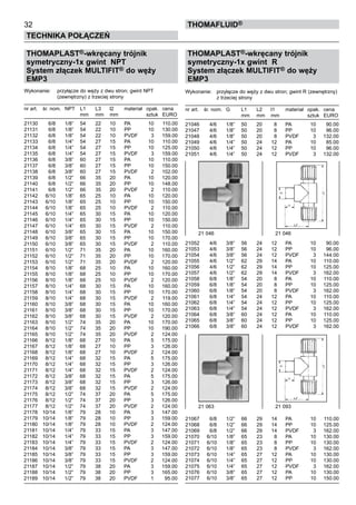 32
Technika połączeń
thomafluid®
THOMAPLAST®-wkręcany trójnik
symetryczny-1x gwint NPT
System złączek MULTIFIT® do węży
EMP3
Wykonanie:	 przyłącze do węży z dwu stron; gwint NPT
		 (zewnętrzny) z trzeciej strony
nr art.	 śr. nom.	 NPT	 L1	 L3	 l2	 materiał	 opak.	 cena
			 mm	 mm	 mm		 sztuk	 EURO
21130	 6/8	 1/8”	 54	 22	 10	 PA	 10	 110.00
21131	 6/8	 1/8”	 54	 22	 10	 PP	 10	 130.00
21132	 6/8	 1/8”	 54	 22	 10	 PVDF	 3	 159.00
21133	 6/8	 1/4”	 54	 27	 15	 PA	 10	 110.00
21134	 6/8	 1/4”	 54	 27	 15	 PP	 10	 125.00
21135	 6/8	 1/4”	 54	 27	 15	 PVDF	 3	 159.00
21136	 6/8	 3/8”	 60	 27	 15	 PA	 10	 110.00
21137	 6/8	 3/8”	 60	 27	 15	 PP	 10	 150.00
21138	 6/8	 3/8”	 60	 27	 15	 PVDF	 2	 102.00
21139	 6/8	 1/2”	 66	 35	 20	 PA	 10	 120.00
21140	 6/8	 1/2”	 66	 35	 20	 PP	 10	 148.00
21141	 6/8	 1/2”	 66	 35	 20	 PVDF	 2	 110.00
21142	 6/10	 1/8”	 65	 25	 10	 PA	 10	 120.00
21143	 6/10	 1/8”	 65	 25	 10	 PP	 10	 150.00
21144	 6/10	 1/8”	 65	 25	 10	 PVDF	 2	 110.00
21145	 6/10	 1/4”	 65	 30	 15	 PA	 10	 120.00
21146	 6/10	 1/4”	 65	 30	 15	 PP	 10	 150.00
21147	 6/10	 1/4”	 65	 30	 15	 PVDF	 2	 110.00
21148	 6/10	 3/8”	 65	 30	 15	 PA	 10	 150.00
21149	 6/10	 3/8”	 65	 30	 15	 PP	 10	 170.00
21150	 6/10	 3/8”	 65	 30	 15	 PVDF	 2	 110.00
21151	 6/10	 1/2”	 71	 35	 20	 PA	 10	 160.00
21152	 6/10	 1/2”	 71	 35	 20	 PP	 10	 170.00
21153	 6/10	 1/2”	 71	 35	 20	 PVDF	 2	 120.00
21154	 8/10	 1/8”	 68	 25	 10	 PA	 10	 160.00
21155	 8/10	 1/8”	 68	 25	 10	 PP	 10	 170.00
21156	 8/10	 1/8”	 68	 25	 10	 PVDF	 2	 120.00
21157	 8/10	 1/4”	 68	 30	 15	 PA	 10	 160.00
21158	 8/10	 1/4”	 68	 30	 15	 PP	 10	 170.00
21159	 8/10	 1/4”	 68	 30	 15	 PVDF	 2	 119.00
21160	 8/10	 3/8”	 68	 30	 15	 PA	 10	 160.00
21161	 8/10	 3/8”	 68	 30	 15	 PP	 10	 170.00
21162	 8/10	 3/8”	 68	 30	 15	 PVDF	 2	 120.00
21163	 8/10	 1/2”	 74	 35	 20	 PA	 10	 170.00
21164	 8/10	 1/2”	 74	 35	 20	 PP	 10	 190.00
21165	 8/10	 1/2”	 74	 35	 20	 PVDF	 2	 124.00
21166	 8/12	 1/8”	 68	 27	 10	 PA	 5	 175.00
21167	 8/12	 1/8”	 68	 27	 10	 PP	 3	 126.00
21168	 8/12	 1/8”	 68	 27	 10	 PVDF	 2	 124.00
21169	 8/12	 1/4”	 68	 32	 15	 PA	 5	 175.00
21170	 8/12	 1/4”	 68	 32	 15	 PP	 3	 126.00
21171	 8/12	 1/4”	 68	 32	 15	 PVDF	 2	 124.00
21172	 8/12	 3/8”	 68	 32	 15	 PA	 5	 175.00
21173	 8/12	 3/8”	 68	 32	 15	 PP	 3	 126.00
21174	 8/12	 3/8”	 68	 32	 15	 PVDF	 2	 124.00
21175	 8/12	 1/2”	 74	 37	 20	 PA	 5	 175.00
21176	 8/12	 1/2”	 74	 37	 20	 PP	 3	 126.00
21177	 8/12	 1/2”	 74	 37	 20	 PVDF	 2	 124.00
21178	 10/14	 1/8”	 79	 28	 10	 PA	 3	 147.00
21179	 10/14	 1/8”	 79	 28	 10	 PP	 3	 159.00
21180	 10/14	 1/8”	 79	 28	 10	 PVDF	 2	 124.00
21181	 10/14	 1/4”	 79	 33	 15	 PA	 3	 147.00
21182	 10/14	 1/4”	 79	 33	 15	 PP	 3	 159.00
21183	 10/14	 1/4”	 79	 33	 15	 PVDF	 2	 124.00
21184	 10/14	 3/8”	 79	 33	 15	 PA	 3	 147.00
21185	 10/14	 3/8”	 79	 33	 15	 PP	 3	 159.00
21186	 10/14	 3/8”	 79	 33	 15	 PVDF	 2	 124.00
21187	 10/14	 1/2”	 79	 38	 20	 PA	 3	 159.00
21188	 10/14	 1/2”	 79	 38	 20	 PP	 3	 165.00
21189	 10/14	 1/2”	 79	 38	 20	 PVDF	 1	 95.00
THOMAPLAST®-wkręcany trójnik
symetryczny-1x gwint R
System złączek MULTIFIT® do węży
EMP3
Wykonanie:	 przyłącze do węży z dwu stron; gwint R (zewnętrzny)
		 z trzeciej strony
nr art.	 śr. nom.	 G	 L1	 L2	 l1	 materiał	 opak.	 cena
			 mm	 mm	 mm		 sztuk	 EURO
21046	 4/6	 1/8”	 50	 20	 8	 PA	 10	 90.00
21047	 4/6	 1/8”	 50	 20	 8	 PP	 10	 96.00
21048	 4/6	 1/8”	 50	 20	 8	 PVDF	 3	 132.00
21049	 4/6	 1/4”	 50	 24	 12	 PA	 10	 85.00
21050	 4/6	 1/4”	 50	 24	 12	 PP	 10	 96.00
21051	 4/6	 1/4”	 50	 24	 12	 PVDF	 3	 132.00
21052	 4/6	 3/8”	 56	 24	 12	 PA	 10	 90.00
21053	 4/6	 3/8”	 56	 24	 12	 PP	 10	 96.00
21054	 4/6	 3/8”	 56	 24	 12	 PVDF	 3	 144.00
21055	 4/6	 1/2”	 62	 29	 14	 PA	 10	 110.00
21056	 4/6	 1/2”	 62	 29	 14	 PP	 10	 125.00
21057	 4/6	 1/2”	 62	 29	 14	 PVDF	 3	 162.00
21058	 6/8	 1/8”	 54	 20	 8	 PA	 10	 110.00
21059	 6/8	 1/8”	 54	 20	 8	 PP	 10	 125.00
21060	 6/8	 1/8”	 54	 20	 8	 PVDF	 3	 162.00
21061	 6/8	 1/4”	 54	 24	 12	 PA	 10	 110.00
21062	 6/8	 1/4”	 54	 24	 12	 PP	 10	 125.00
21063	 6/8	 1/4”	 54	 24	 12	 PVDF	 3	 162.00
21064	 6/8	 3/8”	 60	 24	 12	 PA	 10	 110.00
21065	 6/8	 3/8”	 60	 24	 12	 PP	 10	 125.00
21066	 6/8	 3/8”	 60	 24	 12	 PVDF	 3	 162.00
21067	 6/8	 1/2”	 66	 29	 14	 PA	 10	 110.00
21068	 6/8	 1/2”	 66	 29	 14	 PP	 10	 125.00
21069	 6/8	 1/2”	 66	 29	 14	 PVDF	 3	 162.00
21070	 6/10	 1/8”	 65	 23	 8	 PA	 10	 130.00
21071	 6/10	 1/8”	 65	 23	 8	 PP	 10	 130.00
21072	 6/10	 1/8”	 65	 23	 8	 PVDF	 3	 162.00
21073	 6/10	 1/4”	 65	 27	 12	 PA	 10	 130.00
21074	 6/10	 1/4”	 65	 27	 12	 PP	 10	 130.00
21075	 6/10	 1/4”	 65	 27	 12	 PVDF	 3	 162.00
21076	 6/10	 3/8”	 65	 27	 12	 PA	 10	 130.00
21077	 6/10	 3/8”	 65	 27	 12	 PP	 10	 150.00
21 046	 21 046
21 063	 21 093
 