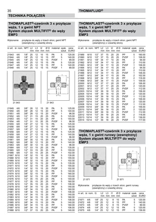 35
Technika połączeń
thomafluid®
THOMAPLAST®-czwórnik 3 x przyłącze
węża, 1 x gwint NPT
System złączek MULTIFIT® do węży
EMP3
Wykonanie:	 przyłącze do węży z trzech stron; gwint NPT
		 (zewnętrzny) z czwartej strony
nr art.	 śr. nom.	 NPT	 L2	 L3	 l2	 Ø D	 materiał	 opak.	 cena
			 mm	 mm	 mm	 mm		 sztuk	 EURO
21943	 4/6	 1/8”	 25	 12	 10	 15	 PA	 5	 120.00
21944	 4/6	 1/8”	 25	 12	 10	 15	 PP	 5	 140.00
21945	 4/6	 1/8”	 25	 12	 10	 15	 PVDF	 1	 89.00
21946	 4/6	 1/4”	 25	 12	 15	 15	 PA	 5	 120.00
21947	 4/6	 1/4”	 25	 12	 15	 15	 PP	 5	 140.00
21948	 4/6	 1/4”	 25	 12	 15	 15	 PVDF	 1	 89.00
21949	 4/6	 3/8”	 28	 12	 15	 20	 PA	 5	 125.00
21950	 4/6	 3/8”	 28	 12	 15	 20	 PP	 5	 140.00
21951	 4/6	 3/8”	 28	 12	 15	 20	 PVDF	 1	 96.00
21952	 4/6	 1/2”	 31	 15	 20	 25	 PA	 5	 125.00
21953	 4/6	 1/2”	 31	 15	 20	 25	 PP	 5	 140.00
21954	 4/6	 1/2”	 31	 15	 20	 25	 PVDF	 1	 96.00
21955	 6/8	 1/8”	 27	 12	 10	 15	 PA	 5	 125.00
21956	 6/8	 1/8”	 27	 12	 10	 15	 PP	 5	 140.00
21957	 6/8	 1/8”	 27	 12	 10	 15	 PVDF	 1	 96.00
21958	 6/8	 1/4”	 27	 12	 15	 15	 PA	 5	 125.00
21959	 6/8	 1/4”	 27	 12	 15	 15	 PP	 5	 140.00
21960	 6/8	 1/4”	 27	 12	 15	 15	 PVDF	 1	 96.00
21961	 6/8	 3/8”	 30	 12	 15	 20	 PA	 5	 125.00
21962	 6/8	 3/8”	 30	 12	 15	 20	 PP	 5	 140.00
21963	 6/8	 3/8”	 30	 12	 15	 20	 PVDF	 1	 96.00
21964	 6/8	 1/2”	 33	 15	 20	 25	 PA	 5	 135.00
21965	 6/8	 1/2”	 33	 15	 20	 25	 PP	 5	 155.00
21966	 6/8	 1/2”	 33	 15	 20	 25	 PVDF	 1	 102.00
21967	 6/10	 1/8”	 32	 15	 10	 20	 PA	 5	 135.00
21968	 6/10	 1/8”	 32	 15	 10	 20	 PP	 5	 155.00
21969	 6/10	 1/8”	 32	 15	 10	 20	 PVDF	 1	 102.00
21970	 6/10	 1/4”	 32	 15	 15	 20	 PA	 5	 135.00
21971	 6/10	 1/4”	 32	 15	 15	 20	 PP	 5	 155.00
21972	 6/10	 1/4”	 32	 15	 15	 20	 PVDF	 1	 102.00
21973	 6/10	 3/8”	 32	 15	 15	 20	 PA	 5	 140.00
21974	 6/10	 3/8”	 32	 15	 15	 20	 PP	 5	 160.00
21975	 6/10	 3/8”	 32	 15	 15	 20	 PVDF	 1	 103.00
21976	 6/10	 1/2”	 35	 15	 20	 25	 PA	 5	 140.00
21977	 6/10	 1/2”	 35	 15	 20	 25	 PP	 5	 160.00
21978	 6/10	 1/2”	 35	 15	 20	 25	 PVDF	 1	 106.00
21979	 8/10	 1/8”	 34	 15	 10	 20	 PA	 5	 140.00
21980	 8/10	 1/8”	 34	 15	 10	 20	 PP	 5	 160.00
21981	 8/10	 1/8”	 34	 15	 10	 20	 PVDF	 1	 106.00
21982	 8/10	 1/4”	 34	 15	 15	 20	 PA	 5	 140.00
21983	 8/10	 1/4”	 34	 15	 15	 20	 PP	 5	 160.00
21984	 8/10	 1/4”	 34	 15	 15	 20	 PVDF	 1	 106.00
21985	 8/10	 3/8”	 34	 15	 15	 20	 PA	 5	 140.00
21986	 8/10	 3/8”	 34	 15	 15	 20	 PP	 5	 160.00
21987	 8/10	 3/8”	 34	 15	 15	 20	 PVDF	 1	 106.00
21988	 8/10	 1/2”	 37	 15	 20	 25	 PA	 5	 140.00
THOMAPLAST®-czwórnik 3 x przyłącze
węża, 1 x gwint NPT
System złączek MULTIFIT® do węży
EMP3
Wykonanie:	 przyłącze do węży z trzech stron; gwint NPT
		 (zewnętrzny) z czwartej strony
nr art.	 śr. nom.	 NPT	 L2	 L3	 l2	 Ø D	 materiał	 opak.	 cena
			 mm	 mm	 mm	 mm		 sztuk	 EURO
21989	 8/10	 1/2”	 37	 15	 20	 25	 PP	 5	 160.00
21990	 8/10	 1/2”	 37	 15	 20	 25	 PVDF	 1	 106.00
21991	 8/12	 1/8”	 34	 17	 10	 20	 PA	 2	 94.00
21992	 8/12	 1/8”	 34	 17	 10	 20	 PP	 2	 110.00
21993	 8/12	 1/8”	 34	 17	 10	 20	 PVDF	 1	 106.00
21994	 8/12	 1/4”	 34	 17	 15	 20	 PA	 2	 94.00
21995	 8/12	 1/4”	 34	 17	 15	 20	 PP	 2	 110.00
21996	 8/12	 1/4”	 34	 17	 15	 20	 PVDF	 1	 106.00
21997	 8/12	 3/8”	 34	 17	 15	 20	 PA	 2	 102.00
21998	 8/12	 3/8”	 34	 17	 15	 20	 PP	 2	 116.00
21999	 8/12	 3/8”	 34	 17	 15	 20	 PVDF	 1	 109.00
22000	 8/12	 1/2”	 37	 17	 20	 25	 PA	 2	 106.00
22001	 8/12	 1/2”	 37	 17	 20	 25	 PP	 2	 120.00
22002	 8/12	 1/2”	 37	 17	 20	 25	 PVDF	 1	 112.00
22003	 10/14	 1/8”	 39	 18	 10	 25	 PA	 2	 106.00
22004	 10/14	 1/8”	 39	 18	 10	 25	 PP	 2	 120.00
22005	 10/14	 1/8”	 39	 18	 10	 25	 PVDF	 1	 112.00
22006	 10/14	 1/4”	 39	 18	 15	 25	 PA	 2	 106.00
22007	 10/14	 1/4”	 39	 18	 15	 25	 PP	 2	 120.00
22008	 10/14	 1/4”	 39	 18	 15	 25	 PVDF	 1	 112.00
22009	 10/14	 3/8”	 39	 18	 15	 25	 PA	 2	 106.00
22010	 10/14	 3/8”	 39	 18	 15	 25	 PP	 2	 120.00
22011	 10/14	 3/8”	 39	 18	 15	 25	 PVDF	 1	 112.00
22012	 10/14	 1/2”	 39	 18	 20	 25	 PA	 2	 118.00
22013	 10/14	 1/2”	 39	 18	 20	 25	 PP	 2	 136.00
22014	 10/14	 1/2”	 39	 18	 20	 25	 PVDF	 1	 117.00
THOMAPLAST®-czwórnik 3 x przyłącze
węża, 1 x gwint rurowy (zewnętrzny)
System złączek MULTIFIT® do węży
EMP3
Wykonanie:	 przyłącze do węży z trzech stron; gwint rurowy
		 (zewnętrzny) z czwartej strony
nr art.	 śr. nom.	 G	 L2	 L3	 l1	 Ø D	 materiał	 opak.	 cena
			 mm	 mm	 mm	 mm		 sztuk	 EURO
21871	 4/6	 1/8”	 25	 12	 8	 15	 PA	 5	 120.00
21872	 4/6	 1/8”	 25	 12	 8	 15	 PP	 5	 140.00
21873	 4/6	 1/8”	 25	 12	 8	 15	 PVDF	 1	 89.00
21874	 4/6	 1/4”	 25	 12	 12	 15	 PA	 5	 120.00
21875	 4/6	 1/4”	 25	 12	 12	 15	 PP	 5	 136.00
21 943	 21 943
21 871	 21 871
 