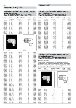 43
Technika połączeń
thomafluid®
THOMAFLUID®-króciec kątowy z PP do
węży zbrojonych
Typ: THOMAPLAST®-EM-1120-PP/E
nr art.	 gwint	 Ø-wewn./ścianka	 opak.	 cena
	 wkręcany	 mmxmm	 sztuk	 EURO
42002	 G 1/8”	 6 x 3	 3	 90.00
42003	 G 1/8”	 8 x 3	 3	 96.00
42004	 G 1/8”	 9 x 3	 3	 96.00
42005	 G 1/8”	 10 x 3	 3	 111.00
42012	 G 1/4”	 4 x 3	 3	 51.00
42013	 G 1/4”	 5 x 3	 3	 51.00
42014	 G 1/4”	 6 x 3	 3	 93.00
42015	 G 1/4”	 8 x 3	 3	 102.00
42016	 G 1/4”	 9 x 3	 3	 102.00
42017	 G 1/4”	 10 x 3	 3	 126.00
42018	 G 1/4”	 12 x 3	 2	 114.00
42020	 G 1/4”	 13 x 3	 2	 114.00
42024	 G 3/8”	 4 x 3	 3	 60.00
42025	 G 3/8”	 5 x 3	 3	 60.00
42026	 G 3/8”	 6 x 3	 3	 93.00
42027	 G 3/8”	 8 x 3	 3	 108.00
42028	 G 3/8”	 9 x 3	 3	 108.00
42029	 G 3/8”	 10 x 3	 3	 126.00
42030	 G 3/8”	 12 x 3	 2	 120.00
42032	 G 3/8”	 13 x 3	 2	 120.00
42036	 G 1/2”	 4 x 3	 3	 54.00
42037	 G 1/2”	 5 x 3	 3	 54.00
42038	 G 1/2”	 6 x 3	 3	 111.00
42039	 G 1/2”	 8 x 3	 3	 117.00
42040	 G 1/2”	 9 x 3	 3	 117.00
42041	 G 1/2”	 10 x 3	 3	 144.00
42042	 G 1/2”	 12 x 3	 2	 130.00
42044	 G 1/2”	 13 x 3	 2	 130.00
42048	 G 3/4”	 4 x 3	 2	 64.00
42049	 G 3/4”	 5 x 3	 2	 64.00
42050	 G 3/4”	 6 x 3	 2	 80.00
42051	 G 3/4”	 8 x 3	 2	 86.00
42052	 G 3/4”	 9 x 3	 2	 86.00
42053	 G 3/4”	 10 x 3	 2	 104.00
42054	 G 3/4”	 12 x 3	 2	 138.00
42056	 G 3/4”	 13 x 3	 2	 138.00
42060	 NPT 1/8”	 4 x 3	 3	 45.00
42061	 NPT 1/8”	 5 x 3	 3	 45.00
42062	 NPT 1/8”	 6 x 3	 3	 90.00
42063	 NPT 1/8”	 8 x 3	 3	 96.00
42064	 NPT 1/8”	 9 x 3	 3	 96.00
42065	 NPT 1/8”	 10 x 3	 3	 111.00
42072	 NPT 1/4”	 4 x 3	 3	 51.00
42073	 NPT 1/4”	 5 x 3	 3	 51.00
42074	 NPT 1/4”	 6 x 3	 3	 93.00
42075	 NPT 1/4”	 8 x 3	 3	 102.00
42076	 NPT 1/4”	 9 x 3	 3	 102.00
42077	 NPT 1/4”	 10 x 3	 3	 126.00
42078	 NPT 1/4”	 12 x 3	 3	 114.00
42080	 NPT 1/4”	 13 x 3	 2	 114.00
42084	 NPT 3/8”	 4 x 3	 3	 60.00
THOMAFLUID®-króciec kątowy z PP do
węży zbrojonych
Typ: THOMAPLAST®-EM-1120-PP/E
nr art.	 gwint	 Ø-wewn./ścianka	 opak.	 cena
	 wkręcany	 mmxmm	 sztuk	 EURO
42085	 NPT 3/8”	 5 x 3	 3	 60.00
42086	 NPT 3/8”	 6 x 3	 3	 93.00
42087	 NPT 3/8”	 8 x 3	 3	 108.00
42088	 NPT 3/8”	 9 x 3	 3	 108.00
42089	 NPT 3/8”	 10 x 3	 3	 126.00
42090	 NPT 3/8”	 12 x 3	 2	 120.00
42092	 NPT 3/8”	 13 x 3	 2	 120.00
42096	 NPT 1/2”	 4 x 3	 3	 54.00
42097	 NPT 1/2”	 5 x 3	 3	 54.00
42098	 NPT 1/2”	 6 x 3	 3	 111.00
42099	 NPT 1/2”	 8 x 3	 3	 117.00
42100	 NPT 1/2”	 9 x 3	 3	 117.00
42101	 NPT 1/2”	 10 x 3	 3	 144.00
42102	 NPT 1/2”	 12 x 3	 2	 130.00
42104	 NPT 1/2”	 13 x 3	 2	 130.00
42108	 NPT 3/4”	 4 x 3	 2	 64.00
42109	 NPT 3/4”	 5 x 3	 2	 64.00
42110	 NPT 3/4”	 6 x 3	 2	 80.00
42111	 NPT 3/4”	 8 x 3	 2	 86.00
42112	 NPT 3/4”	 9 x 3	 2	 86.00
42113	 NPT 3/4”	 10 x 3	 2	 104.00
42114	 NPT 3/4”	 12 x 3	 2	 138.00
42116	 NPT 3/4”	 13 x 3	 2	 138.00
THOMAFLUID®-króciec kątowy z PVDF
do węży zbrojonych
Typ: THOMAPLAST®-EM-1120-PF/E
Własności produktu:
Króciec kątowy do grubościankowych węży zbrojonych tkaniną
szczególnie z PVC, do wyboru z gwintem G lub NPT z odpornego
chemicznie, obciążalnego cieplnie i ciśnieniowo stabilnego, biologi-
cznie kompatybilnego polifluorku winylidenu (PVDF).
nr art.	 gwint	 Ø-wewn./ścianka	 opak.	 cena
	 wkręcany	 mmxmm	 sztuk	 EURO
42180	 G 1/8”	 4 x 3	 3	 69.00
42181	 G 1/8”	 5 x 3	 3	 69.00
42182	 G 1/8”	 6 x 3	 3	 96.00
42183	 G 1/8”	 8 x 3	 2	 80.00
42184	 G 1/8”	 9 x 3	 2	 80.00
42185	 G 1/8”	 10 x 3	 2	 90.00
42192	 G 1/4”	 4 x 3	 3	 69.00
42193	 G 1/4”	 5 x 3	 3	 69.00
42194	 G 1/4”	 6 x 3	 3	 96.00
42195	 G 1/4”	 8 x 3	 2	 80.00
42196	 G 1/4”	 9 x 3	 2	 80.00
42 032	 42 032
42 180	 42 180
 