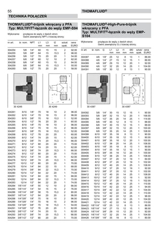 55
Technika połączeń
thomafluid®
THOMAFLUID®-trójnik wkręcany z PFA
Typ: MULTIFIT®-łącznik do węży EMP-S94
Wykonanie:	 przyłącza do węży z dwóch stron;
			 Gwint zewnętrzny NPT z trzeciej strony;
nr art.	 śr. nom.	 NPT	 L1	 L3	 l2	 sztuk/	 cena
			 mm	 mm	 mm	 opak.	 EURO
304254	 5/8	 1/4”	 60	 15	 15	 2	 92.00
304255	 5/8	 3/8”	 64	 15	 15,3	 2	 96.00
304256	 5/8	 1/2”	 70	 20	 20	 1	 54.00
304257	 6/8	 1/8”	 60	 12	 10	 2	 82.00
304258	 6/8	 1/4”	 60	 15	 15	 2	 84.00
304259	 6/8	 3/8”	 64	 15	 15,3	 1	 50.00
304260	 6/8	 1/2”	 70	 20	 20	 1	 58.00
304261	 6/10	 1/8”	 70	 18	 10	 2	 96.00
304262	 6/10	 1/4”	 70	 18	 15	 2	 96.00
304263	 6/10	 3/8”	 70	 18	 15,3	 1	 52.00
304264	 6/10	 1/2”	 76	 20	 20	 1	 60.00
304265	 8/10	 1/8”	 70	 18	 10	 2	 96.00
304266	 8/10	 1/4”	 70	 18	 15	 2	 96.00
304267	 8/10	 3/8”	 70	 18	 15,3	 1	 52.00
304268	 8/10	 1/2”	 76	 20	 20	 1	 60.00
304269	 8/12	 1/4”	 74	 20	 15	 1	 62.00
304270	 8/12	 3/8”	 74	 20	 15,3	 1	 66.00
304271	 8/12	 1/2”	 80	 20	 20	 1	 70.00
304272	 9/12	 1/4”	 74	 20	 15	 1	 62.00
304273	 9/12	 3/8”	 74	 20	 15,3	 1	 66.00
304274	 9/12	 1/2”	 80	 20	 20	 1	 70.00
304275	 10/12	 1/4”	 74	 20	 15	 1	 62.00
304276	 10/12	 3/8”	 74	 20	 15,3	 1	 66.00
304277	 10/12	 1/2”	 80	 20	 20	 1	 70.00
304278	 10/14	 1/4”	 84	 22	 15	 1	 68.00
304279	 10/14	 3/8”	 84	 22	 15,3	 1	 70.00
304280	 10/14	 1/2”	 84	 22	 20	 1	 74.00
304281	 12/14	 1/4”	 84	 22	 15	 1	 68.00
304282	 12/14	 3/8”	 84	 22	 15,3	 1	 70.00
304283	 12/14	 1/2”	 84	 22	 20	 1	 74.00
304284	 1/6”/1/4”	 1/8”	 50	 12	 10	 2	 66.00
304285	 1/6”/1/4”	 1/4”	 54	 15	 15	 2	 76.00
304286	 1/6”/1/4”	 3/8”	 58	 15	 15,3	 2	 80.00
304287	 1/6”/1/4”	 1/2”	 64	 20	 20	 2	 96.00
304288	 1/4”/3/8”	 1/8”	 70	 18	 10	 2	 96.00
304289	 1/4”/3/8”	 1/4”	 70	 18	 15	 2	 96.00
304290	 1/4”/3/8”	 3/8”	 70	 18	 15,3	 1	 54.00
304291	 1/4”/3/8”	 1/2”	 76	 20	 20	 1	 62.00
304292	 3/8”/1/2”	 1/4”	 74	 20	 15	 1	 62.00
304293	 3/8”/1/2”	 3/8”	 74	 20	 15,3	 1	 66.00
304294	 3/8”/1/2”	 1/2”	 80	 20	 20	 1	 70.00
THOMAFLUID®-High-Pure-trójnik
wkręcany z PFA
Typ: MULTIFIT®-łącznik do węży EMP-
S104
Wykonanie:	 przyłącza do węży z dwóch stron;
			 Gwint zewnętrzny G z trzeciej strony;
nr art.	 śr. nom.	 G	 L1	 L2	 l1	 ØD	 sztuk/	 cena
			 mm	 mm	 mm	 mm	 opak.	 EURO
304387	 4/6	 1/8”	 25	 12	 8	 13	 1	 86.00
304388	 4/6	 1/4”	 27	 15	 12	 15	 1	 86.00
304389	 4/6	 3/8”	 29	 15	 12	 20	 1	 92.00
304390	 4/6	 1/2”	 32	 20	 14	 25	 1	 104.00
304391	 5/8	 1/8”	 30	 12	 8	 13	 1	 90.00
304392	 5/8	 1/4”	 30	 15	 12	 15	 1	 90.00
304393	 5/8	 3/8”	 32	 15	 12	 20	 1	 106.00
304394	 5/8	 1/2”	 35	 20	 14	 25	 1	 114.00
304395	 6/8	 1/8”	 30	 12	 8	 13	 1	 88.00
304396	 6/8	 1/4”	 30	 15	 12	 15	 1	 88.00
304397	 6/8	 3/8”	 32	 15	 12	 20	 1	 100.00
304398	 6/8	 1/2”	 35	 20	 14	 25	 1	 108.00
304399	 6/10	 1/8”	 35	 18	 8	 13	 1	 90.00
304400	 6/10	 1/4”	 35	 18	 12	 15	 1	 90.00
304401	 6/10	 3/8”	 35	 18	 12	 20	 1	 100.00
304402	 6/10	 1/2”	 38	 20	 14	 25	 1	 108.00
304403	 8/10	 1/8”	 35	 18	 8	 13	 1	 90.00
304404	 8/10	 1/4”	 35	 18	 12	 15	 1	 90.00
304405	 8/10	 3/8”	 35	 18	 12	 20	 1	 100.00
304406	 8/10	 1/2”	 38	 20	 14	 25	 1	 108.00
304407	 8/12	 1/4”	 37	 20	 12	 19	 1	 84.00
304408	 8/12	 3/8”	 37	 20	 12	 19	 1	 102.00
304409	 8/12	 1/2”	 40	 20	 14	 25	 1	 108.00
304410	 9/12	 1/4”	 37	 20	 12	 19	 1	 92.00
304411	 9/12	 3/8”	 37	 20	 12	 19	 1	 102.00
304412	 9/12	 1/2”	 40	 20	 14	 25	 1	 108.00
304413	 10/12	 1/4”	 37	 20	 12	 19	 1	 92.00
304414	 10/12	 3/8”	 37	 20	 12	 19	 1	 102.00
304415	 10/12	 1/2”	 40	 20	 14	 25	 1	 110.00
304416	 10/14	 1/4”	 42	 22	 12	 25	 1	 94.00
304417	 10/14	 3/8”	 42	 22	 12	 25	 1	 104.00
304418	 10/14	 1/2”	 42	 22	 14	 25	 1	 110.00
304419	 12/14	 1/4”	 42	 22	 12	 25	 1	 96.00
304420	 12/14	 3/8”	 42	 22	 12	 25	 1	 104.00
304421	 12/14	 1/2”	 42	 22	 14	 25	 1	 110.00
304422	 1/6”/1/4”	 1/8”	 25	 12	 8	 13	 1	 86.00
304423	 1/6”/1/4”	 1/4”	 27	 15	 12	 15	 1	 86.00
304424	 1/6”/1/4”	 3/8”	 29	 15	 12	 20	 1	 92.00
304425	 1/6”/1/4”	 1/2”	 32	 20	 14	 25	 1	 104.00
304426	 1/4”/3/8”	 1/8”	 35	 18	 8	 13	 1	 80.00
30 4249 	 30 4249 30 4387	 30 4387
 