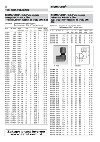 57
Technika połączeń
thomafluid®
THOMAFLUID®-High-Pure-złączka
nakręcana prosta z PFA
Typ: MULTIFIT®-łącznik do węży EMP-S28
Wykonanie: 	 przyłącza do węży z jednej strony;
			 Gwint wewnętrzny G lub NPT z drugiej strony
nr art.	 śr. nom.	 gwint	 SW	 L1	 l1	 sztuk/	 cena
		 nakręcany	 mm	 mm	 mm	 opak. 	 EURO
303675	 6/8	 G 1/4”	 17	 40	 15	 2	 76.00
303676	 6/10	 G 1/8”	 19	 38	 10	 2	 76.00
303677	 6/10	 G 1/4”	 19	 43	 15	 2	 80.00
303678	 8/10	 G 1/8”	 19	 38	 10	 2	 76.00
303679	 8/10	 G 1/4”	 19	 43	 15	 2	 80.00
303680	 8/12	 G 1/4”	 22	 45	 15	 2	 92.00
303681	 8/12	 G 1/2”	 27	 46	 16	 1	 62.00
303682	 9/12	 G 1/4”	 22	 45	 15	 2	 92.00
303683	 9/12	 G 1/2”	 27	 46	 16	 1	 62.00
303684	 10/12	 G 1/4”	 22	 45	 15	 1	 92.00
303685	 10/12	 G 1/2”	 27	 46	 16	 1	 62.00
303686	 10/14	 G 1/4”	 24	 47	 15	 1	 52.00
303687	 10/14	 G 1/2”	 27	 48	 16	 1	 68.00
303688	 12/14	 G 1/4”	 24	 47	 15	 1	 52.00
303689	 12/14	 G 1/2”	 27	 48	 16	 1	 68.00
303690	 1/6”/1/4”	 G 1/8”	 14	 31	 10	 2	 58.00
303691	 1/6”/1/4”	 G 1/4”	 17	 36	 15	 2	 62.00
303692	 1/4”/3/8”	 G 1/8”	 19	 38	 10	 2	 76.00
303693	 1/4”/3/8”	 G 1/4”	 19	 43	 15	 2	 80.00
303694	 3/8”/1/2”	 G 1/4”	 22	 45	 15	 1	 92.00
303695	 3/8”/1/2”	 G 1/2”	 27	 46	 16	 1	 62.00
303696	 4/6	 NPT 1/8”	 12	 32	 11,6	 2	 58.00
303697	 4/6	 NPT 1/4”	 17	 38	 16,4	 2	 62.00
303698	 5/8	 NPT 1/8”	 17	 35	 11,6	 2	 79.00
303699	 5/8	 NPT 1/4”	 17	 41	 16,4	 2	 80.00
303700	 6/8	 NPT 1/8”	 17	 35	 11,6	 2	 76.00
303701	 6/8	 NPT 1/4”	 17	 41	 16,4	 2	 76.00
303702	 6/10	 NPT 1/8”	 19	 38	 11,6	 2	 76.00
303703	 6/10	 NPT 1/4”	 19	 43	 16,4	 2	 80.00
303704	 8/10	 NPT 1/8”	 19	 38	 11,6	 2	 76.00
303705	 8/10	 NPT 1/4”	 19	 43	 16,4	 2	 80.00
303706	 8/12	 NPT 1/4”	 22	 45	 16,4	 2	 92.00
303707	 8/12	 NPT 1/2”	 22	 53	 22,6	 1	 62.00
303708	 9/12	 NPT 1/4”	 22	 45	 16,4	 2	 92.00
303709	 9/12	 NPT 1/2”	 22	 53	 22,6	 1	 62.00
303710	 10/12	 NPT 1/4”	 22	 45	 16,4	 2	 92.00
303711	 10/12	 NPT 1/2”	 22	 53	 22,6	 1	 62.00
303712	 10/14	 NPT 1/4”	 24	 47	 16,4	 1	 52.00
303713	 10/14	 NPT 1/2”	 24	 55	 22,6	 1	 68.00
303714	 12/14	 NPT 1/4”	 24	 47	 16,4	 1	 52.00
303715	 12/14	 NPT 1/2”	 24	 55	 22,6	 1	 68.00
303716	 1/6”/1/4”	 NPT 1/8”	 12	 32	 11,6	 2	 58.00
303717	 1/6”/1/4”	 NPT 1/4”	 17	 38	 16,4	 2	 62.00
303718	 1/4”/3/8”	 NPT 1/8”	 19	 38	 11,6	 2	 76.00
303719	 1/4”/3/8”	 NPT 1/4”	 19	 43	 16,4	 2	 80.00
303720	 3/8”/1/2”	 NPT 1/4”	 22	 45	 16,4	 2	 92.00
303721	 3/8”/1/2”	 NPT 1/2”	 22	 53	 22,6	 1	 62.00
THOMAFLUID®-High-Pure-złączka
nakręcana kątowa z PFA
Typ: MULTIFIT®-łączniki do węży EMP-
S66
Wykonanie:	 przyłącza do węży z jednej strony;
			 Gwint wewnętrzny G z drugiej strony
nr art.	 śr. nom.	 G	 L5	 L6	 l3	 ØD3	 sztuk/	 cena
			 mm	 mm	 mm	 mm	 opak.	 EURO
303999	 4/6	 1/8”	 26	 17	 10	 15	 2	 62.00
304040	 4/6	 1/4”	 29	 20	 15	 20	 2	 64.00
304041	 4/6	 3/8”	 32	 20	 15	 25	 2	 76.00
304042	 4/6	 1/2”	 34	 23	 16	 30	 2	 94.00
304043	 5/8	 1/8”	 29	 17	 10	 15	 2	 84.00
304044	 5/8	 1/4”	 32	 20	 15	 20	 2	 84.00
304045	 5/8	 3/8”	 35	 20	 15	 25	 2	 92.00
304046	 5/8	 1/2”	 37	 23	 16	 30	 1	 52.00
304047	 6/8	 1/8”	 29	 17	 10	 15	 2	 78.00
304048	 6/8	 1/4”	 32	 20	 15	 20	 2	 80.00
304049	 6/8	 3/8”	 35	 20	 15	 25	 2	 88.00
304050	 6/8	 1/2	 37	 23	 16	 30	 1	 56.00
304051	 6/10	 1/8”	 35	 17	 10	 20	 2	 88.00
304052	 6/10	 1/4”	 35	 20	 15	 20	 2	 90.00
304053	 6/10	 3/8”	 38	 20	 15	 25	 2	 98.00
304054	 6/10	 1/2”	 40	 23	 16	 30	 1	 54.00
304055	 8/10	 1/8”	 35	 17	 10	 20	 2	 88.00
304056	 8/10	 1/4”	 35	 20	 15	 20	 2	 90.00
304057	 8/10	 3/8”	 38	 20	 15	 25	 2	 98.00
304058	 8/10	 1/2”	 40	 23	 16	 30	 1	 54.00
304059	 8/12	 1/4”	 37	 20	 15	 20	 1	 58.00
304060	 8/12	 3/8”	 40	 20	 15	 25	 1	 60.00
304061	 8/12	 1/2”	 42	 23	 16	 30	 1	 62.00
304062	 9/12	 1/4”	 37	 20	 15	 20	 1	 58.00
304063	 9/12	 3/8”	 40	 20	 15	 25	 1	 60.00
304064	 9/12	 1/2”	 42	 23	 16	 30	 1	 62.00
304065	 10/12	 1/4”	 37	 20	 15	 20	 1	 58.00
304066	 10/12	 3/8”	 40	 20	 15	 25	 1	 60.00
304067	 10/12	 1/2”	 42	 23	 16	 30	 1	 62.00
304068	 10/14	 1/4”	 42	 23	 15	 25	 1	 60.00
304069	 10/14	 3/8”	 42	 25	 15	 25	 1	 66.00
304070	 10/14	 1/2”	 44	 25	 16	 30	 1	 66.00
304071	 12/14	 1/4”	 42	 23	 15	 25	 1	 60.00
304072	 12/14	 3/8”	 42	 25	 15	 25	 1	 66.00
304073	 12/14	 1/2”	 44	 25	 16	 30	 1	 66.00
304074	 1/6”/1/4”	 1/8”	 26	 17	 10	 15	 2	 62.00
304075	 1/6”/1/4”	 1/4”	 29	 20	 15	 20	 2	 64.00
304076	 1/6”/1/4”	 3/8”	 32	 20	 15	 25	 2	 76.00
304077	 1/6”/1/4”	 1/2”	 34	 23	 16	 30	 2	 96.00
304078	 1/4”/3/8”	 1/8”	 35	 17	 10	 20	 2	 88.00
Zakupy przez internet
www.astat.com.pl
30 3999	 30 3999
 