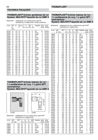 64
Technika połączeń
thomafluid®
THOMAPLAST®-króciec grodziowy do rur
System: MULTIFIT®-łączniki do rur EMP 4
Wykonanie:	 podłączenie rury z jednej strony; gwint R
		 (zewnętrzny) z drugiej strony: króciec grodziowy
nr art.	 AØ	 G	 klucz	 L3	 l1	 ØD	 a	 materiał	 opak.	 cena
	 śr.		 3	 mm	 mm	 mm	 mm		 sztuk	 EURO
	 nom.
22379	 10	 1/2”	 27	 51	 14	 16	 3	 PP	 10	 190.00
22380	 10	 1/2”	 27	 51	 14	 16	 3	 PTFE	 2	 150.00
22381	 10	 1/2”	 27	 51	 14	 16	 3	 PVDF	 2	 134.00
22383	 12	 1/8”	 22	 51	 8	 18	 4	 PP	 5	 110.00
22384	 12	 1/8”	 22	 51	 8	 18	 4	 PTFE	 2	 150.00
22385	 12	 1/8”	 22	 51	 8	 18	 4	 PVDF	 2	 134.00
22387	 12	 1/4”	 22	 52	 12	 18	 4	 PP	 5	 115.00
22388	 12	 1/4”	 22	 52	 12	 18	 4	 PTFE	 2	 150.00
22389	 12	 1/4”	 22	 52	 12	 18	 4	 PVDF	 2	 134.00
22391	 12	 3/8”	 22	 52	 12	 18	 4	 PP	 5	 120.00
22392	 12	 3/8”	 22	 52	 12	 18	 4	 PTFE	 2	 150.00
22393	 12	 3/8”	 22	 52	 12	 18	 4	 PVDF	 2	 134.00
22395	 12	 1/2”	 27	 55	 14	 18	 4	 PP	 5	 132.00
22396	 12	 1/2”	 27	 55	 14	 18	 4	 PTFE	 1	 84.00
22397	 12	 1/2”	 27	 55	 14	 18	 4	 PVDF	 2	 150.00
22399	 14	 1/8”	 24	 56	 8	 22	 6	 PP	 5	 155.00
22400	 14	 1/8”	 24	 56	 8	 22	 6	 PTFE	 1	 84.00
22401	 14	 1/8”	 24	 56	 8	 22	 6	 PVDF	 2	 150.00
22403	 14	 1/4”	 24	 57	 12	 22	 6	 PP	 5	 160.00
22404	 14	 1/4”	 24	 57	 12	 22	 6	 PTFE	 1	 84.00
22405	 14	 1/4”	 24	 57	 12	 22	 6	 PVDF	 2	 150.00
22407	 14	 3/8”	 24	 57	 12	 22	 6	 PP	 5	 170.00
22408	 14	 3/8”	 24	 57	 12	 22	 6	 PTFE	 1	 94.00
22409	 14	 3/8”	 24	 57	 12	 22	 6	 PVDF	 1	 84.00
22411	 14	 1/2”	 27	 59	 14	 22	 6	 PP	 5	 185.00
22412	 14	 1/2”	 27	 59	 14	 22	 6	 PTFE	 1	 104.00
22413	 14	 1/2”	 27	 59	 14	 22	 6	 PVDF	 1	 93.00
THOMAPLAST®-króciec kątowy do rur-
1 x podłączenie do rury, 1 x gwint NPT
(zewnętrzny)
System: MULTIFIT®-łączniki do rur EMP 4
Wykonanie:	 podłączenie do rury z jednej strony; gwint NPT
		 (zewnętrzny) z drugiej strony
nr art.	 AØ	 NPT	 L1	 L2	 l2	 ØD2	 materiał	 opak.	 cena
	 śr. nom.		 mm	 mm	 mm	 mm		 sztuk	 EURO
10663	 4	 1/8”	 36	 15	 10	 15	 PP	 10	 109.00
10664	 4	 1/8”	 36	 15	 10	 15	 PTFE	 2	 132.00
10665	 4	 1/8”	 36	 15	 10	 15	 PVDF	 2	 119.00
10666	 4	 1/4”	 36	 15	 15	 15	 PP	 10	 117.00
10667	 4	 1/4”	 36	 15	 15	 15	 PTFE	 2	 140.00
10668	 4	 1/4”	 36	 15	 15	 15	 PVDF	 2	 126.00
THOMAPLAST®-króciec kątowy do rur-
1 x podłączenie do rury, 1 x gwint NPT
(zewnętrzny)
System: MULTIFIT®-łączniki do rur EMP 4
Wykonanie:	 podłączenie do rury z jednej strony; gwint NPT
		 (zewnętrzny) z drugiej strony
nr art.	 AØ	 NPT	 L1	 L2	 l2	 ØD2	 materiał	 opak.	 cena
	 śr. nom.		 mm	 mm	 mm	 mm		 sztuk	 EURO
10669	 4	 3/8”	 39	 15	 15	 20	 PP	 10	 170.00
10670	 4	 3/8”	 39	 15	 15	 20	 PTFE	 2	 144.00
10671	 4	 3/8”	 39	 15	 15	 20	 PVDF	 2	 132.00
10672	 4	 1/2”	 42	 15	 20	 25	 PP	 5	 120.00
10673	 4	 1/2”	 42	 15	 20	 25	 PTFE	 2	 166.00
10674	 4	 1/2”	 42	 15	 20	 25	 PVDF	 2	 150.00
22703	 6	 1/8”	 36	 15	 10	 15	 PP	 10	 109.00
22704	 6	 1/8”	 36	 15	 10	 15	 PTFE	 2	 132.00
22705	 6	 1/8”	 36	 15	 10	 15	 PVDF	 2	 119.00
22707	 6	 1/4”	 36	 15	 15	 15	 PP	 10	 117.00
22708	 6	 1/4”	 36	 15	 15	 15	 PTFE	 2	 140.00
22709	 6	 1/4”	 36	 15	 15	 15	 PVDF	 2	 126.00
22711	 6	 3/8”	 39	 15	 15	 20	 PP	 10	 169.00
22712	 6	 3/8”	 39	 15	 15	 20	 PTFE	 2	 144.00
22713	 6	 3/8”	 39	 15	 15	 20	 PVDF	 2	 132.00
22715	 6	 1/2”	 42	 15	 20	 25	 PP	 5	 120.00
22716	 6	 1/2”	 42	 15	 20	 25	 PTFE	 2	 166.00
22717	 6	 1/2”	 42	 15	 20	 25	 PVDF	 2	 150.00
22719	 8	 1/8”	 36	 16	 10	 15	 PP	 10	 170.00
22720	 8	 1/8”	 36	 16	 10	 15	 PTFE	 2	 166.00
22721	 8	 1/8”	 36	 16	 10	 15	 PVDF	 2	 150.00
22723	 8	 1/4”	 36	 16	 15	 15	 PP	 10	 180.00
22724	 8	 1/4”	 36	 16	 15	 15	 PTFE	 2	 165.00
22725	 8	 1/4”	 36	 16	 15	 15	 PVDF	 2	 150.00
22727	 8	 3/8”	 39	 16	 15	 20	 PP	 5	 111.00
22728	 8	 3/8”	 39	 16	 15	 20	 PTFE	 2	 162.00
22729	 8	 3/8”	 39	 16	 15	 20	 PVDF	 2	 150.00
22731	 8	 1/2”	 42	 16	 20	 25	 PP	 5	 130.00
22732	 8	 1/2”	 42	 16	 20	 25	 PTFE	 2	 170.00
22733	 8	 1/2”	 42	 16	 20	 25	 PVDF	 2	 154.00
22735	 10	 1/8”	 41	 18	 10	 20	 PP	 5	 130.00
22736	 10	 1/8”	 41	 18	 10	 20	 PTFE	 2	 170.00
22737	 10	 1/8”	 41	 18	 10	 20	 PVDF	 2	 154.00
23473	 10	 1/4”	 41	 18	 15	 20	 PP	 5	 129.00
23474	 10	 1/4”	 41	 18	 15	 20	 PTFE	 2	 169.00
23475	 10	 1/4”	 41	 18	 15	 20	 PVDF	 2	 154.00
23477	 10	 3/8”	 41	 18	 15	 20	 PP	 5	 133.00
23478	 10	 3/8”	 41	 18	 15	 20	 PTFE	 2	 170.00
23479	 10	 3/8”	 41	 18	 15	 20	 PVDF	 2	 154.00
23481	 10	 1/2”	 44	 18	 20	 25	 PP	 5	 160.00
23482	 10	 1/2”	 44	 18	 20	 25	 PTFE	 2	 174.00
23483	 10	 1/2”	 44	 18	 20	 25	 PVDF	 2	 156.00
23485	 12	 1/8”	 43	 20	 10	 20	 PP	 5	 160.00
23486	 12	 1/8”	 43	 20	 10	 20	 PTFE	 2	 174.00
23487	 12	 1/8”	 43	 20	 10	 20	 PVDF	 2	 156.00
23489	 12	 1/4”	 43	 20	 15	 20	 PP	 5	 160.00
23490	 12	 1/4”	 43	 20	 15	 20	 PTFE	 2	 174.00
23491	 12	 1/4”	 43	 20	 15	 20	 PVDF	 2	 156.00
23493	 12	 3/8”	 43	 20	 15	 20	 PP	 5	 160.00
23494	 12	 3/8”	 43	 20	 15	 20	 PTFE	 2	 174.00
23495	 12	 3/8”	 43	 20	 15	 20	 PVDF	 2	 156.00
23497	 12	 1/2”	 46	 20	 20	 25	 PP	 5	 175.00
23498	 12	 1/2”	 46	 20	 20	 25	 PTFE	 1	 96.00
23499	 12	 1/2”	 46	 20	 20	 25	 PVDF	 1	 86.00
23501	 14	 1/8”	 47	 22	 10	 25	 PP	 5	 190.00
23502	 14	 1/8”	 47	 22	 10	 25	 PTFE	 1	 96.00
23503	 14	 1/8”	 47	 22	 10	 25	 PVDF	 1	 86.00
23505	 14	 1/4”	 47	 22	 15	 25	 PP	 5	 195.00
23506	 14	 1/4”	 47	 22	 15	 25	 PTFE	 1	 96.00
23507	 14	 1/4”	 47	 22	 15	 25	 PVDF	 1	 86.00
10 663	 10 663
 