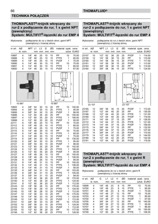 66
Technika połączeń
thomafluid®
THOMAPLAST®-trójnik wkręcany do
rur-2 x podłączenie do rur, 1 x gwint NPT
(zewnętrzny)
System: MULTIFIT®-łączniki do rur EMP 4
Wykonanie:	 podłączenie do rur z dwóch stron; gwint NPT
		 (zewnętrzny) z trzeciej strony
nr art.	 AØ	 NPT	 L1	 L3	 l2	 ØD	 materiał	 opak.	 cena
	 śr. nom.		 mm	 mm	 mm	 mm		 sztuk	 EURO
10687	 4	 1/8”	 48	 25	 10	 15	 PP	 10	 70.00
10688	 4	 1/8”	 48	 25	 10	 15	 PTFE	 1	 85.00
10689	 4	 1/8”	 48	 25	 10	 15	 PVDF	 1	 75.00
10690	 4	 1/4”	 48	 30	 15	 15	 PP	 10	 70.00
10691	 4	 1/4”	 48	 30	 15	 15	 PTFE	 1	 85.00
10692	 4	 1/4”	 48	 30	 15	 15	 PVDF	 1	 67.00
10693	 4	 3/8”	 54	 30	 15	 20	 PP	 10	 140.00
10694	 4	 3/8”	 54	 30	 15	 20	 PTFE	 1	 95.00
10695	 4	 3/8”	 54	 30	 15	 20	 PVDF	 1	 86.00
10696	 4	 1/2”	 60	 35	 20	 25	 PP	 10	 150.00
10697	 4	 1/2”	 60	 35	 20	 25	 PTFE	 1	 106.00
10698	 4	 1/2”	 60	 35	 20	 25	 PVDF	 1	 95.00
23111	 6	 1/8”	 48	 25	 10	 15	 PP	 10	 70.00
23112	 6	 1/8”	 48	 25	 10	 15	 PTFE	 1	 85.00
23113	 6	 1/8”	 48	 25	 10	 15	 PVDF	 1	 75.00
23115	 6	 1/4”	 48	 30	 15	 15	 PP	 10	 70.00
23116	 6	 1/4”	 48	 30	 15	 15	 PTFE	 1	 85.00
23117	 6	 1/4”	 48	 30	 15	 15	 PVDF	 1	 75.00
23119	 6	 3/8”	 54	 30	 15	 20	 PP	 10	 135.00
23120	 6	 3/8”	 54	 30	 15	 20	 PTFE	 1	 95.00
23121	 6	 3/8”	 54	 30	 15	 20	 PVDF	 1	 86.00
23123	 6	 1/2”	 60	 35	 20	 25	 PP	 10	 142.00
23124	 6	 1/2”	 60	 35	 20	 25	 PTFE	 1	 106.00
23125	 6	 1/2”	 60	 35	 20	 25	 PVDF	 1	 95.00
23127	 8	 1/8”	 48	 26	 10	 15	 PP	 10	 150.00
23128	 8	 1/8”	 48	 26	 10	 15	 PTFE	 1	 106.00
23129	 8	 1/8”	 48	 26	 10	 15	 PVDF	 1	 95.00
23131	 8	 1/4”	 48	 31	 15	 15	 PP	 10	 150.00
23132	 8	 1/4”	 48	 31	 15	 15	 PTFE	 1	 106.00
23133	 8	 1/4”	 48	 31	 15	 15	 PVDF	 1	 95.00
23135	 8	 3/8”	 54	 31	 15	 20	 PP	 10	 153.00
23136	 8	 3/8”	 54	 31	 15	 20	 PTFE	 1	 105.00
23137	 8	 3/8”	 54	 31	 15	 20	 PVDF	 1	 94.00
23139	 8	 1/2”	 60	 36	 20	 25	 PP	 10	 170.00
23140	 8	 1/2”	 60	 36	 20	 25	 PTFE	 1	 124.00
23141	 8	 1/2”	 60	 36	 20	 25	 PVDF	 1	 112.00
23143	 10	 1/8”	 56	 28	 10	 20	 PP	 10	 170.00
23144	 10	 1/8”	 56	 28	 10	 20	 PTFE	 1	 124.00
23145	 10	 1/8”	 56	 28	 10	 20	 PVDF	 1	 112.00
23147	 10	 1/4”	 56	 33	 15	 20	 PP	 10	 170.00
23148	 10	 1/4”	 56	 33	 15	 20	 PTFE	 1	 124.00
23149	 10	 1/4”	 56	 33	 15	 20	 PVDF	 1	 112.00
23151	 10	 3/8”	 56	 33	 15	 20	 PP	 10	 170.00
23152	 10	 3/8”	 56	 33	 15	 20	 PTFE	 1	 124.00
23153	 10	 3/8”	 56	 33	 15	 20	 PVDF	 1	 112.00
23155	 10	 1/2”	 62	 38	 20	 25	 PP	 10	 177.00
23156	 10	 1/2”	 62	 38	 20	 25	 PTFE	 1	 126.00
THOMAPLAST®-trójnik wkręcany do
rur-2 x podłączenie do rur, 1 x gwint NPT
(zewnętrzny)
System: MULTIFIT®-łączniki do rur EMP 4
Wykonanie:	 podłączenie do rur z dwóch stron; gwint NPT
		 (zewnętrzny) z trzeciej strony
nr art.	 AØ	 NPT	 L1	 L3	 l2	 ØD	 materiał	 opak.	 cena
	 śr. nom.		 mm	 mm	 mm	 mm		 sztuk	 EURO
23157	 10	 1/2”	 62	 38	 20	 25	 PVDF	 1	 114.00
23159	 12	 1/4”	 58	 38	 15	 20	 PP	 5	 115.00
23160	 12	 1/4”	 58	 38	 15	 20	 PTFE	 1	 117.00
23161	 12	 1/4”	 58	 38	 15	 20	 PVDF	 1	 113.00
23163	 12	 3/8”	 58	 38	 15	 20	 PP	 5	 114.00
23164	 12	 3/8”	 58	 38	 15	 20	 PTFE	 1	 124.00
23165	 12	 3/8”	 58	 35	 15	 20	 PVDF	 1	 113.00
23167	 12	 1/2”	 64	 40	 20	 25	 PP	 5	 130.00
23168	 12	 1/2”	 64	 40	 20	 25	 PTFE	 1	 131.00
23169	 12	 1/2”	 64	 40	 20	 25	 PVDF	 1	 119.00
23171	 14	 1/4”	 64	 37	 15	 25	 PP	 3	 126.00
23172	 14	 1/4”	 64	 37	 15	 25	 PTFE	 1	 121.00
23173	 14	 1/4”	 64	 37	 15	 25	 PVDF	 1	 109.00
23175	 14	 3/8”	 64	 37	 15	 25	 PP	 3	 132.00
23176	 14	 3/8”	 64	 37	 15	 25	 PTFE	 1	 127.00
23177	 14	 3/8”	 64	 37	 15	 25	 PVDF	 1	 115.00
23179	 14	 1/2”	 64	 42	 20	 25	 PP	 3	 144.00
23180	 14	 1/2”	 64	 42	 20	 25	 PTFE	 1	 132.00
23181	 14	 1/2”	 64	 42	 20	 25	 PVDF	 1	 119.00
THOMAPLAST®-trójnik wkręcany do
rur-2 x podłączenie do rur, 1 x gwint R
(zewnętrzny)
System: MULTIFIT®-łączniki do rur EMP 4
Wykonanie: 	 podłączenie do rur z dwóch stron; gwint R
		 (zewnętrzny) z trzeciej strony
nr art.	 AØ	 G	 L1	 L2	 l1	 ØD	 materiał	 opak.	 cena
	 śr. nom.		 mm	 mm	 mm	 mm		 sztuk	 EURO
10699	 4	 1/8”	 48	 23	 8	 15	 PP	 10	 70.00
10700	 4	 1/8”	 48	 23	 8	 15	 PTFE	 1	 85.00
10701	 4	 1/8”	 48	 23	 8	 15	 PVDF	 1	 75.00
10702	 4	 1/4”	 48	 27	 12	 15	 PP	 10	 70.00
10703	 4	 1/4”	 48	 27	 12	 15	 PTFE	 1	 85.00
10704	 4	 1/4”	 48	 27	 12	 15	 PVDF	 1	 67.00
10705	 4	 3/8”	 54	 27	 12	 20	 PP	 10	 140.00
10706	 4	 3/8”	 54	 27	 12	 20	 PTFE	 1	 95.00
10707	 4	 3/8”	 54	 27	 12	 20	 PVDF	 1	 86.00
10708	 4	 1/2”	 60	 29	 14	 25	 PP	 10	 150.00
10709	 4	 1/2”	 60	 29	 14	 25	 PTFE	 1	 106.00
10 687	 10 687
23 157	 23 157
 