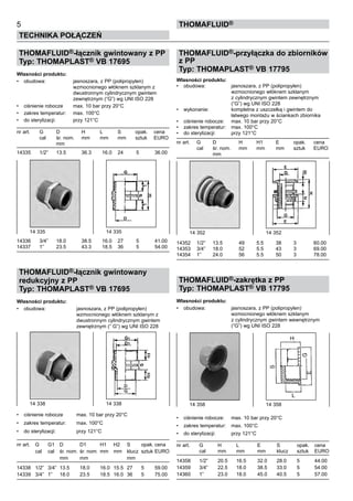 THOMAFLUID®-łącznik gwintowany z PP
Typ: THOMAPLAST® VB 17695
Własności produktu:
•	 obudowa:	 jasnoszara, z PP (polipropylen)
		 wzmocnionego włóknem szklanym z
		 dwustronnym cylindrycznym gwintem
		 zewnętrznym (“G”) wg UNI ISO 228
•	 ciśnienie robocze	 max. 10 bar przy 20°C
•	 zakres temperatur:	 max. 100°C
•	 do sterylizacji:	 przy 121°C
nr art.	 G	 D 	 H	 L	 S	 opak.	 cena
	 cal	 śr. nom.	 mm	 mm	 mm	 sztuk	 EURO
		 mm
14335	 1/2”	 13.5	 36.3	 16.0	 24	 5	 36.00
14336	 3/4”	 18.0	 38.5	 16.0	 27	 5	 41.00
14337	 1”	 23.5	 43.3	 18.5	 36	 5	 54.00
THOMAFLUID®-łącznik gwintowany
redukcyjny z PP
Typ: THOMAPLAST® VB 17695
Własności produktu:
•	 obudowa:	 jasnoszara, z PP (polipropylen)
		 wzmocnionego włóknem szklanym z
		 dwustronnym cylindrycznym gwintem
		 zewnętrznym (“ G”) wg UNI ISO 228
•	 ciśnienie robocze	 max. 10 bar przy 20°C
•	 zakres temperatur:	 max. 100°C
•	 do sterylizacji:	 przy 121°C
nr art.	 G	 G1	 D 	 D1	 H1	 H2	 S	 opak.	cena
	 cal	 cal	 śr. nom.	śr. nom.	mm	 mm	 klucz	 sztuk	EURO
			 mm	 mm			 mm		
	
14338	 1/2”	 3/4”	 13.5	 18.0	 16.0	 15.5	 27	 5	 59.00
14339	 3/4”	 1”	 18.0	 23.5	 18.5	 16.0	 36	 5	 75.00
THOMAFLUID®-przyłączka do zbiorników
z PP
Typ: THOMAPLAST® VB 17795
Własności produktu:
•	 obudowa:	 jasnoszara, z PP (polipropylen)
		 wzmocnionego włóknem szklanym	
		 z cylindrycznym gwintem zewnętrznym
		 (“G”) wg UNI ISO 228
•	 wykonanie:	 kompletna z uszczelką i gwintem do
		 łatwego montażu w ściankach zbiornika
•	 ciśnienie robocze:	 max. 10 bar przy 20°C
•	 zakres temperatur:	 max. 100°C
•	 do sterylizacji:	 przy 121°C
nr art.	 G	 D 	 H	 H1	 E	 opak.	 cena
	 cal	 śr. nom.	 mm	 mm	 mm	 sztuk	 EURO
		 mm
14352	 1/2”	 13.5	 49	 5.5	 38	 3	 60.00
14353	 3/4”	 18.0	 52	 5.5	 43	 3	 69.00
14354	 1”	 24.0	 56	 5.5	 50	 3	 78.00
THOMAFLUID®-zakrętka z PP
Typ: THOMAPLAST® VB 17795
Własności produktu:
•	 obudowa:	 jasnoszara, z PP (polipropylen)
		 wzmocnionego włóknem szklanym
		 z cylindrycznym gwintem wewnętrznym
		 (“G”) wg UNI ISO 228
•	 ciśnienie robocze:	 max. 10 bar przy 20°C
•	 zakres temperatur:	 max. 100°C
•	 do sterylizacji:	 przy 121°C
nr art.	 G	 H	 L	 E	 S	 opak.	 cena
	 cal	 mm	 mm	 mm	 klucz	 sztuk	 EURO
14358	 1/2”	 20.5	 16.5	 32.0	 28.0	 5	 44.00
14359	 3/4”	 22.5	 18.0	 38.5	 33.0	 5	 54.00
14360	 1”	 23.0	 18.0	 45.0	 40.5	 5	 57.00
5
Technika połączeń
Thomafluid®
14 335	 14 335
14 338	 14 338
14 352	 14 352
14 358	 14 358
 