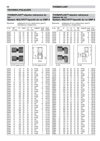 68
Technika połączeń
thomafluid®
THOMAPLAST®-złączka nakręcana do
rur
System: MULTIFIT®-łączniki do rur EMP 4
Wykonanie:	 podłączenie do rury z jednej strony; gwint R
		 (wewnętrzny) z drugiej strony
nr art.	 AØ	 G	 klucz	 L1	 l1	 materiał	 opak.	 cena
	 śr. nom.			 mm	 mm		 sztuk	 EURO
22427	 6	 1/2”	 27	 48	 16	 PP	 10	 137.00
22428	 6	 1/2”	 27	 48	 16	 PTFE	 3	 144.00
22429	 6	 1/2”	 27	 48	 16	 PVDF	 3	 132.00
22431	 8	 1/8”	 17	 40	 10	 PP	 10	 140.00
22432	 8	 1/8”	 17	 40	 10	 PTFE	 3	 144.00
22433	 8	 1/8”	 17	 40	 10	 PVDF	 3	 132.00
22435	 8	 1/4”	 17	 46	 15	 PP	 10	 137.00
22436	 8	 1/4”	 17	 46	 15	 PTFE	 3	 144.00
22437	 8	 1/4”	 17	 46	 15	 PVDF	 3	 132.00
22439	 8	 3/8”	 22	 46	 15	 PP	 10	 150.00
22440	 8	 3/8”	 22	 46	 15	 PTFE	 3	 156.00
22441	 8	 3/8”	 22	 46	 15	 PVDF	 3	 141.00
22443	 8	 1/2”	 27	 48	 16	 PP	 10	 160.00
22444	 8	 1/2”	 27	 48	 16	 PTFE	 2	 118.00
22445	 8	 1/2”	 27	 48	 16	 PVDF	 2	 106.00
22447	 10	 1/8”	 19	 43	 10	 PP	 10	 160.00
22448	 10	 1/8”	 19	 43	 10	 PTFE	 2	 117.00
22449	 10	 1/8”	 19	 43	 10	 PVDF	 2	 106.00
22451	 10	 1/4”	 19	 49	 15	 PP	 10	 158.00
22452	 10	 1/4”	 19	 49	 15	 PTFE	 2	 118.00
22453	 10	 1/4”	 19	 49	 15	 PVDF	 2	 106.00
22455	 10	 3/8”	 22	 49	 15	 PP	 10	 160.00
22456	 10	 3/8”	 22	 49	 15	 PTFE	 2	 118.00
22457	 10	 3/8”	 22	 49	 15	 PVDF	 2	 106.00
22459	 10	 1/2”	 27	 50	 16	 PP	 10	 160.00
22460	 10	 1/2”	 27	 50	 16	 PTFE	 2	 117.00
22461	 10	 1/2”	 27	 50	 16	 PVDF	 2	 106.00
22463	 12	 1/4”	 22	 51	 15	 PP	 10	 220.00
22464	 12	 1/4”	 22	 51	 15	 PTFE	 2	 120.00
22465	 12	 1/4”	 22	 51	 15	 PVDF	 2	 108.00
22467	 12	 3/8”	 22	 51	 15	 PP	 10	 220.00
22468	 12	 3/8”	 22	 51	 15	 PTFE	 2	 122.00
22469	 12	 3/8”	 22	 51	 15	 PVDF	 2	 112.00
22471	 12	 1/2”	 27	 52	 16	 PP	 5	 115.00
22472	 12	 1/2”	 27	 52	 16	 PTFE	 2	 127.00
22473	 12	 1/2”	 27	 52	 16	 PVDF	 2	 116.00
22475	 14	 1/4”	 27	 52	 15	 PP	 5	 145.00
22476	 14	 1/4”	 27	 52	 15	 PTFE	 2	 142.00
22477	 14	 1/4”	 27	 52	 15	 PVDF	 2	 128.00
22479	 14	 3/8”	 27	 52	 15	 PP	 5	 145.00
22480	 14	 3/8”	 27	 52	 15	 PTFE	 2	 170.00
22481	 14	 3/8”	 27	 52	 15	 PVDF	 2	 154.00
22483	 14	 1/2”	 27	 53	 16	 PP	 5	 160.00
22484	 14	 1/2”	 27	 53	 16	 PTFE	 1	 94.00
22485	 14	 1/2”	 27	 53	 16	 PVDF	 1	 85.00
THOMAPLAST®-złączka nakręcana
kątowa do rur
System: MULTIFIT®-łączniki do rur EMP 4
Wykonanie:	 podłączenie do rury z jednej strony; gwint R
		 (wewnętrzny) z drugiej strony
nr art.	 AØ	 G	 L1	 L2	 l1	 ØD	 materiał	 opak.	 cena
	 śr. nom.		 mm	 mm	 mm	 mm		 sztuk	 EURO
10722	 4	 1/8”	 36	 17	 12	 15	 PP	 10	 180.00
10723	 4	 1/8”	 36	 17	 12	 15	 PTFE	 5	 155.00
10724	 4	 1/8”	 36	 17	 12	 15	 PVDF	 5	 140.00
10725	 4	 1/4”	 39	 20	 15	 20	 PP	 10	 180.00
10726	 4	 1/4”	 39	 20	 15	 20	 PTFE	 5	 155.00
10727	 4	 1/4”	 39	 20	 15	 20	 PVDF	 5	 140.00
10728	 4	 3/8”	 42	 20	 15	 25	 PP	 5	 110.00
10729	 4	 3/8”	 42	 20	 15	 25	 PTFE	 3	 138.00
10730	 4	 3/8”	 42	 20	 15	 25	 PVDF	 3	 126.00
10731	 4	 1/2”	 44	 20	 16	 30	 PP	 5	 115.00
10732	 4	 1/2”	 44	 20	 16	 30	 PTFE	 2	 108.00
10733	 4	 1/2”	 44	 20	 16	 30	 PVDF	 2	 96.00
22819	 6	 1/8”	 36	 17	 12	 15	 PP	 10	 180.00
22820	 6	 1/8”	 36	 17	 12	 15	 PTFE	 5	 155.00
22821	 6	 1/8”	 36	 17	 12	 15	 PVDF	 5	 140.00
22823	 6	 1/4”	 39	 20	 15	 20	 PP	 10	 180.00
22824	 6	 1/4”	 39	 20	 15	 20	 PTFE	 5	 155.00
22825	 6	 1/4”	 39	 20	 15	 20	 PVDF	 5	 140.00
22827	 6	 3/8”	 42	 20	 15	 25	 PP	 5	 110.00
22828	 6	 3/8”	 42	 20	 15	 25	 PTFE	 3	 138.00
22829	 6	 3/8”	 42	 20	 15	 25	 PVDF	 3	 126.00
22831	 6	 1/2”	 44	 20	 16	 30	 PP	 5	 115.00
22832	 6	 1/2”	 44	 20	 16	 30	 PTFE	 2	 108.00
22833	 6	 1/2”	 44	 20	 16	 30	 PVDF	 2	 96.00
22835	 8	 1/8”	 36	 17	 12	 15	 PP	 5	 130.00
22836	 8	 1/8”	 36	 17	 12	 15	 PTFE	 2	 107.00
22837	 8	 1/8”	 36	 17	 12	 15	 PVDF	 2	 96.00
22839	 8	 1/4”	 39	 20	 15	 20	 PP	 5	 130.00
22840	 8	 1/4”	 39	 20	 15	 20	 PTFE	 2	 108.00
22841	 8	 1/4”	 39	 20	 15	 20	 PVDF	 2	 96.00
22843	 8	 3/8”	 42	 20	 15	 25	 PP	 5	 130.00
22844	 8	 3/8”	 42	 20	 15	 25	 PTFE	 2	 113.00
22845	 8	 3/8”	 42	 20	 15	 25	 PVDF	 2	 104.00
22847	 8	 1/2”	 44	 20	 16	 30	 PP	 5	 165.00
22848	 8	 1/2”	 44	 20	 16	 30	 PTFE	 2	 128.00
22849	 8	 1/2”	 44	 20	 16	 30	 PVDF	 2	 116.00
22851	 10	 1/8”	 41	 20	 12	 20	 PP	 5	 175.00
22852	 10	 1/8”	 41	 20	 12	 20	 PTFE	 2	 128.00
22853	 10	 1/8”	 41	 20	 12	 20	 PVDF	 2	 116.00
22855	 10	 1/4”	 41	 23	 15	 20	 PP	 5	 172.00
22856	 10	 1/4”	 41	 23	 15	 20	 PTFE	 2	 128.00
22857	 10	 1/4”	 41	 23	 15	 20	 PVDF	 2	 116.00
22859	 10	 3/8”	 44	 23	 15	 25	 PP	 5	 176.00
22860	 10	 3/8”	 44	 23	 15	 25	 PTFE	 2	 128.00
22861	 10	 3/8”	 44	 23	 15	 25	 PVDF	 2	 116.00
22863	 10	 1/2”	 46	 23	 16	 30	 PP	 3	 123.00
10 7101 (patrz str. 67)	 10 7101 (patrz str. 67) 10 722	 10 722
 