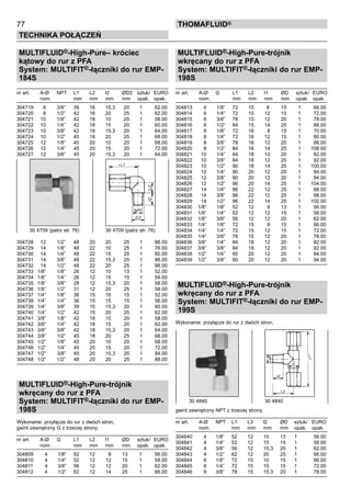 77
Technika połączeń
thomafluid®
MULTIFLUID®-High-Pure– króciec
kątowy do rur z PFA
System: MULTIFIT®-łączniki do rur EMP-
184S
nr art.	 A-Ø 	 NPT	 L1	 L2	 l2	 ØD2	 sztuk/	 EURO
	 nom.		 mm	 mm	 mm	 mm	 opak.	 opak.
304719	 8	 3/8”	 39	 16	 15,3	 20	 1	 62.00
304720	 8	 1/2”	 42	 16	 20	 25	 1	 62.00
304721	 10	 1/8”	 42	 18	 10	 20	 1	 58.00
304722	 10	 1/4”	 42	 18	 15	 20	 1	 60.00
304723	 10	 3/8”	 42	 18	 15,3	 20	 1	 64.00
304724	 10	 1/2”	 45	 18	 20	 25	 1	 68.00
304725	 12	 1/8”	 45	 20	 10	 20	 1	 68.00
304726	 12	 1/4”	 45	 20	 15	 20	 1	 72.00
304727	 12	 3/8”	 45	 20	 15,3	 20	 1	 84.00
304728	 12	 1/2”	 48	 20	 20	 25	 1	 88.00
304729	 14	 1/8”	 48	 22	 10	 25	 1	 76.00
304730	 14	 1/4”	 48	 22	 15	 25	 1	 80.00
304731	 14	 3/8”	 48	 22	 15,3	 25	 1	 86.00
304732	 14	 1/2”	 48	 22	 20	 25	 1	 98.00
304733	 1/8”	 1/8”	 26	 12	 10	 13	 1	 52.00
304734	 1/8”	 1/4”	 26	 12	 15	 15	 1	 54.00
304735	 1/8”	 3/8”	 28	 12	 15,3	 20	 1	 58.00
304736	 1/8”	 1/2”	 31	 12	 20	 25	 1	 58.00
304737	 1/4”	 1/8”	 36	 15	 10	 15	 1	 52.00
304738	 1/4”	 1/4”	 36	 15	 15	 15	 1	 56.00
304739	 1/4”	 3/8”	 39	 15	 15,3	 20	 1	 60.00
304740	 1/4”	 1/2”	 42	 15	 20	 25	 1	 62.00
304741	 3/8”	 1/8”	 42	 18	 10	 20	 1	 58.00
304742	 3/8”	 1/4”	 42	 18	 15	 20	 1	 62.00
304743	 3/8”	 3/8”	 42	 18	 15,3	 20	 1	 64.00
304744	 3/8”	 1/2”	 45	 18	 20	 25	 1	 68.00
304745	 1/2”	 1/8”	 45	 20	 10	 20	 1	 68.00
304746	 1/2”	 1/4”	 45	 20	 15	 20	 1	 72.00
304747	 1/2”	 3/8”	 45	 20	 15,3	 20	 1	 84.00
304748	 1/2”	 1/2”	 48	 20	 20	 25	 1	 88.00
MULTIFLUID®-High-Pure-trójnik
wkręcany do rur z PFA
System: MULTIFIT®-łączniki do rur EMP-
198S
Wykonanie: przyłącze do rur z dwóch stron,
gwint zewnętrzny G z trzeciej strony;
nr art.	 A-Ø 	 G	 L1	 L2	 l1	 ØD	 sztuk/	 EURO
	 nom.		 mm	 mm	 mm	 mm	 opak.	 opak.
304809	 4	 1/8”	 52	 12	 8	 13	 1	 56.00
304810	 4	 1/4”	 52	 12	 12	 15	 1	 58.00
304811	 4	 3/8”	 56	 12	 12	 20	 1	 62.00
304812	 4	 1/2”	 62	 12	 14	 25	 1	 66.00
MULTIFLUID®-High-Pure-trójnik
wkręcany do rur z PFA
System: MULTIFIT®-łączniki do rur EMP-
198S
nr art.	 A-Ø 	 G	 L1	 L2	 l1	 ØD	 sztuk/	 EURO
	 nom.		 mm	 mm	 mm	 mm	 opak.	 opak.
304813	 6	 1/8”	 72	 15	 8	 15	 1	 66.00
304814	 6	 1/4”	 72	 15	 12	 15	 1	 72.00
304815	 6	 3/8”	 78	 15	 12	 20	 1	 78.00
304816	 6	 1/2”	 84	 15	 14	 25	 1	 88.00
304817	 8	 1/8”	 72	 16	 8	 15	 1	 70.00
304818	 8	 1/4”	 72	 16	 12	 15	 1	 80.00
304819	 8	 3/8”	 78	 16	 12	 20	 1	 88.00
304820	 8	 1/2”	 84	 16	 14	 25	 1	 108.00
304821	 10	 1/4”	 84	 18	 12	 20	 1	 82.00
304822	 10	 3/8”	 84	 18	 12	 20	 1	 92.00
304823	 10	 1/2”	 90	 18	 14	 25	 1	 100.00
304824	 12	 1/4”	 90	 20	 12	 20	 1	 84.00
304825	 12	 3/8”	 90	 20	 12	 20	 1	 94.00
304826	 12	 1/2”	 96	 20	 14	 25	 1	 104.00
304827	 14	 1/4”	 96	 22	 12	 25	 1	 88.00
304828	 14	 3/8”	 96	 22	 12	 25	 1	 98.00
304829	 14	 1/2”	 96	 22	 14	 25	 1	 102.00
304830	 1/8”	 1/8”	 52	 12	 8	 13	 1	 56.00
304831	 1/8”	 1/4”	 52	 12	 12	 15	 1	 58.00
304832	 1/8”	 3/8”	 56	 12	 12	 20	 1	 62.00
304833	 1/4”	 1/8”	 72	 15	 8	 15	 1	 66.00
304834	 1/4”	 1/4”	 72	 15	 12	 15	 1	 72.00
304835	 1/4”	 3/8”	 78	 15	 12	 20	 1	 78.00
304836	 3/8”	 1/4”	 84	 18	 12	 20	 1	 82.00
304837	 3/8”	 3/8”	 84	 18	 12	 20	 1	 92.00
304838	 1/2”	 1/4”	 90	 20	 12	 20	 1	 84.00
304839	 1/2”	 3/8”	 90	 20	 12	 20	 1	 94.00
MULTIFLUID®-High-Pure-trójnik
wkręcany do rur z PFA
System: MULTIFIT®-łączniki do rur EMP-
199S
Wykonanie: przyłącze do rur z dwóch stron;
gwint zewnętrzny NPT z trzeciej strony
nr art.	 A-Ø 	 NPT	 L1	 L3	 l2	 ØD	 sztuk/	 EURO
	 nom.		 mm	 mm	 mm	 mm	 opak.	 opak.
304840	 4	 1/8”	 52	 12	 10	 13	 1	 56.00
304841	 4	 1/4”	 52	 12	 15	 15	 1	 58.00
304842	 4	 3/8”	 56	 12	 15,3	 20	 1	 62.00
304843	 4	 1/2”	 62	 12	 20	 25	 1	 66.00
304844	 6	 1/8”	 72	 15	 10	 15	 1	 66.00
304845	 6	 1/4”	 72	 15	 15	 15	 1	 72.00
304846	 6	 3/8”	 78	 15	 15,3	 20	 1	 78.00
30 4709 (patrz str. 76)	 30 4709 (patrz str. 76)
30 4840	 30 4840
 