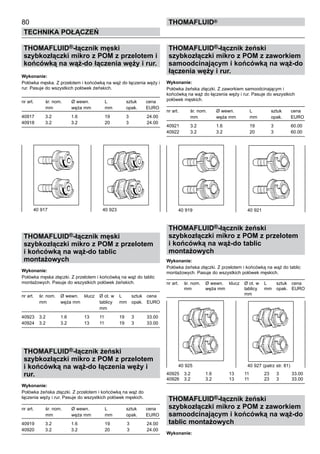 80
Technika połączeń
thomafluid®
THOMAFLUID®-łącznik męski
szybkozłączki mikro z POM z przelotem i
końcówką na wąż-do łączenia węży i rur.
Wykonanie: 	
Połówka męska. Z przelotem i końcówką na wąż do łączenia węży i
rur. Pasuje do wszystkich połówek żeńskich.
nr art.	 śr. nom.	 Ø wewn. 	 L	 sztuk	 cena
	 mm	 węża mm	 mm	 opak.	 EURO
40917	 3.2	 1.6	 19	 3	 24.00
40918	 3.2	 3.2	 20	 3	 24.00
THOMAFLUID®-łącznik męski
szybkozłączki mikro z POM z przelotem
i końcówką na wąż-do tablic
montażowych
Wykonanie: 	
Połówka męska złączki. Z przelotem i końcówką na wąż do tablic
montażowych. Pasuje do wszystkich połówek żeńskich.
nr art.	 śr. nom.	 Ø wewn. 	 klucz	 Ø ot. w	 L	 sztuk	 cena
	 mm	 węża mm		 tablicy	 mm	 opak.	 EURO
				 mm
40923	 3.2	 1.6	 13	 11	 19	 3	 33.00
40924	 3.2	 3.2	 13	 11	 19	 3	 33.00
THOMAFLUID®-łącznik żeński
szybkozłączki mikro z POM z przelotem
i końcówką na wąż-do łączenia węży i
rur.
Wykonanie: 	
Połówka żeńska złączki. Z przelotem i końcówką na wąż do
łączenia węży i rur. Pasuje do wszystkich połówek męskich.
nr art.	 śr. nom.	 Ø wewn. 	 L	 sztuk	 cena
	 mm	 węża mm	 mm	 opak.	 EURO
40919	 3.2	 1.6	 19	 3	 24.00
40920	 3.2	 3.2	 20	 3	 24.00
THOMAFLUID®-łącznik żeński
szybkozłączki mikro z POM z zaworkiem
samoodcinającym i końcówką na wąż-do
łączenia węży i rur.
Wykonanie:
Połówka żeńska złączki. Z zaworkiem samoodcinającym i
końcówką na wąż do łączenia węży i rur. Pasuje do wszystkich
połówek męskich.
nr art.	 śr. nom.	 Ø wewn. 	 L	 sztuk	 cena
	 mm	 węża mm	 mm	 opak.	 EURO
40921	 3.2	 1.6	 19	 3	 60.00
40922	 3.2	 3.2	 20	 3	 60.00
THOMAFLUID®-łącznik żeński
szybkozłączki mikro z POM z przelotem
i końcówką na wąż-do tablic
montażowych
Wykonanie:
Połówka żeńska złączki. Z przelotem i końcówką na wąż do tablic
montażowych. Pasuje do wszystkich połówek męskich.
nr art.	 śr. nom.	 Ø wewn. 	 klucz	 Ø ot. w	 L	 sztuk	 cena
	 mm	 węża mm		 tablicy	 mm	 opak.	 EURO
				 mm
40925	 3.2	 1.6	 13	 11	 23	 3	 33.00
40926	 3.2	 3.2	 13	 11	 23	 3	 33.00
THOMAFLUID®-łącznik żeński
szybkozłączki mikro z POM z zaworkiem
samoodcinającym i końcówką na wąż-do
tablic montażowych
Wykonanie:
40 917 	 40 923 40 919	 40 921
40 925	 40 927 (patrz str. 81)
 
