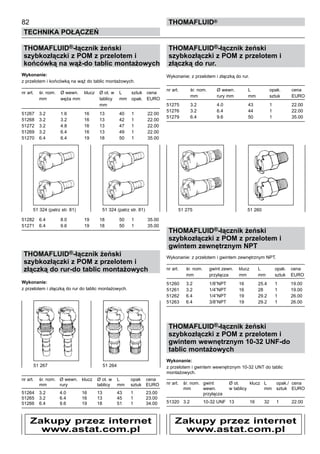 82
Technika połączeń
thomafluid®
THOMAFLUID®-łącznik żeński
szybkozłączki z POM z przelotem i
końcówką na wąż-do tablic montażowych
Wykonanie:
z przelotem i końcówką na wąż do tablic montażowych.
nr art.	 śr. nom.	 Ø wewn. 	 klucz	 Ø ot. w	 L	 sztuk	 cena
	 mm	 węża mm		 tablicy	 mm	 opak.	 EURO
				 mm
51267	 3.2	 1.6	 16	 13	 40	 1	 22.00
51268	 3.2	 3.2	 16	 13	 42	 1	 22.00
51272	 3.2	 4.8	 16	 13	 47	 1	 22.00
51269	 3.2	 6.4	 16	 13	 49	 1	 22.00
51270	 6.4	 6.4	 19	 18	 50	 1	 35.00
51282	 6.4	 8.0	 19	 18	 50	 1	 35.00
51271	 6.4	 9.6	 19	 18	 50	 1	 35.00
THOMAFLUID®-łącznik żeński
szybkozłączki z POM z przelotem i
złączką do rur-do tablic montażowych
Wykonanie:
z przelotem i złączką do rur do tablic montażowych.
nr art.	 śr. nom.	 Ø wewn. 	 klucz	 Ø ot. w	 L	 opak	 cena
	 mm	 rury		 tablicy 	 mm	 sztuk	 EURO
51264	 3.2	 4.0	 16	 13	 43	 1	 23.00
51265	 3.2	 6.4	 16	 13	 45	 1	 23.00
51266	 6.4	 9.6	 19	 18	 51	 1	 34.00
THOMAFLUID®-łącznik żeński
szybkozłączki z POM z przelotem i
złączką do rur.
Wykonanie: z przelotem i złączką do rur.
nr art.	 śr. nom.	 Ø wewn. 	 L	 opak.	 cena
	 mm	 rury mm	 mm	 sztuk	 EURO
51275	 3.2	 4.0	 43	 1	 22.00
51276	 3.2	 6.4	 44	 1	 22.00
51279	 6.4	 9.6	 50	 1	 35.00
THOMAFLUID®-łącznik żeński
szybkozłączki z POM z przelotem i
gwintem zewnętrznym NPT
Wykonanie: z przelotem i gwintem zewnętrznym NPT.
nr art.	 śr. nom.	 gwint zewn. 	 klucz	 L	 opak.	 cena
	 mm	 przyłącza	 mm	 mm	 sztuk	 EURO
51260	 3.2	 1/8”NPT 	 16	 25.4	 1	 19.00
51261	 3.2	 1/4”NPT 	 16	 28	 1	 19.00
51262	 6.4	 1/4”NPT 	 19	 29.2	 1	 26.00
51263	 6.4	 3/8”NPT 	 19	 29.2	 1	 26.00
THOMAFLUID®-łącznik żeński
szybkozłączki z POM z przelotem i
gwintem wewnętrznym 10-32 UNF-do
tablic montażowych
Wykonanie:
z przelotem i gwintem wewnętrznym 10-32 UNT do tablic
montażowych.
nr art.	 śr. nom.	 gwint 	 Ø ot.	 klucz	 L	 opak./	 cena
	 mm	 wewn.	 w tablicy		 mm	 sztuk	 EURO
		 przyłącza
51320	 3.2	 10-32 UNF	 13	 16	 32	 1	 22.00
51 324 (patrz str. 81)	 51 324 (patrz str. 81)
51 267	 51 264	
51 275	 51 260
Zakupy przez internet
www.astat.com.pl
Zakupy przez internet
www.astat.com.pl
 