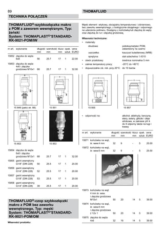 89
Technika połączeń
thomafluid
THOMAFLUID®-szybkozłączka makro
z POM z zaworem wewnętrznym, Typ:
żeński
System: THOMAPLAST®-STANDARD-
RK-9021-POM/IW
nr art.	 wykonanie	 długość 	szerokość	 klucz	 opak.	 cena
		 mm	 mm	 mm	 sztuk	 EURO
15852 	złączka do węża
	 6x8	 56	 25.7	 17	 1	 22.00
15853	 złączka do węża
	 4x6 i złączka
	 grodziowa M10x1	 68	 25.7	 17	 1	 32.00
15854	 złączka do węża
	 6x8 i złączka
	 grodziowa M12x1	 68	 25.7	 17	 1	 32.00
15855	 gwint zewnętrzny
	 G1/8” (DIN 228)	 50	 25.5	 17	 1	 20.00
15856	 gwint zewnętrzny
	 G1/4” (DIN 228)	 52	 25.5	 17	 1	 20.00
15857	 gwint wewnętrzny
	 G1/8” (DIN 228)	 53	 25.5	 17	 1	 20.00
15858	 gwint wewnętrzny
	 G1/4” (DIN 228)	 39	 25.5	 17	 1	 20.00
THOMAFLUID®-czop szybkozłączki
makro z POM bez zaworku
wewnętrznego, Typ: męski
System: THOMAPLAST®-STANDARD-
RK-9021-POM/OM
Własności produktu:
Męski element wtykowy, obciążalny temperaturowo i ciśnieniowo,
bez zaworku wewnętrznego, z biologicznie obojętnego i odpornego
na uderzenia polimeru. Dostępny z końcówką lub złączką do węży
oraz złączką do rur i złączką grodziową.
Własności techniczne:
•	 materiały:
	 obudowa:	 polioksymetylen POM,
		 zabarwiony na czarno
		 uszczelka:	 kauczuk butadienowy (NRB)
		 sprężyna:	 stal szlachetna 1.4310
•	 otwór przelotowy:	 średnica nominalna 5 mm
•	 zakres temperatury pracy:	 -20°C do +80°C
•	 dopuszczalne ciś. rob. przy 20°C:	 do 10 barów
•	 odporność na:	 alkohol, aldehydy, benzynę,
		 etery, estery, glikole i oleje
		 silnikowe, w zakresie pH 4
		 do 9 odporny także na ługi i
		 kwasy	
nr art.	 wykonanie	 długość 	szerokość	 klucz	 opak.	 cena
		 mm	 mm	 mm	 sztuk	 EURO
15871	 końcówka na wąż,
	 śr. wew.4 mm	 32	 9	 -	 5	 25.00
15872	 końcówka na wąż,
	 śr. wew.6 mm	 32	 9	 -	 5	 25.00
15873	 końcówka na wąż
	 4 mm śr. wew.
	 i złączka grodziowa
	 M10x1	 50	 20	 14	 5	 39.00
15874	 końcówka na wąż,
	 śr. wew.6 mm
	 i złączka grodziowa
	 ż 12x 1	 50	 20	 14	 5	 39.00
15875	 złączka do węża
	 4x6	 32	 16	 14	 5	 39.00
15 849 (patrz str. 88)	 15 851
15 853	 15 853
15 855	 15 857
 