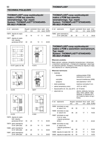 90
Technika połączeń
thomafluid®
THOMAFLUID®-czop szybkozłączki
makro z POM bez zaworku
wewnętrznego, Typ: męski
System: THOMAPLAST®-STANDARD-
RK-9021-POM/OM
nr art.	 wykonanie	 długość 	szerokość	 klucz	 opak.	 cena
		 mm	 mm	 mm	 sztuk	 EURO
15876	 złączka do węża
	 6x8	 32	 16	 17	 5	 39.00
15877	 złączka do węża
	 4x6 i złączka
	 grodziowa M10x1	 44	 20	 14	 5	 46.00
15878	 złączka do węża
	 6x8 i złączka
	 grodziowa M12x1	 44	 20	 17	 5	 46.00
15879	 gwint zewnętrzny
	 G1/8” (DIN 228)	 25	 20	 14	 5	 39.00
15880	 gwint zewnętrzny
	 G1/4” (DIN 228)	 28	 20	 17	 5	 39.00
15881	 gwint wewnętrzny
	 G1/8” (DIN 228)	 25	 20	 14	 5	 39.00
THOMAFLUID®-czop szybkozłączki
makro z POM bez zaworku
wewnętrznego, Typ: męski
System: THOMAPLAST®-STANDARD-
RK-9021-POM/OM
nr art.	 wykonanie	 długość 	szerokość	 klucz	 opak.	 cena
		 mm	 mm	 mm	 sztuk	 EURO
15882	 gwint wewnętrzny
	 G1/4” (DIN 228)	 26	 20	 17	 5	 39.00
THOMAFLUID®-czop szybkozłączki
makro z POM z zaworkiem wewnętrznym,
Typ: męski
System: THOMAPLAST®-STANDARD-
RK-9021-POM/IM
Własności produktu:
Męski element wtykowy, obciążalny temperaturowo i ciśnieniowo,
z zaworkiem wewnętrznym, z biologicznie obojętnego i odpornego
na uderzenia polimeru. Dostępny z końcówką lub złączką do węży
oraz złączką do rur i złączką grodziową.
Własności techniczne:
•	 materiały:
		 obudowa:	 polioksymetylen POM,
		 zabarwiony na czarno
		 uszczelka:	 kauczuk butadienowy (NRB)
		 sprężyna:	 stal szlachetna 1.4310
•	 otwór przelotowy:	 średnica nominalna 5 mm
•	 zakres temperatury pracy:	 -20°C do +80°C
•	 dopuszczalne ciś. rob. przy 20°C:	 do 10 barów
•	 odporność na:	 alkohol, aldehydy, benzynę,
		 etery, estery, glikole i oleje
		 silnikowe, w zakresie pH 4
		 do 9 odporny także na ługi i
		 kwasy	
nr art.	 wykonanie	 długość 	szerokość	 klucz	 opak.	 cena
		 mm	 mm	 mm	 sztuk	 EURO
15895	 końcówka na wąż,
	 śr. wew.4 mm	 46	 20	 17	 1	 19.00
15896	 końcówka na wąż,
	 śr. wew.6 mm	 46	 20	 17	 1	 19.00
15897	 końcówka na wąż
	 4 mm śr. wew.
	 i złączka grodziowa
	 M10x1	 60	 20	 17	 1	 20.00
15898	 końcówka na wąż,
	 śr. wew.6 mm
	 i złączka grodziowa ż
	 12x 1	 60	 20	 17	 1	 20.00
15899	 złączka do węża 4x6	 42	 20	 17	 1	 19.00
15900	 złączka do węża 6x8	 42	 20	 17	 1	 19.00
15 871 (patrz str. 89)	 15 873
15 875	 15877
15 879	 15 881
 