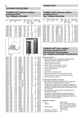 THOMAPLAST®-włóknina szklana
powlekana PTFE
Typ: THOMAFLUOR-NRN
nr art.	 szerokość	 grubość	 jakość	 ciężar	 wytrzy-	 siła 	 długość 	cena
	 mm	 mm	 	 g/m
2	
małość	 dalsz.	 m	 EURO
	 	 	 	 	 N/mm	 rozryw. 	
	 	 	 	 	 	 N
17996	 500	 0,08	 gładki	 158	 >10	 >8	 1	 54.00
17997	 500	 0,08	 gładki	 158	 >10	 >8	 3	 116.00
17998	 500	 0,08	 gładki	 158	 >10	 >8	 5	 159.00
17999	 500	 0,08	 gładki	 158	 >10	 >8	 10	 228.00
18001	 500	 0,08	 gładki	 158	 >10	 >8	 20	 325.00
18004	 500	 0,13	 gładki	 240	 >20	 >20	 1	 59.00
18005	 500	 0,13	 gładki	 240	 >20	 >20	 3	 141.00
18006	 500	 0,13	 gładki	 240	 >20	 >20	 5	 195.00
18007	 500	 0,13	 gładki	 240	 >20	 >20	 10	 274.00
18009	 500	 0,13	 gładki	 240	 >20	 >20	 20	 392.00
18012	 500	 0,15	 gładki	 292	 >20	 >20	 1	 70.00
18013	 500	 0,15	 gładki	 292	 >20	 >20	 3	 169.00
18014	 500	 0,15	 gładki	 292	 >20	 >20	 5	 233.00
18015	 500	 0,15	 gładki	 292	 >20	 >20	 10	 328.00
18017	 500	 0,15	 gładki	 292	 >20	 >20	 20	 468.00
18020	 500	 0,15	 antystatyczny	 332	 >22	 >20	 1	 105.00
18021	 500	 0,15	 antystatyczny	 332	 >22	 >20	 3	 233.00
18022	 500	 0,15	 antystatyczny	 332	 >22	 >20	 5	 305.00
18023	 500	 0,15	 antystatyczny	 332	 >22	 >20	 10	 435.00
18025	 500	 0,15	 antystatyczny	 332	 >22	 >20	 20	 696.00
18028	 500	 0,25	 gładki	 460	 >30	 >30	 1	 85.00
18029	 500	 0,25	 gładki	 460	 >30	 >30	 3	 197.00
18030	 500	 0,25	 gładki	 460	 >30	 >30	 5	 259.00
18031	 500	 0,25	 gładki	 460	 >30	 >30	 10	 399.00
18033	 500	 0,25	 gładki	 460	 >30	 >30	 20	 655.00
18036	 500	 0,35	 wytrz. na zryw.	678	 >48	 >70	 1	 116.00
18037	 500	 0,35	 wytrz. na zryw.	678	 >48	 >70	 3	 277.00
18038	 500	 0,35	 wytrz. na zryw.	678	 >48	 >70	 5	 356.00
18039	 500	 0,35	 wytrz. na zryw.	678	 >48	 >70	 10	 481.00
18041	 500	 0,35	 wytrz. na zryw.	678	 >48	 >70	 20	 811.00
18044	 1000	 0,08	 gładki	 158	 >10	 >8	 1	 77.00
18045	 1000	 0,08	 gładki	 158	 >10	 >8	 3	 177.00
18046	 1000	 0,08	 gładki	 158	 >10	 >8	 5	 236.00
18047	 1000	 0,08	 gładki	 158	 >10	 >8	 10	 353.00
18048	 1000	 0,08	 gładki	 158	 >10	 >8	 20	 588.00
18051	 1000	 0,13	 gładki	 240	 >20	 >20	 1	 95.00
18052	 1000	 0,13	 gładki	 240	 >20	 >20	 3	 215.00
18053	 1000	 0,13	 gładki	 240	 >20	 >20	 5	 284.00
18054	 1000	 0,13	 gładki	 240	 >20	 >20	 10	 427.00
18056	 1000	 0,13	 gładki	 240	 >20	 >20	 20	 711.00
18059	 1000	 0,15	 gładki	 292	 >20	 >20	 1	 100.00
18060	 1000	 0,15	 gładki	 292	 >20	 >20	 3	 243.00
18061	 1000	 0,15	 gładki	 292	 >20	 >20	 5	 300.00
18062	 1000	 0,15	 gładki	 292	 >20	 >20	 10	 468.00
18064	 1000	 0,15	 gładki	 292	 >20	 >20	 20	 849.00
18067	 1000	 0,15	 antystatyczny	 332	 >22	 >20	 1	 159.00
18068	 1000	 0,15	 antystatyczny	 332	 >22	 >20	 3	 379.00
18069	 1000	 0,15	 antystatyczny	 332	 >22	 >20	 5	 476.00
THOMAPLAST®-włóknina szklana
powlekana PTFE
Typ: THOMAFLUOR-NRN
nr art.	 szerokość	 grubość	 jakość	 ciężar	 wytrzy-	 siła 	 długość 	cena
	 mm	 mm	 	 g/m
2	
małość	 dalsz.	 m	 EURO
	 	 	 	 	 N/mm	 rozryw. 	
	 	 	 	 	 	 N
18070	 1000	 0,15	 antystatyczny	 332	 >22	 >20	 10	 635.00
18072	 1000	 0,15	 antystatyczny	 332	 >22	 >20	 20	 1049.00
18075	 1000	 0,25	 gładki	 460	 >30	 >30	 1	 131.00
18076	 1000	 0,25	 gładki	 460	 >30	 >30	 3	 284.00
18077	 1000	 0,25	 gładki	 460	 >30	 >30	 5	 356.00
18078	 1000	 0,25	 gładki	 460	 >30	 >30	 10	 530.00
18080	 1000	 0,25	 gładki	 460	 >30	 >30	 20	 949.00
18083	 1000	 0,35	 wytrz. na zryw.	678	 >48	 >70	 1	 144.00
18084	 1000	 0,35	 wytrz. na zryw.	678	 >48	 >70	 3	 346.00
18085	 1000	 0,35	 wytrz. na zryw.	678	 >48	 >70	 5	 420.00
18086	 1000	 0,35	 wytrz. na zryw.	678	 >48	 >70	 10	 691.00
18088	 1000	 0,35	 wytrz. na zryw.	678	 >48	 >70	 20	 1258.00
THOMAPLAST®-folia z włókna
szklanego powlekana PTFE,
jednostronnie samoprzylepna
Typ: THOMAFLUOR-NRN-T7503-05-06-10
Własności produktu:
•	 włókno szklane o dużej wytrzymałości, powlekane klejem 	
silikonowym odpornym na wysoką temperaturę
•	 wysoka odporność na przebicia
•	 wysoka odporność chemiczna
•	 wysoka trwałość i wytrzymałość na zużycie
•	 wysoka wytrzymałość na próbę rozdarcia
•	 wysoka antyadhezyjność
•	 niskie tarcie
•	 bardzo dobra odporność cieplna
•	 bardzo dobre przyleganie do nierównych powierzchni
•	 nieznaczne płynięcie na zimno pod wpływem ciśnienia
•	 trwałe zachowanie wymiarów
Charakterystyka fizykalno- chemiczna:
•	 łączy chemiczne własności materiałowe PTFE z wyjątkową
wytrzymałością na rozciąganie włókna szklanego
•	 z uwagi na bardzo dobre własności izolacyjne i dielektryczne
w powiązaniu z wyjątkowo wysoką stabilnością mechaniczną,
materiał ten wspaniale nadaje się jako wysokiej jakości izolator
oraz  owój kabli
•	 doskonale przydatny jako wykładzina transportowych szyn 	
prowadniczych i zsuwni   
•	 ze względu na wysoką stabilność termiczną stosowany w
urządzeniach pakujących takich jak zgrzewarki termiczne, 	
maszyny do produkcji opakowań foliowych typu “blister” oraz
zgrzewarki woreczków foliowych
Własności techniczne:
•	 kolor:	 brązowo-żółty
•	 materiał:	 PTFE ( Politetrafluoroetylen) w 	
		 kompozycji z włóknem szklanym
•	 warstwa klejąca:	 Silikon (pokryty pofałdowanym 	
		 żółtym linerem)
•	 temperatura stosowania:	 +180 °C (max)
•	 wydłużenie przy zerwaniu:	 5%
8
TECHNIKA USZCZELNIEŃ
ThomaPLAST®
17 996	 17 996
 