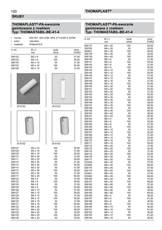 100
ŚRUBY
ThomaPLAST®
THOMAPLAST®-PA-sworznie
gwintowane z rowkiem
Typ: THOMASTABIL-BE-41-4
•	 norma:	 DIN 551, ISO 4766, NFE 27110,NF E 24766
•	 kolor:	 naturalny
•	 materiał:	 Poliamid 6.6
nr art.	 Ø x L	 opak.	 cena
	 mm	 sztuk	 EURO
306102	 M3 x 8	 50	 31,00	
306103	 M3 x 8	 100	 55,00	
306104	 M3 x 10	 50	 31,00	
306105	 M3 x 10	 100	 55,00	
306106	 M3 x 12	 50	 31,00	
	
	
	
	
	
	
	
	
	
	
	
	
	
	
	
	
	
	
	
	
	
	
	
	
	
	
	
	
306107	 M3 x 12	 100	 55,00	
306108	 M3 x 16	 50	 31,00	
306109	 M3 x 16	 100	 55,00	
306110	 M3 x 20	 50	 31,00	
306111	 M3 x 20	 100	 55,00	
306112	 M3 x 25	 50	 31,00	
306113	 M3 x 25	 100	 55,00	
306114	 M3 x 30	 50	 31,00	
306115	 M3 x 30	 100	 55,00	
306116	 M3 x 35	 50	 31,00	
306117	 M3 x 35	 100	 55,00	
306122	 M4 x 6	 50	 31,00	
306123	 M4 x 6	 100	 55,00	
306124	 M4 x 8	 50	 31,00	
306125	 M4 x 8	 100	 55,00	
306126	 M4 x 10	 50	 31,00	
306127	 M4 x 10	 100	 55,00	
306128	 M4 x 12	 50	 31,00	
306129	 M4 x 12	 100	 55,00	
306130	 M4 x 16	 50	 31,00	
306131	 M4 x 16	 100	 55,00	
306132	 M4 x 20	 50	 31,00	
306133	 M4 x 20	 100	 55,00	
306134	 M4 x 25	 50	 35,00	
306135	 M4 x 25	 100	 59,00	
306136	 M4 x 30	 50	 35,00
THOMAPLAST®-PA-sworznie
gwintowane z rowkiem
Typ: THOMASTABIL-BE-41-4
nr art.	 Ø x L	 opak.	 cena
	 mm	 sztuk	 EURO
306137	 M4 x 30	 100	 59,00	
305765	 M4 x 35	 50	 35,00	
305921	 M4 x 35	 100	 59,00	
306138	 M4 x 40	 50	 35,00	
306139	 M4 x 40	 100	 59,00	
306140	 M5 x 6	 50	 31,00	
306141	 M5 x 6	 100	 55,00	
306142	 M5 x 8	 50	 31,00	
306143	 M5 x 8	 100	 55,00	
306144	 M5 x 10	 50	 31,00	
306145	 M5 x 10	 100	 55,00	
306146	 M5 x 12	 50	 31,00	
306147	 M5 x 12	 100	 55,00	
306148	 M5 x 16	 50	 31,00	
306149	 M5 x 16	 100	 55,00	
306150	 M5 x 20	 50	 31,00	
306151	 M5 x 20	 100	 55,00	
306152	 M5 x 25	 50	 31,00	
306153	 M5 x 25	 100	 55,00	
306154	 M5 x 30	 50	 38,00	
306155	 M5 x 30	 100	 65,00	
306156	 M5 x 35	 50	 38,00	
306157	 M5 x 35	 100	 65,00	
306158	 M5 x 40	 50	 38,00	
306159	 M5 x 40	 100	 65,00	
306160	 M5 x 45	 50	 38,00	
306161	 M5 x 45	 100	 65,00	
306162	 M6 x 6	 50	 31,00	
306163	 M6 x 6	 100	 55,00	
306164	 M6 x 8	 50	 31,00	
306165	 M6 x 8	 100	 55,00	
306166	 M6 x 10	 50	 31,00	
306167	 M6 x 10	 100	 55,00	
306168	 M6 x 12	 50	 31,00	
306169	 M6 x 12	 100	 55,00	
306170	 M6 x 16	 50	 31,00	
306171	 M6 x 16	 100	 55,00	
306172	 M6 x 20	 50	 31,00	
306173	 M6 x 20	 100	 55,00	
306174	 M6 x 25	 50	 31,00	
306175	 M6 x 25	 100	 55,00	
306176	 M6 x 30	 50	 31,00	
306177	 M6 x 30	 100	 55,00	
333459	 M6 x 35	 50	 37,00	
333460	 M6 x 35	 100	 68,00	
306178	 M6 x 40	 50	 37,00	
306179	 M6 x 40	 100	 68,00	
333461	 M6 x 45	 50	 37,00	
333462	 M6 x 45	 100	 68,00	
306180	 M6 x 50	 50	 37,00	
306181	 M6 x 50	 100	 68,00	
306182	 M6 x 60	 50	 37,00	
306183	 M6 x 60	 100	 68,00	
306184	 M6 x 80	 50	 49,00	
306185	 M6 x 80	 100	 84,00	
306186	 M8 x 6	 50	 36,00	
306187	 M8 x 6	 100	 61,00	
306188	 M8 x 8	 50	 36,00	
306189	 M8 x 8	 100	 61,00	
306190	 M8 x 10	 50	 36,00	
306191	 M8 x 10	 100	 61,00	
306192	 M8 x 12	 50	 36,00	
306193	 M8 x 12	 100	 61,00	
306194	 M8 x 16	 50	 36,00
30 6102	 30 6102
30 6102	 30 6102
 