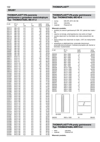 102
ŚRUBY
ThomaPLAST®
THOMAPLAST®-PA-sworznie
gwintowane z gniazdem sześciokątnym
Typ: THOMASTABIL-BE-41-2
nr art.	 Ø x L	 E	 C	 opak.	 cena
	 mm	 mm	 mm	 sztuk	 EURO
305713	 M8 x 20	 4,0	 5,0	 100	 64,00	
305714	 M8 x 25	 4,0	 5,0	 50	 38,00	
305715	 M8 x 25	 4,0	 5,0	 100	 64,00	
305716	 M8 x 30	 4,0	 5,0	 50	 48,00	
305717	 M8 x 30	 4,0	 5,0	 100	 81,00	
305718	 M8 x 35	 4,0	 5,0	 50	 48,00	
305719	 M8 x 35	 4,0	 5,0	 100	 81,00	
305720	 M8 x 40	 4,0	 5,0	 50	 48,00	
305721	 M8 x 40	 4,0	 5,0	 100	 81,00	
305702	 M8 x 45	 4,0	 5,0	 50	 48,00	
305703	 M8 x 45	 4,0	 5,0	 100	 81,00	
305722	 M8 x 50	 4,0	 5,0	 50	 55,00	
305723	 M8 x 50	 4,0	 5,0	 100	 93,00	
306066	 M8 x 60	 4,0	 5,0	 50	 55,00	
306067	 M8 x 60	 4,0	 5,0	 100	 93,00	
306068	 M8 x 80	 4,0	 5,0	 25	 38,00‑	
306069	 M8 x 80	 4,0	 5,0	 50	 66,00	
306070	 M10 x 6	 5,0	 6,0	 50	 57,00	
306071	 M10 x 6	 5,0	 6,0	 100	 98,00	
306072	 M10 x 8	 5,0	 6,0	 50	 57,00	
306073	 M10 x 8	 5,0	 6,0	 100	 98,00	
306074	 M10 x 10	 5,0	 6,0	 50	 57,00	
306075	 M10 x 10	 5,0	 6,0	 100	 98,00	
306076	 M10 x 12	 5,0	 6,0	 50	 57,00	
306077	 M10 x 12	 5,0	 6,0	 100	 98,00	
306078	 M10 x 16	 5,0	 6,0	 25	 34,00	
306079	 M10 x 16	 5,0	 6,0	 50	 59,00	
333355	 M10 x 20	 5,0	 6,0	 25	 34,00	
333356	 M10 x 20	 5,0	 6,0	 50	 59,00	
333357	 M10 x 25	 5,0	 6,0	 25	 34,00	
333358	 M10 x 25	 5,0	 6,0	 50	 59,00	
333359	 M10 x 30	 5,0	 6,0	 25	 42,00	
333360	 M10 x 30	 5,0	 6,0	 50	 71,00	
333361	 M10 x 35	 5,0	 6,0	 25	 42,00	
333362	 M10 x 35	 5,0	 6,0	 50	 71,00	
333363	 M10 x 40	 5,0	 6,0	 25	 42,00	
333364	 M10 x 40	 5,0	 6,0	 50	 71,00	
333365	 M10 x 45	 5,0	 6,0	 25	 48,00	
333366	 M10 x 45	 5,0	 6,0	 50	 81,00	
333367	 M10 x 50	 5,0	 6,0	 25	 48,00	
333368	 M10 x 50	 5,0	 6,0	 50	 81,00	
333369	 M10 x 60	 5,0	 6,0	 25	 48,00	
333370	 M10 x 60	 5,0	 6,0	 50	 81,00	
333371	 M10 x 80	 5,0	 6,0	 25	 57,00	
333372	 M10 x 80	 5,0	 6,0	 50	 94,00	
333373	 M12 x 16	 6,0	 8,0	 25	 43,00	
333374	 M12 x 16	 6,0	 8,0	 50	 73,00	
333375	 M12 x 20	 6,0	 8,0	 25	 43,00	
333376	 M12 x 20	 6,0	 8,0	 50	 73,00	
333377	 M12 x 25	 6,0	 8,0	 25	 47,00	
333378	 M12 x 25	 6,0	 8,0	 50	 78,00	
333379	 M12 x 30	 6,0	 8,0	 25	 47,00	
333380	 M12 x 30	 6,0	 8,0	 50	 78,00	
333381	 M12 x 35	 6,0	 8,0	 25	 52,00	
333382	 M12 x 35	 6,0	 8,0	 50	 86,00	
333383	 M12 x 40	 6,0	 8,0	 25	 52,00	
333384	 M12 x 40	 6,0	 8,0	 50	 86,00	
333385	 M12 x 45	 6,0	 8,0	 25	 52,00	
333386	 M12 x 45	 6,0	 8,0	 50	 86,00	
333387	 M12 x 50	 6,0	 8,0	 25	 59,00	
333388	 M12 x 50	 6,0	 8,0	 50	 99,00	
333389	 M12 x 60	 6,0	 8,0	 25	 59,00	
333390	 M12 x 60	 6,0	 8,0	 50	 99,00	
333391	 M12 x 80	 6,0	 8,0	 20	 51,00	
333392	 M12 x 80	 6,0	 8,0	 40	 91,00
THOMAPLAST®-PA-pręty gwintowane
Typ: THOMASTABIL-BE-42-4
	
•	 norma:	 DIN 975, NF E 25-136
•	 kolor:	 naturalny
•	 materiał:	 Poliamid 6.6
Własności produktu:
•	 podobny do sworzni gwintowanych DIN  551, jednak bez rowka i
łba
•	 odporny na korozję, antymagnetyczny oraz wolny od drgań
•	 wysoka odporność na chemikalia oraz niska przewodność cie-
plna
•	 dobra izolacja oraz odporność na ciepło ( -30°C do maksymalnie
150°C)
•	 sprawdzony w elektrotechnice, przemyśle chemicznym,
przemyśle samochodowym i budowie przyrządów, jak również w
lotnictwie i budownictwie
nr art.	 Ø x L	 opak.	 cena
	 mm	 sztuk	 EURO
306330	 M4 x 1000	 5	 86,00	
306331	 M4 x 1000	 10	 158,00	
306332	 M5 x 1000	 5	 70,00	
306333	 M5 x 1000	 10	 130,00	
306334	 M6 x 1000	 5	 70,00	
306335	 M6 x 1000	 10	 130,00	
306336	 M8 x 1000	 5	 70,00	
306337	 M8 x 1000	 10	 130,00	
306338	 M10 x 1000	 5	 76,00	
306339	 M10 x 1000	 10	 140,00	
306340	 M12 x 1000	 5	 76,00	
306341	 M12 x 1000	 10	 140,00	
306342	 M14 x 1000	 5	 104,00	
306343	 M14 x 1000	 10	 190,00	
306344	 M16 x 1000	 5	 116,00	
306345	 M16 x 1000	 10	 214,00	
306346	 M18 x 1000	 5	 132,00	
306347	 M18 x 1000	 10	 240,00	
306348	 M20 x 1000	 5	 168,00	
306349	 M20 x 1000	 10	 308,00	
306350	 M24 x 1000	 5	 228,00	
306351	 M24 x 1000	 10	 308,00	
306352	 M30 x 1000	 5	 334,00
	
306353	 M30 x 1000	 10	 556,00
THOMAPLAST®-PA-pręty gwintowane
Typ: THOMASTABIL-WRT-5-2
	
•	 kolor:	 naturalny
•	 materiał:	 Poliamid 6.6
Własności produktu:
30 6330	 30 6330
 