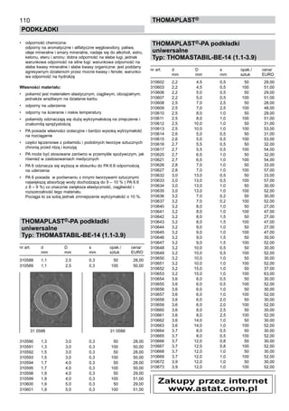 110
PODKŁADKI
ThomaPLAST®
•	 odporność chemiczna:	 	
odporny na aromatyczne i alifatyczne węglowodory, paliwa,
oleje mineralne i smary mineralne, nadaje się do alkoholi, estru,
ketonu, eteru i aminu: dobra odporność na słabe ługi, jednak
warunkowa odporność na silne ługi: warunkowa odporność na
słabe kwasy mineralne i słabe kwasy organiczne: jest poddany
agresywnym działaniom przez mocne kwasy i fenole; warunko-
wa odporność na hydrolizę
	 	
Własności materiału:
•	 poliamid jest materiałem elastycznym, ciągliwym, obciążalnym,
jednakże wrażliwym na działanie karbu
•	 odporny na uderzenia
•	 odporny na ścieranie i niskie temperatury
•	 poliamidy odznaczają się dużą wytrzymałością na zmęczenie i
znakomitą sprężystością
•	 PA posiada własności izolacyjne i bardzo wysoką wytrzymałość
na rozciąganie
•	 części łączeniowe z poliamidu i podobnych tworzyw sztucznych
chronią przed rdzą i korozją
•	 PA może być stosowane zarówno w przemyśle spożywczym, jak
również w zastosowaniach medycznych
•	 PA 6 odznacza się wyższą w stosunku do PA 6.6 odpornością
na uderzenia
•	 PA 6 posiada  w porównaniu z innymi tworzywami sztucznymi  
największą absorbcję wody dochodzącą do 9 – 10 % ( PA 6.6
z 8 – 9 %) co znacznie zwiększa elastyczność, ciągliwość i
rozszerzalność tego materiału. 	
Pociąga to za sobą jednak zmniejszenie wytrzymałość o 10 %.
THOMAPLAST®-PA podkładki
uniwersalne
Typ: THOMASTABIL-BE-14 (1.1-3.9)
nr art.	 d	 D	 s	 opak./	 cena/
	 mm	 mm 	 mm	 sztuk	 EURO
310588	 1,1	 2,5	 0,3	 50	 28,00	
310589	 1,1	 2,5	 0,3	 100	 50,00	
	
	
	
	
	
	
	
	
	
	
	
310590	 1,3	 3,0	 0,3	 50	 28,00
310591	 1,3	 3,0	 0,3	 100	 50,00
310592	 1,5	 3,0	 0,3	 50	 28,00
310593	 1,5	 3,0	 0,3	 100	 50,00
310594	 1,7	 4,0	 0,3	 50	 28,00
310595	 1,7	 4,0	 0,3	 100	 50,00
310598	 1,9	 4,0	 0,3	 50	 29,00
310599	 1,9	 4,0	 0,3	 100	 51,00
310600	 1,9	 5,0	 0,3	 50	 29,00
310601	 1,9	 5,0	 0,3	 100	 51,00
THOMAPLAST®-PA podkładki
uniwersalne
Typ: THOMASTABIL-BE-14 (1.1-3.9)
nr art.	 d	 D	 s	 opak./	 cena/
	 mm	 mm 	 mm	 sztuk	 EURO
310602	 2,2	 4,5	 0,5	 50	 29,00
310603	 2,2	 4,5	 0,5	 100	 51,00
310606	 2,2	 5,0	 0,5	 50	 29,00
310607	 2,2	 5,0	 0,5	 100	 51,00
310608	 2,5	 7,0	 2,5	 50	 28,00
310609	 2,5	 7,0	 2,5	 100	 48,00
310610	 2,5	 8,0	 1,0	 50	 29,00
310611	 2,5	 8,0	 1,0	 100	 51,00
310612	 2,5	 10,0	 1,0	 50	 31,00
310613	 2,5	 10,0	 1,0	 100	 53,00
310614	 2,6	 5,0	 0,5	 50	 31,00
310615	 2,6	 5,0	 0,5	 100	 53,00
310616	 2,7	 5,5	 0,5	 50	 32,00
310617	 2,7	 5,5	 0,5	 100	 54,00
310620	 2,7	 6,5	 1,0	 50	 32,00
310621	 2,7	 6,5	 1,0	 100	 54,00
310626	 2,8	 7,0	 1,0	 50	 33,00
310627	 2,8	 7,0	 1,0	 100	 57,00
310632	 3,0	 13,0	 0,5	 50	 33,00
310633	 3,0	 13,0	 0,5	 100	 57,00
310634	 3,0	 13,0	 1,0	 50	 30,00
310635	 3,0	 13,0	 1,0	 100	 52,00
310636	 3,2	 7,0	 0,2	 50	 30,00
310637	 3,2	 7,0	 0,2	 100	 52,00
310640	 3,2	 8,0	 1,0	 50	 27,00
310641	 3,2	 8,0	 1,0	 100	 47,00
310642	 3,2	 8,0	 1,5	 50	 27,00
310643	 3,2	 8,0	 1,5	 100	 47,00
310644	 3,2	 9,0	 1,0	 50	 27,00
310645	 3,2	 9,0	 1,0	 100	 47,00
310646	 3,2	 9,0	 1,5	 50	 30,00
310647	 3,2	 9,0	 1,5	 100	 52,00
310648	 3,2	 10,0	 0,5	 50	 30,00
310649	 3,2	 10,0	 0,5	 100	 52,00
310650	 3,2	 10,0	 1,0	 50	 30,00
310651	 3,2	 10,0	 1,0	 100	 52,00
310652	 3,2	 15,0	 1,0	 50	 37,00
310653	 3,2	 15,0	 1,0	 100	 63,00
310654	 3,6	 6,0	 0,5	 50	 30,00
310655	 3,6	 6,0	 0,5	 100	 52,00
310656	 3,6	 6,0	 1,0	 50	 30,00
310657	 3,6	 6,0	 1,0	 100	 52,00
310658	 3,6	 6,0	 2,0	 50	 30,00
310659	 3,6	 6,0	 2,0	 100	 52,00
310660	 3,6	 8,0	 2,5	 50	 30,00
310661	 3,6	 8,0	 2,5	 100	 52,00
310662	 3,6	 14,0	 1,0	 50	 30,00
310663	 3,6	 14,0	 1,0	 100	 52,00
310664	 3,7	 8,0	 0,5	 50	 30,00
310665	 3,7	 8,0	 0,5	 100	 52,00
310666	 3,7	 12,0	 0,8	 50	 30,00
310667	 3,7	 12,0	 0,8	 100	 52,00
310668	 3,7	 12,0	 1,0	 50	 30,00
310669	 3,7	 12,0	 1,0	 100	 52,00
310672	 3,9	 12,0	 1,0	 50	 30,00
310673	 3,9	 12,0	 1,0	 100	 52,00
31 0588	 31 0588
Zakupy przez internet
www.astat.com.pl
 