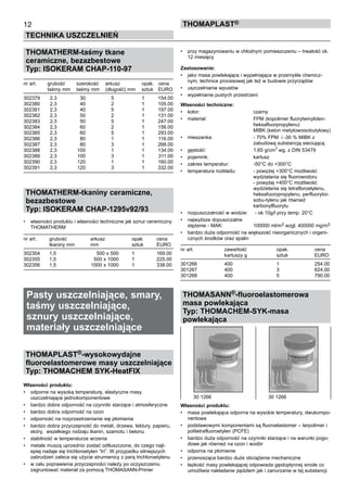 THOMATHERM-taśmy tkane
ceramiczne, bezazbestowe
Typ: ISOKERAM CHAP-110-97
nr art.	 grubość	 szerokość	 arkusz	 opak. 	 cena
	 taśmy mm	 taśmy mm	 (długość) mm	 sztuk	 EURO
302379	 2,3	 30	 5	 1	 154.00
302380	 2,3	 40	 2	 1	 105.00
302381	 2,3	 40	 5	 1	 197.00
302382	 2,3	 50	 2	 1	 131.00
302383	 2,3	 50	 5	 1	 247.00
302384	 2,3	 60	 2	 1	 156.00
302385	 2,3	 60	 5	 1	 293.00
302386	 2,3	 80	 1	 1	 116.00
302387	 2,3	 80	 3	 1	 268.00
302388	 2,3	 100	 1	 1	 134.00
302389	 2,3	 100	 3	 1	 311.00
302390	 2,3	 120	 1	 1	 160.00
302391	 2,3	 120	 3	 1	 332.00
THOMATHERM-tkaniny ceramiczne,
bezazbestowe
Typ: ISOKERAM CHAP-1295v92/93
•	 własności produktu i własności techniczne jak sznur ceramiczny
THOMATHERM
nr art.	 grubość	 arkusz	 opak.	 cena
	 tkaniny mm	 mm	 sztuk	 EURO
302354	 1,5	 500 x 500	 1	 169.00
302355	 1,5	 500 x 1000	 1	 225.00
302356	 1,5	 1000 x 1000	 1	 338.00
Pasty uszczelniające, smary,
taśmy uszczelniające,
sznury uszczelniające,
materiały uszczelniające
THOMAPLAST®-wysokowydajne
fluoroelastomerowe masy uszczelniające
Typ: THOMACHEM SYK-HeatFIX
Własności produktu:
•	 odporne na wysoką temperaturę, elastyczne masy
uszczelniające jednokomponentowe  
•	 bardzo dobra odporność na czynniki starzące i atmosferyczne
•	 bardzo dobra odporność na ozon
•	 odporność na rozprzestrzenianie się płomienia
•	 bardzo dobra przyczepność do metali, drzewa, tektury, papieru,
skóry,  wszelkiego rodzaju tkanin, szamotu i betonu
•	 stabilność w temperaturze wrzenia
•	 metale muszą uprzednio zostać odtłuszczone, do czego najl-
epiej nadaje się trichloroetylen “tri”. W przypadku silniejszych
zabrudzeń zaleca się użycie strumienicy z parą trichloroetylenu
•	 w celu poprawienia przyczepności należy po oczyszczeniu
zagruntować materiał za pomocą THOMASANN-Primer
•	 przy magazynowaniu w chłodnym pomieszczeniu – trwałość ok.
12 miesięcy
Zastosowanie:
•	 jako masa powlekająca i wypełniająca w przemyśle chemicz-
nym, technice procesowej jak też w budowie przyrządów
•	 uszczelnianie wpustów
•	 wypełnianie pustych przestrzeni
Własności techniczne:
•	 kolor:	 czarny
•	 materiał:	 FPM (kopolimer fluorytwinyliden-	
		 heksafluorpropylenu)	
		 MIBK (keton metylowoisobutylowy)
•	 mieszanka:	 - 70% FPM  i -30 % MIBK z 	
		 zabudową substancją sieciującą
•	 gęstość:	 1,65 g/cm
3
wg. z DIN 53479
•	 pojemnik:	 kartusz
•	 zakres temperatur:	 -50°C do +300°C
•	 temperatura rozkładu:	 - powyżej +300°C możliwość 	
		 wydzielania się fluorowodoru	
		 - powyżej +400°C możliwość 	
		 wydzielania się tetrafloroelylenu, 	
		 heksafuoropropylenu, perfluorytoi-	
		 sobu-tylenu jak również  	
		 karbonylfluorytu
•	 rozpuszczalność w wodzie:	 - ok.10g/l przy temp. 20°C
•	 najwyższe dopuszczalne 	
stężenie - MAK:	 100000 ml/m3 wzgl. 400000 mg/m3
•	 bardzo duża odporność na większość nieorganicznych i organi-
cznych środków oraz spalin
nr art.	 zawartość	 opak.	 cena
	 kartuszy g	 sztuk	 EURO
301266	 400	 1	 254.00
301267	 400	 3	 624.00
301268	 400	 5	 790.00
THOMASANN®-fluoroelastomerowa
masa powlekająca
Typ: THOMACHEM-SYK-masa
powlekająca
Własności produktu:
•	 masa powlekająca odporna na wysokie temperatury, dwukompo-
nentowa
•	 podstawowymi komponentami są fluoroelastomer – terpolimer i
politetrafluoroetylen (PCFE)
•	 bardzo duża odporność na czynniki starzące i na warunki pogo-
dowe jak również na ozon i wodór
• 	 odporna na płomienie  
•	 przenosząca bardzo duże obciążenia mechaniczne
•	 lepkość masy powlekającej odpowiada gęstopłynnej smole co
umożliwia nakładanie pędzlem jak i zanurzanie w tej substancji.
12
TECHNIKA USZCZELNIEŃ
ThomaPLAST®
30 1266	 30 1266
 