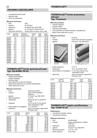 •	 uszczelnienie przed kurzem
•	 zgarniacz oleju
•	 tarcze do polerowania
Własności techniczne:
•	 kolor:	 biały
•	 materiał:	 filc wełniany
•	 wykonanie:	 prasowana wg. DIN 61206
•	 gęstość:	 ok. 0,36 g/cm
3
wg DIN 53 479
•	 odporność chemiczna:	 bardzo dobra na wodę, smary, oleje
nr art.	 grubość	 tolerancja	 arkusz	 opak.	 cena
	 mat. mm	 grubości mm	 mm	 sztuk	 EURO
300976 	 4,0 	 +/- 1,0 	 375 x 500 	 1 	 93.00
300977 	 5,0 	 +/- 1,2 	 375 x 500 	 1 	 116.00
300978 	 6,0 	 +/- 1,5 	 375 x 500 	 1 	 123.00
300979 	 8,0 	 +/- 1,5 	 375 x 500 	 1 	 146.00
300980 	 10,0 	 +/- 2,0 	 375 x 500 	 1 	 167.00
300981 	 12,0 	 +/- 2,0 	 375 x 500 	 1 	 202.00
300982 	 15,0 	 +/- 2,0 	 375 x 500 	 1 	 218.00
300983 	 20,0 	 +/- 2,0 	 375 x 500 	 1 	 254.00
300984 	 4,0 	 +/- 1,0 	 500 x 750 	 1 	 151.00
300985 	 5,0 	 +/- 1,2 	 500 x 750 	 1 	 182.00
300986 	 6,0 	 +/- 1,5 	 500 x 750 	 1 	 202.00
300987 	 8,0 	 +/- 1,5 	 500 x 750 	 1 	 233.00
300988 	 10,0 	 +/- 2,0 	 500 x 750 	 1 	 261.00
300989 	 12,0 	 +/- 2,0 	 500 x 750 	 1 	 289.00
300990 	 15,0 	 +/- 2,0 	 500 x 750 	 1 	 325.00
300991 	 20,0 	 +/- 2,0 	 500 x 750 	 1 	 351.00
THOMAPLAST®-korek gumowy-arkusze
Typ: GU-KORK PR 82
Własności produktu:
•	 materiał uszczelniający	
•	 materiał izolacyjny
•	 tłumienie drgań
•	 duża odporność na czynniki starzące
•	 bardzo dobra odporność na czynniki atmosferyczne
•	 dobra odporność na ozon
Własności techniczne:
•	 kolor:	 czerwono-brunatny
•	 materiał:	 korek, PUR (poliuretan) 	
		 związany
•	 gęstość:	 0,77 g/cm3
wg. DIN 53479
•	 zakres temperatur:	 +110 °C
•	 sprężystość:	 80,5 % do 83,3 % wg ASTM 	
		 F 36 B
•	 ściśliwość:	 33,5 % do 36 % przy 400 psi  	
		 (moc indukowana w kM)
•	 wytrzymałość na rozciąganie:	 1,7- 1,9 N/mm2  
•	 odporność:	 dobra na benzynę i oleje jak też 	
		 na kwasy i ługi
nr art.	 grubość	 arkusz	 opak.	 cena
	 mat. mm	 mm	 sztuk	 EURO
300737 	 1,0 	 500 x 500 	 1 	 69.00
300738 	 1,5 	 500 x 500 	 1 	 71.00
300739 	 2,0 	 500 x 500 	 1 	 75.00
300740 	 2,5 	 500 x 500 	 1 	 79.00
300741 	 3,0 	 500 x 500 	 1 	 83.00
300742 	 1,0 	 1000 x 1000 	 1 	 86.00
300743 	 1,5 	 1000 x 1000 	 1 	 90.00
300744 	 2,0 	 1000 x 1000 	 1 	 105.00
300745 	 2,5 	 1000 x 1000 	 1 	 115.00
300746 	 3,0 	 1000 x 1000 	 1 	 124.00
THOMAPLAST®-korek prasowany-
arkusze
Typ: Presskork
Własności produktu:
•	 materiał izolacyjny
•	 tłumienie drgań
•	 materiał uszczelniający	
•	 duża odporność na czynniki starzące i atmosferyczne
•	 bardzo dobra odporność na ozon
Własności techniczne:
•	 kolor:	 brunatny
•	 materiał:	 korek, PUR (poliuretan) związany
•	 gęstość:	 0,55 g/cm
3
wg. DIN 53479
•	 zakres temperatur:	 +110 °C
•	 sprężystość:	 70 %  wg. ASTM F 36 B
•	 wytrzymałość na rozciąganie:	 5 -15 % przy 300 psi (moc	
		 indukowana w kM)
•	 odporność:	 dobra na benzynę i oleje jak też 	
		 na kwasy i ługi
nr art.	 grubość	 arkusz	 opak.	 cena
	 mat. mm	 mm	 sztuk	 EURO
300747 	 1,0 	 500 x 500 	 1 	 69.00
300748 	 1,5 	 500 x 500 	 1 	 72.00
300749 	 2,0 	 500 x 500 	 1 	 75.00
300750 	 2,5 	 500 x 500 	 1 	 79.00
300751 	 3,0 	 500 x 500 	 1 	 83.00
300752 	 1,0 	 1000 x 1000 	 1 	 86.00
300753 	 1,5 	 1000 x 1000 	 1 	 90.00
300754 	 2,0 	 1000 x 1000 	 1 	 105.00
300755 	 2,5 	 1000 x 1000 	 1 	 115.00
300756 	 3,0 	 1000 x 1000 	 1 	 124.00
THOMAPLAST®-papier parafinowany
Typ: CHAP 81-97
Zastosowanie:
•	 uszczelnienie obudów i pokryw	
•	 uszczelnienie kołnierzy
Własności techniczne:
•	 kolor:	 jasnobrunatny
•	 materiał:	 papier impregnowany z włókien 	
		 roślinnych
•	 wykonanie:	 prasowany
•	 gęstość:	 0,8 g/cm
3
wg. DIN 53479
•	 tolerancja grubości:	 -5 % do +10 %
•	 zakres ciśnienia:	 8 bar (max.)
20
TECHNIKA USZCZELNIEŃ
ThomaPLAST®
30 0737    30 0747    	 30 0992 (patrz str. 21)
 