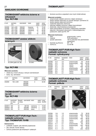 27
NAKŁADKI OCHRONNE
ThomaPLAST®
THOMASANN®-włóknina ścierna w
arkuszach
Typ: RCT-RB
nr art.	 wymiary	 ziarnistość	 kolor	 opak./	 cena
	 mm	 	 	 sztuk	 EURO
332395	 152 x 229	 180/220	 brązowy	 10	 70.00
332396	 152 x 229	 320/360	 czerwony	 5	 34.00
332397	 152 x 229	 320/360	 czerwony	 10	 62.00
332398	 152 x 229	 500/600	 szary	 5	 34.00
332399	 152 x 229	 500/600	 szary	 10	 62.00
	
THOMASANN®-zestaw włóknin
ściernych
Typ: RCT-RB
Własności produktu:
•	 składa się z trzech arkuszy o różnych ziarnistościach
•	 kolory: wg  ziarnistości
nr art.	 wymiary	 ziarnistość	 opak./	 cena
	 mm	 	 sztuk	 EURO
332400	 152 x 229	 180/220	 3	 34.00
	 	 320/360
	 	 500/600
THOMASANN®-włóknina ścierna
na roli
Typ: RCT-RB
nr art.	 szerokość	 długość	 ziarnistość	 kolor 	 opak./	 cena
	 na rolce 	 na rolce	 	 	 sztuk	 EURO
	 mm	 m
3324011	 100	 10	 80/100	 czerwony	 1	 72.00
3324021	 100	 10	 320/360	 czerwony	 1	 72.00
3324031	 100	 10	 400/500	 szary	 1	 72.00
THOMAPLAST®-PUR-High-Tech-
nakładki ochronne
Typ: THOMAPUR 70-RB
Zastosowania:
•	 podkładki urządzeń, jako elementy dystansowe
•	 jako zderzaki, tłumiki wibracji
•	 ochrona powierzchni płyt akrylowych i szklanych
•	 tłumienie szumów w pojazdach oraz innych źródeł wibracji
Własności produktu:
•	 przezroczyste nakładki ochronne z klejem akrylowym
•	 bardzo wysoka odporność na czynniki starzące i promienie UV
•	 bardzo wysoka odporność termiczna
•	 znakomita odporność chemiczna
•	 kolorowe nakładki ochronne z klejem kauczukowym
•	 doskonała, natychmiastowa przyczepność
•	 dobra wytrzymałość na ścinanie z większością materiałów,
włącznie z tworzywami sztucznymi o niskoenergetycznej 	
powierzchni, takimi jak PE i PP
Własności techniczne:
•	 kolor:	 przezroczysty i czarny
•	 materiał:	 PUR (poliuretan)
•	 sposób wykonania:	 100 % poliuretan bez jakichkolwiek 	
		 wypełniaczy
•	 twardość wg Shore’a:	 60° - 70°
•	 norma UL:	 UL 94 HB
THOMAPLAST®-PUR-High-Tech-
nakładki ochronne
Format: cylindryczny
nr art.	 średnica	 wysokość	 kolor 	 opak./	 cena/
	 mm	 mm	 	 sztuk	 EURO
332356	 12,7	 3,5	 przezroczysty	 50	 44.00
332357	 12,7	 3,5	 przezroczysty	 200	 122.00
332358	 12,7	 3,5	 czarny	 50	 44.00
332359	 12,7	 3,5	 czarny	 200	 122.00
332360	 12,7	 6,3	 przezroczysty	 50	 50.00
332361	 12,7	 6,3	 przezroczysty	 200	 160.00
332362	 19,1	 4,1	 czarny	 24	 66.00
332363	 19,1	 4,1	 czarny	 98	 196.00
THOMAPLAST®-PUR-High-Tech-
nakładki ochronne
Format: półkula
nr art.	 średnica	 wysokość	 kolor 	 opak./	 cena/
	 mm	 mm	 	 sztuk	 EURO
332364	 6,4	 1,6	 przezroczysty	 72	 36.00
332365	 6,4	 1,6	 przezroczysty	 288	 108.00
332368	 7,9	 2,2	 przezroczysty	 50	 30.00
332369	 7,9	 2,2	 przezroczysty	 200	 88.00
332370	 7,9	 2,2	 czarny	 50	 30.00
332371	 7,9	 2,2	 czarny	 200	 88.00
332372	 11,1	 5,1	 przezroczysty	 60	 48.00
332373	 11,1	 5,1	 przezroczysty	 242	 138.00
332374	 11,1	 5,1	 czarny	 60	 48.00
332375	 11,1	 5,1	 czarny	 242	 138.00
33 2394 (patrz str. 26)	 33 2401
33 2356	 33 2364
 