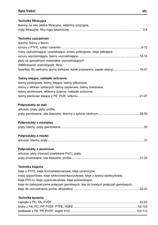 Spis treści	 str.
Technika filtracyjna
tkaniny na sita, płótna filtracyjne, włókniny sorpcyjne,	
maty filtracyjne, filtry mgły lakierniczej.....................................................................................    2-6
Technika uszczelnień
tkaniny, taśmy z tkanin	
sznury z PTFE, szkła i ceramiki.................................................................................................6-12
masy uszczelniające i powlekające, smary poślizgowe, oleje pełzające	
sznury uszczelniające, taśmy uszczelniające..........................................................................12-15
płyty ze specjalnych materiałów uszczelniających	
(NBR/aramid, aramid/grafit, fibra,	
faserflex, filc wełniany, guma korkowa, korek prasowany, papier olejny)................................16-21
Taśmy klejące, nakładki ochronne
taśmy poślizgowe, taśmy klejące, taśmy silikonowe,	
taśmy z włókien szklanych, taśmy papierowe, taśmy miedziane,	
taśmy aluminiowe, włókniny ścierne, nakładki ochronne,	
taśmy piankowe klejące z PE, PUR, silikonu...........................................................................21-27
Półprodukty ze stali
arkusze, pręty, płyty, profile,	
pręty gwintowane, sita blaszane, tkaniny o splocie skośnym..................................................28-30
Półprodukty z mosiądzu
pręty, blachy, pręty gwintowane....................................................................................................30
Półprodukty z miedzi
arkusze, blachy, pręty....................................................................................................................31
Półprodukty z aluminium
arkusze, płyty (również powlekane PVC), pręty,	
pręty prostokątne, sita blaszane, profile..................................................................................31-32
Technika klejenia
kleje z PTFE, kleje fluoroelastomerowe, kleje ceramiczne	
masy szpachlowe, kleje silokonowo-kauczukowe, kleje z żywicy epoksydowej,	
kleje PVC-U, kleje cyjano-akrylowe, kleje przewodzące,	
kleje do zabezpieczania połączeń gwintowych, klej do trwałych połączeń gwintowych,	
kleje do uszczelnienia porów, aktywatory ...............................................................................32-43
Technika łączenia
nakrętki z PC, PA, PVDF......................................................................................................... 43-53
śruby z PA, PC, PP, PVDF, PTFE, HDPE............................................................................. 53-103
podkładki z PA, PP, PVDF, miękki PVC.............................................................................. 103-113
 