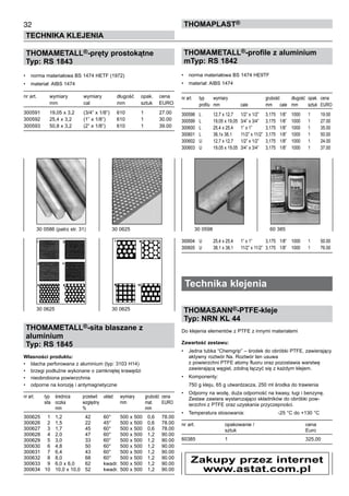 32
TECHNIKA KLEJENIA
ThomaPLAST®
THOMAMETALL®-pręty prostokątne
Typ: RS 1843
•	 norma materiałowa BS 1474 HETF (1972)
•	 materiał: AIBS 1474
nr art.	 wymiary	 wymiary	 długość	 opak.	 cena
	 mm	 cal	 mm	 sztuk	 EURO
300591	 19,05 x 3,2	 (3/4” x 1/8”)	 610	 1	 27.00
300592	 25,4 x 3,2	 (1” x 1/8”)	 610	 1	 30.00
300593	 50,8 x 3,2	 (2” x 1/8”)	 610	 1	 39.00
THOMAMETALL®-sita blaszane z
aluminium
Typ: RS 1845
Własności produktu:
•	 blacha perforowana z aluminium (typ: 3103 H14)
•	 brzegi podłużne wykonane o zamkniętej krawędzi
•	 nieobrobiona powierzchnia
•	 odporne na korozję i antymagnetyczne
nr art.	 typ	 średnica	 prześwit	 układ	 wymiary	 grubość	 cena
	 sita	 oczka 	 względny 	 	 mm	 mat.	 EURO
	 	 mm	 %	 	 	 mm	
300625	 1	 1,2	 42	 60°	 500 x 500	 0,6	 78.00
300626	 2	 1,5	 22	 45°	 500 x 500	 0,6	 78.00
300627	 3	 1,7	 45	 60°	 500 x 500	 0,6	 78.00
300628	 4	 2,0	 47	 60°	 500 x 500	 1,2	 90.00
300629	 5	 3,0	 33	 60°	 500 x 500	 1,2	 90.00
300630	 6	 4,8	 50	 60°	 500 x 500	 1,2	 90.00
300631	 7	 6,4	 43	 60°	 500 x 500	 1,2	 90.00
300632	 8	 8,0	 68	 60°	 500 x 500	 1,2	 90.00
300633	 9	 6,0 x 6,0	 62	 kwadr.	 500 x 500	 1,2	 90.00
300634	 10	 10,0 x 10,0	 52	 kwadr.	 500 x 500	 1,2	 90.00
THOMAMETALL®-profile z aluminium
mTyp: RS 1842
•	 norma materiałowa BS 1474 HE9TF
•	 materiał: AIBS 1474
nr art.	 typ	 wymiary	 	 grubość	 długość	 opak.	 cena
	 profilu	 mm	 cale	 mm	 cale	 mm	 sztuk	 EURO
300598	 L	 12,7 x 12,7	 1/2” x 1/2”	 3,175	 1/8”	 1000	 1	 19.00
300599	 L	 19,05 x 19,05	 3/4” x 3/4”	 3,175	 1/8”	 1000	 1	 27.00
300600	 L	 25,4 x 25,4	 1” x 1”	 3,175	 1/8”	 1000	 1	 35.00
300601	 L	 38,1x 38,1	 11/2” x 11/2”	 3,175	 1/8”	 1000	 1	 50.00
300602	 U	 12,7 x 12,7	 1/2” x 1/2”	 3,175	 1/8”	 1000	 1	 24.00
300603	 U	 19,05 x 19,05	 3/4” x 3/4”	 3,175	 1/8”	 1000	 1	 37.00
300604	 U	 25,4 x 25,4	 1” x 1”	 3,175	 1/8”	 1000	 1	 50.00
300605	 U	 38,1 x 38,1	 11/2” x 11/2”	 3,175	 1/8”	 1000	 1	 76.00
Technika klejenia
THOMASANN®-PTFE-kleje
Typ: NRN KL 44
Do klejenia elementów z PTFE z innymi materiałami
Zawartość zestawu:
•	 Jedna tubka “Chemgrip” – środek do obróbki PTFE, zawierający
aktywny roztwór Na. Roztwór ten usuwa 	
z powierzchni PTFE atomy fluoru oraz pozostawia warstwę
zawierającą węgiel, zdolną łączyć się z każdym klejem.
•	 Komponenty:
	 750 g kleju, 65 g utwardzacza, 250 ml środka do trawienia
•	 Odporny na wodę, duża odporność na kwasy, ługi i benzynę.
Zestaw zawiera wystarczająco składników do obróbki pow-
ierzchni z PTFE oraz uzyskania przyczepności.
•	 Temperatura stosowania:	 -25 °C do +130 °C
                        
nr art.	 opakowanie / 	 cena
	 sztuk	 Euro
60385	 1	 325,00
30 0586 (patrz str. 31)	 30 0625
30 0625	 30 0625
30 0598	 60 385
Zakupy przez internet
www.astat.com.pl
 