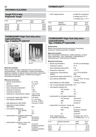 39
TECHNIKA KLEJENIA
ThomaPLAST®
Tangit PVC-U-klej
Pojemmik Tangit
nr art.	 zawartość 	 opak./	 cena
	 g	 sztuk	 Euro
350154	 125	 1	 26,00
350155	 250	 1	 36,00
350156	 500	 1	 60,00
350157	 1000	 1	 116,00
THOMASANN®-High-Tech-klej estro-
cyjanoakrylowy
Typ: CYANOLIT®-2201CP
Własności produktu:
Bardzo szybko twardnący, rzadkopłynny klej na bazie kwasu
cyjanoakrylowego  - estru metylowego o wybitnej przenikalności
kapilarnej, specjalnie do klejenia tworzyw sztucznych z tworzywami
sztucznymi i tworzyw sztucznych z metalami przy wstępnie 	
zmontowanych systemach.
Własności techniczne:
• 	 lepkość wg Brookfield`a:	 ok. 2 mPa
• 	 gęstość:	 	 1,01 g/cm2	
• 	 temperatura zapłonu:	 83 °C
•	 klasa niebezpieczeństwa(VbF):	 A III
•	 współczynnik złamania:	 1,845
•	 temperatura mięknienia:	 >175 °C
•	 współczynnik rozszerzalności cieplnej:	 1,26 x 10-4/K 	
		 	 (ASTM-D-695
• 	 przewodność cieplna (DIN 52612/1):	 0,25 W/mK
•	 opór właściwy (DIN53482):	 6,1 x 10-4 Ohm 	
		 	 cm² (przy 10 MHz)
•	 stała dielektryczna (DIN 53480):	 3,50 (przy 10 MHz)
•	 odporność na prądy pełzające 	
(DIN 53480):	 	 KA 1
•	 czas wiązania sklejenia dla:	
		 PVC (twardy)	 7 s	
		 ABS	 12 s	
		 PA	 20 s
•	 wytrzymałość na rozciąganie sklejenia dla:	
		 PVC (twardy)	 35,5 N/mm2 	
		
ABS	 18,4 N/mm2 	
		
PA	 8,2 N/mm2
•	 wytrzymałość na ścinanie / rozryw. dla:	
		 PVC (twardy)	 5,5 N/mm2 	
		 	
(zerwanie materiału)	
		 ABS	 5,4 N/mm2 	
		 	
(zerwanie materiału)	
		 PA	 4,3 N/mm2
•	 okres magazynowania:	 w pojemniku oryginalnym:
	 		 	 6 miesięcy przy +20 °C
	 		 	 12 miesięcy przy < +5 °C
nr art.	 wielkość 	 opak./	 cena
	 pojemnika g	 sztuk	 Euro
45417	 2	 2	 33,00
45418	 20	 1	 60,00
45420	 500	 1	 335,00
THOMASANN®-High-Tech-klej estro-
cyjanoakrylowy
Typ: CYANOLIT®-2241CPM
Zastosowanie:
Bardzo mocne łączenie tworzyw sztucznych z tworzywami 	
sztucznymi i tworzyw sztucznych z metalami.
Własności produktu:
Klej o uniwersalnym zastosowaniu, szybko twardnący, na bazie
kwasu cyjanoakrylu - estru metylowego z niską lepkością i o 	
wybitnej płynności i właściwościach skraplania.
Własności techniczne:
•	 lepkość wg Brookfield`a:	 40 mPa (nie stwardnięty)
•	 temperatura zapłonu:	 83 °C
•	 klasa niebezpieczeństwa(VbF):	 A III
•	 temperatura mięknienia:	 >175 °C
•	 współczynnik rozszerzalności 	 1,2 x 10-4/K (ASTM-D-	
cieplnej:	 695)
•	 przewodność cieplna (DIN 52612/1):	 0,25 W/mK
•	 opór właściwy (DIN53482):	 6,1 x 10-4 Ohm cm² (przy	
		 10 MHz)
•	 stała dielektryczna (DIN 53480):	 3,50 (przy 10 MHz)
•	 odp. na prądy pełzające (DIN 53480):	 KA 1
•	 czas wiązania sklejenia dla:
	 		 PVC (twardy)	 8 s
	 		 ABS	 12 s
	 		 PA	 20 s
•	 wytrzymałość na rozciąganie sklejenia dla:
	 		 PVC (twardy)	 35,6 N/mm2
	 		
ABS	 18,5 N/mm2
	 		
PA	 8,6 N/mm2
•	 wytrzymałość na ścinanie / rozciąg. dla:
	 		 PVC (twardy)	 5,2 N/mm2
	 		
ABS	 5,6 N/mm2 (zerwanie 	
		 	 materiału)
	 		 PA	 4,2 N/mm2
•	 okres magazynowania:	 6 miesięcy przy +20 °C	
(w pojemniku oryginalnym ) 	 12 miesięcy przy < +5 °C
nr art.	 wielkość pojemnika 	 opak./	 cena
	 g	 sztuk	 Euro
45421	 2	 2	 33,00
45422	 20	 1	 45,00
45424	 500	 1	 335,00
35 0154	 45 417
 