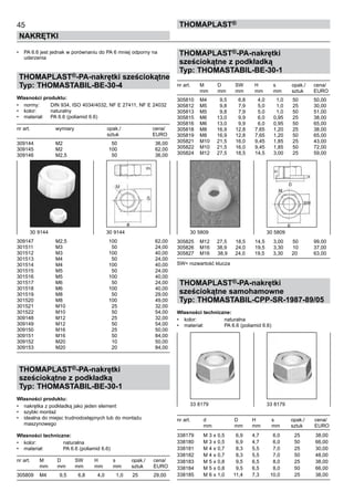 •	 PA 6.6 jest jednak w porównaniu do PA 6 mniej odporny na
uderzenia
THOMAPLAST®-PA-nakrętki sześciokątne
Typ: THOMASTABIL-BE-30-4
Własności produktu:
•	 normy:	 DIN 934, ISO 4034/4032, NF E 27411, NF E 24032
•	 kolor:	 naturalny
•	 materiał:	 PA 6.6 (poliamid 6.6)
nr art.	 wymiary	 opak./	 cena/
	 	 sztuk	 EURO
309144 	 M2 	 50 	 36,00
309145 	 M2 	 100 	 62,00
309146 	 M2,5 	 50 	 36,00
309147 	 M2,5 	 100 	 62,00
301511 	 M3 	 50 	 24,00
301512 	 M3 	 100 	 40,00
301513 	 M4 	 50 	 24,00
301514 	 M4 	 100 	 40,00
301515 	 M5 	 50 	 24,00
301516 	 M5 	 100 	 40,00
301517 	 M6 	 50 	 24,00
301518 	 M6 	 100 	 40,00
301519 	 M8 	 50 	 29,00
301520 	 M8 	 100 	 49,00
301521 	 M10 	 25 	 32,00
301522 	 M10 	 50 	 54,00
309148 	 M12 	 25 	 32,00
309149 	 M12 	 50 	 54,00
309150 	 M16 	 25 	 50,00
309151 	 M16 	 50 	 84,00
309152 	 M20 	 10 	 50,00
309153 	 M20 	 20 	 84,00
THOMAPLAST®-PA-nakrętki
sześciokątne z podkładką
Typ: THOMASTABIL-BE-30-1
Własności produktu:
•	 nakrętka z podkładką jako jeden element
•	 szybki montaż
•	 idealna do miejsc trudnodostępnych lub do montażu 	
maszynowego
Własności techniczne:
•	 kolor:	 naturalna
•	 materiał:	 PA 6.6 (poliamid 6.6)
nr art.	 M	 D	 SW	 H	 s	 opak./	 cena/
	 mm	 mm 	 mm 	 mm 	 mm 	 sztuk	 EURO
305809 	 M4 	 9,5 	 6,8 	 4,0 	 1,0 	 25 	 29,00
THOMAPLAST®-PA-nakrętki
sześciokątne z podkładką
Typ: THOMASTABIL-BE-30-1
nr art.	 M	 D	 SW	 H	 s	 opak./	 cena/
	 mm	 mm 	 mm 	 mm 	 mm 	 sztuk	 EURO
305810 	 M4 	 9,5 	 6,8 	 4,0 	 1,0 	 50 	 50,00
305812 	 M5 	 9,8 	 7,9 	 5,0 	 1,0 	 25 	 30,00
305813 	 M5 	 9,8 	 7,9 	 5,0 	 1,0 	 50 	 51,00
305815 	 M6 	 13,0 	 9,9 	 6,0 	 0,95 	 25 	 38,00
305816 	 M6 	 13,0 	 9,9 	 6,0 	 0,95 	 50 	 65,00
305818 	 M8 	 16,9 	 12,8 	 7,65 	 1,20 	 25 	 38,00
305819 	 M8 	 16,9 	 12,8 	 7,65 	 1,20 	 50 	 65,00
305821 	 M10 	 21,5 	 16,0 	 9,45 	 1,85 	 25 	 43,00
305822 	 M10 	 21,5 	 16,0 	 9,45 	 1,85 	 50 	 72,00
305824 	 M12 	 27,5 	 18,5 	 14,5 	 3,00 	 25 	 59,00	
	
	
	
	
	
	
	
	
	
	
	
	
	
305825 	 M12 	 27,5 	 18,5 	 14,5 	 3,00 	 50 	 99,00
305826 	 M16 	 38,9 	 24,0 	 19,5 	 3,30 	 10 	 37,00
305827 	 M16 	 38,9 	 24,0 	 19,5 	 3,30 	 20 	 63,00
	
SW= rozwartość klucza
THOMAPLAST®-PA-nakrętki
sześciokątne samohamowne
Typ: THOMASTABIL-CPP-SR-1987-89/05
Własności techniczne:
•	 kolor:	 naturalna
•	 materiał:	 PA 6.6 (poliamid 6.6)
	
nr art.	 d	 D	 H	 s	 opak./	 cena/
	 mm	 mm 	 mm 	 mm 	 sztuk	 EURO
338179 	 M 3 x 0,5 	 6,9 	 4,7 	 6,0 	 25	 38,00
338180 	 M 3 x 0,5 	 6,9 	 4,7 	 6,0 	 50 	 66,00
338181 	 M 4 x 0,7 	 8,3 	 5,5 	 7,0 	 25 	 30,00
338182 	 M 4 x 0,7 	 8,3 	 5,5 	 7,0 	 50 	 48,00
338183 	 M 5 x 0,8 	 9,5 	 6,5 	 8,0 	 25 	 38,00
338184 	 M 5 x 0,8 	 9,5 	 6,5 	 8,0 	 50 	 66,00
338185 	 M 6 x 1,0 	 11,4 	 7,3 	 10,0 	 25 	 38,00
45
NAKRĘTKI
ThomaPLAST®
30 9144	 30 9144 30 5809	 30 5809
33 8179 	 33 8179
 