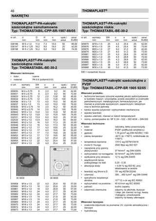 THOMAPLAST®-PA-nakrętki
sześciokątne samohamowne
Typ: THOMASTABIL-CPP-SR-1987-89/05
nr art.	 d	 D	 H	 s	 opak./	 cena/
	 mm	 mm 	 mm 	 mm 	 sztuk	 EURO
338186 	 M 6 x 1,0 	 11,4 	 7,3 	 10,0 	 50 	 66,00
338187 	 M 8 x 1,25 	 16,2 	 9,0 	 14,0 	 25 	 42,00
338188 	 M 8 x 1,25 	 16,2 	 9,0 	 14,0 	 50 	 74,00
THOMAPLAST®-PA-nakrętki
sześciokątne niskie
Typ: THOMASTABIL-BE-30-2
Własności techniczne:
•	 kolor:	 czarne
•	 materiał:	 PA 6.6 (poliamid 6.6)
nr art.	 wymiary	 SW	 s	 e	 opak./	 cena/
	 mm	 mm 	 mm 	 mm 	 sztuk	 EURO
305830 	 M 6 x 0,75 	 8 	 2,3 	 9,2 	 20 	 42,00
305831 	 M 6 x 0,75 	 8 	 2,3 	 9,2 	 40 	 72,00
305833 	 M 8 x 0,75 	 12	 2,5 	 13,8 	 50 	 45,00
305834 	 M 8 x 0,75 	 12 	 2,5 	 13,8 	 100 	 76,00
305836 	 M 8 x 1,0 	 13 	 4,0 	 15,0 	 50 	 45,00
305837 	 M 8 x 1,0 	 13 	 4,0 	 15,0 	 100 	 76,00
305839 	 M10 x 0,75 	 14 	 2,5 	 16,2 	 50 	 45,00
305840 	 M10 x 0,75 	 14 	 2,5 	 16,2 	 100 	 76,00
305842 	 M10 x 1,0 	 13,8 	 3,0 	 15,9 	 50 	 45,00
305843 	 M10 x 1,0 	 13,8 	 3,0 	 15,9 	 100 	 76,00
332531 	 M10 x 1,0 	 13,9 	 6,0 	 16,0 	 25 	 37,00
332532 	 M10 x 1,0 	 13,9 	 6,0 	 16,0 	 50 	 64,00
305845 	 M12 x 1,0 	 16 	 5,0 	 17,3 	 25 	 32,00
305846 	 M12 x 1,0 	 16 	 5,0 	 17,3 	 50 	 55,00
305848 	 M12 x 1,0 	 17 	 4,0 	 19,6 	 25 	 32,00
305849 	 M12 x 1,0 	 17 	 4,0 	 19,6 	 50 	 55,00
305851 	 M13 x 1,0 	 17 	 7,0 	 19,6 	 25 	 32,00
305852 	 M13 x 1,0 	 17 	 7,0 	 19,6 	 50 	 55,00
305854 	 M14 x 1,0 	 22 	 5,0 	 25,4 	 25 	 33,00
305855 	 M14 x 1,0 	 22 	 5,0 	 25,4 	 50 	 57,00
305857 	 M14 x 1,5 	 22 	 4,0 	 25,4 	 25 	 33,00
305858 	 M14 x 1,5 	 22 	 4,0 	 25,4 	 50 	 57,00
305860 	 M15 x 1,0 	 18 	 3,0 	 20,8 	 25 	 33,00
305861 	 M15 x 1,0 	 18 	 3,0 	 20,8 	 50 	 57,00
305863 	 M16 x 1,0 	 24 	 4,0 	 27,7 	 25 	 42,00
305864 	 M16 x 1,0 	 24 	 4,0 	 27,7 	 50 	 73,00
305866 	 M16 x 1,5 	 19 	 4,0 	 21,9 	 25 	 42,00
305867 	 M16 x 1,5 	 19 	 4,0 	 21,9 	 50 	 73,00
305869 	 M18 x 1,0 	 24 	 4,3 	 27,7 	 25 	 42,00
305870	 M18 x 1,0 	 24 	 4,3 	 27,7 	 50 	 73,00
305872 	 M18 x 1,5 	 24 	 4,5 	 27,7 	 25 	 42,00
305873 	 M18 x 1,5 	 24 	 4,5 	 27,7 	 50 	 73,00
THOMAPLAST®-PA-nakrętki
sześciokątne niskie
Typ: THOMASTABIL-BE-30-2
nr art.	 wymiary	 SW	 s	 e	 opak./	 cena/
	 mm	 mm 	 mm 	 mm 	 sztuk	 EURO
305875 	 M18 x 1,5 	 25 	 4,5 	 25,4 	 25 	 42,00
305876 	 M18 x 1,5 	 25 	 4,5 	 25,4 	 50 	 73,00
305878 	 M20 x 1,5 	 27 	 8,0 	 31,2 	 25 	 42,00
305879	 M20 x 1,5 	 27 	 8,0 	 31,2 	 50 	 73,00
305881 	 M22 x 1,0 	 25 	 4,5 	 28,8 	 25 	 42,00
305882 	 M22 x 1,0 	 25 	 4,5 	 28,8 	 50 	 73,00
305884 	 M22 x 1,5 	 25 	 4,3 	 28,8 	 25 	 42,00
305885 	 M22 x 1,5 	 25 	 4,3 	 28,8 	 50 	 73,00
305887 	 M30 x 1,5 	 36 	 5,0 	 41,5 	 25 	 42,00
305888 	 M30 x 1,5 	 36 	 5,0 	 41,5 	 50 	 73,00
SW = rozwartość klucza
THOMAPLAST®-nakrętki sześciokątne z
PVDF
Typ: THOMASTABIL-CPP-SR 1905 92/05
Własności produktu:
•	 techniczne tworzywo sztuczne wysokiej jakości wykorzystywane
w budowie maszyn i przyrządów, przede wszystkim w przemyśle
petrochemicznym, metalurgicznym, farmaceutycznym, jak
również w przemyśle spożywczym, papierniczym i tekstylnym
oraz w technice jądrowej
•	 bardzo wysoka sztywność i wytrzymałość mechaniczna
•	 wysoka twardość
•	 wysoka udarność, również w niskich temperaturach
•	 normy: porównywalne do: NF E 24 – 032 – ISO 4034 – DIN 555
Własności techniczne:
•	 kolor:	 naturalny, lekko przezroczysty
•	 materiał:	 PVDF (polifluorek winylidenu)
•	 gęstość:	 1,76 g/cm2 wg DIN ISO/IEC 1183
•	 zakres temperatur:	 -40°C do +150°C, krótkotrwale do	
		 +160°C
•	 temperatura topnienia:	 175°C wg ASTM 03418
•	 moduł E Younga:	 2500 Mpa wg ISO 527
•	 naprężenie przy granicy 	
plastyczności:	 57 N/mm2 wg DIN 53455
•	 wytrzymałość na rozciąganie:	 50 N/mm2 wg DIN 53455
•	 wydłużenie przy zerwaniu:	 12 % wg DIN 53455
•	 współczynnik tarcia 	
poślizgowego na stali:	 0,20 - 0,35
•	 absorpcja wody:	 < 0,04 % wg ISO 62, przy 	
		 składowaniu w wodzie
•	 twardość wg Shore’a D:	 79° wg ASTM D2240
•	 udarność:	 300….450 kJ/m2 wg DIN 53448
•	 specyficzna rezystancja 	
skrośna:	 1013 Ω x cm wg IEC 60093
•	 wytrzymałość na przebicie :	 40 kV/mm wg IEC 60093
•	 palność:	 trudno zapalny
•	 odporność chemiczna:	 odporny na alkohole, tłuszcze 	
		 i oleje, jak również na ługi, kwasy	
		 i halogeny; umiarkowanie 	
		 odporny na kwasy utleniające
Własności tworzywa:
•	 znakomita odporność na promienie UV, czynniki atmosferyczne i
starzące
•	 hydrofobowy
46
NAKRĘTKI
ThomaPLAST®
30 5830	 30 5830
 