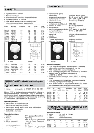 •	 wysoka stabilność termiczna
•	 fizjologicznie obojętny
•	 spełnia najwyższe wymagania względem czystości
•	 dobra wytrzymałość na przebicie
•	 niska wartość współczynnika strat dielektrycznych
•	 tylko umiarkowanie nadający się do klejenia
nr art.	 wymiary	 wysokość	 SW	 opak./	 cena
	 	 mm 	 mm 	 sztuk	 EURO
335963 	 M3 x 0,5 	 2,4 	 5,5 	 25 	 22,00
335964 	 M3 x 0,5 	 2,4 	 5,5 	 50 	 38,00
335967 	 M5 x 0,8 	 4,2 	 8 	 25 	 22,00
335968 	 M5 x 0,8 	 4,2 	 8 	 50 	 38,00
335969 	 M6 x 1 	 5,0 	 10 	 25 	 22,00
335970 	 M6 x 1 	 5,0 	 10 	 50 	 38,00
335971 	 M8 x 1,25 	 6,5 	 13 	 25 	 22,00
335972 	 M8 x 1,25 	 6,5 	 13 	 50 	 38,00
335973 	 M10 x 1,5 	 8,0 	 17 	 25 	 34,00
335974 	 M10 x 1,5 	 8,0 	 17 	 50 	 58,00
335975 	 M12 x 1,75 	 10,8 	 18 	 25 	 34,00
335976 	 M12 x 1,75 	 10,8 	 18 	 50 	 58,00
335979 	 M16 x 2 	 14,8 	 24 	 10 	 30,00
335980 	 M16 x 2 	 14,8 	 24 	 25 	 62,00
THOMAPLAST®-nakrętki sześciokątne z
PTFE
Typ: THOMASTABIL-OHL 114
•	 normy:	 porównywalne do DIN 934 / DIN EN ISO 4032
Złącza z PTFE są idealnym wyborem do konstrukcji z najwyższym
obciążeniem termicznym i chemicznym. Z uwagi na znakomitą
wartość współczynnika tarcia poślizgowego nie występuje zaklesz-
czenie. Doskonałe własności antyadhezyjne sprawiają, że elementy
z PTFE posiadają znikomą podatność na brudzenie.
Własności produktu:
•	 bardzo dobra odporność chemiczna
•	 bardzo wysoka odporność termiczna
•	 bardzo dobra wartość współczynnika tarcia poślizgowego
•	 powierzchnia antyadhezyjna
•	 do kontaktu z żywnością
Własności techniczne:
•	 materiał:	 PTFE (policzterofluoroetylen)
•	 kolor:	 mętny biały
•	 gęstość:	 2,14 – 2,19 g/cm2 wg DIN 53479
•	 zakres temperatur:	 -200°C do +260°C, krótkotrwale 	
		 do +280°C
•	 temperatura topnienia:	 327°C
•	 moduł E Younga:	 400 - 800 N/mm2 wg DIN 53457
•	 naprężenie przy granicy 	
plastyczności:	 10 N/mm2 wg DIN 53455
•	 wytrzymałość na rozciąganie:	 29 - 39 N/mm2 wg DIN 53456
•	 wydłużenie przy zerwaniu:	 200 - 500 % wg DIN 53455
•	 udarność z karbem:	 16 kJ/m2  wg DIN 53453
•	 współczynnik tarcia 	
poślizgowego na stali (sucha):	 0,18 - 0,23
•	 twardość wg Shore’a D:	 55 - 72° wg DIN 53505
•	 absorpcja wody:	 < 0,01 %
•	 specyficzna rezystancja skrośna:	1018  Ω x cm wg DIN 53482
•	 opór powierzchniowy:	 1017 Ω wg DIN 53482
•	 względna przenikalność 	
elektryczna:	 2,1 przy 50 Hz wg DIN 53483
•	 palność:	 UL 94 V-0
•	 promienie UV 	
i czynniki atmosferyczne:	 znakomita odporność
•	 odporność chemiczna:	 znakomita
Własności tworzywa:
•	 PTFE (policzterofluoroetylen) jest fluoroplastem o doskonałej
odporności na kwasy, ługi, rozpuszczalniki oraz gazy
•	 PTFE posiada dobre własności elektryczne
•	 PTFE nadaje się do sterylizacji oraz w zależności od obciążenia
mechanicznego do stosowania w temperaturze	
od -200°C do +260°C
•	 nawet przy kontakcie z wrzącym helem (- 269°C) nie staje się
kruchy
•	 PTFE nadaje się do obróbki wiórowej, natomiast do klejenia
nadaje się jedynie po obróbce wstępnej
•	 PTFE nie jest odporny na związki fluorowe (fluoru) oraz roztopi-
one metale alkaliczne przy wyższych temperaturach
nr art.	 M	 skok	 wysokość	 SW	 opak./	 cena
	 mm	 gwintu  mm 	 mm 	 mm	 sztuk	 EURO
310098	 M4	 0,7	 5	 7	 3	 48,00
310099	 M4	 0,7	 5	 7	 10	 146,00
310100	 M5	 0,8	 6	 8	 3	 48,00
310101	 M5	 0,8	 6	 8	 10	 16,00
310106	 M6	 1,0	 7,5	 10	 3	 48,00
310107	 M6	 1,0	 7,5	 10	 10	 146,00
THOMAPLAST®-nakrętki kołpakowe z PA
Typ: THOMASTABIL-BE-31-2
Własności produktu:
•	 normy:	 DIN 1587, NF E 27-453
•	 kolor:	 naturalny
•	 materiał:	 PA 6.6 (poliamid 6.6)
nr art.	 M	 h	 t	 H	 opak./	 cena/
	 mm	 mm 	 mm 	 mm 	 sztuk	 EURO
305923	 M3	 6	 4,6	 5,5	 50	 32,00
305924	 M3	 6	 4,6	 5,5	 100	 56,00
47
NAKRĘTKI
ThomaPLAST®
33 5963	 33 5963 31 0098	 31 0098
 