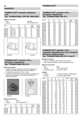 THOMAPLAST®-nakrętki motylkowe
z PA
Typ: THOMASTABIL-CPP-SR 1988-90/05
Własności produktu:
•	 kolor:	 naturalny
•	 materiał:	 PA 6.6 (poliamid 6.6)
nr art.	 d	 D	 H	 opak./	 cena/
	 mm	 mm 	 mm 	 sztuk	 EURO
338189	 M 4 x 0,7	 22,0	 13,0	 10	 40,00
338190	 M 4 x 0,7	 22,0	 13,0	 25	 88,00
338191	 M 5 x 0,8	 22,0	 13,0	 10	 38,00
338192	 M 5 x 0,8	 22,0	 13,0	 25	 84,00
338193	 M 6 x 1,0	 22,0	 13,0	 10	 38,00
338194	 M 6 x 1,0	 22,0	 13,0	 25	 84,00
THOMAPLAST®-nakrętki z PA z
uchwytem radełkowym
Typ: THOMASTABIL-BE-32-2
Własności produktu:
•	 nakrętki z tworzywa sztucznego wykonane z odpornego na
uderzenia poliamidu wyposażone w uchwyt radełkowy
•	 do ogólnego zastosowania w domu i biurze
•	 możliwości zastosowania: mocowanie oparcia w krzesłach biu-
rowych, lampy stojące jak i inne przedmioty użytkowe  o 	
nastawnej wysokości
Własności techniczne:
•	 kolor:	 czarny
•	 materiał:	 PA 6.6 (poliamid 6.6)
nr art.	 d	 d1	 D	 H	 opak./	 cena/
	 mm	 mm	 mm 	 mm 	 sztuk	 EURO
309158	 M4	 18,0	 32,0	 18,0	 10	 26,00
309159	 M4	 18,0	 32,0	 18,0	 20	 44,00
309160	 M5	 18,0	 32,0	 18,0	 10	 26,00
309161	 M5	 18,0	 32,0	 18,0	 20	 44,00
49
NAKRĘTKI
ThomaPLAST®
THOMAPLAST®-nakrętki z PA z
uchwytem radełkowym
Typ: THOMASTABIL-BE-32-2
nr art.	 d	 d1	 D	 H	 opak./	 cena/
	 mm	 mm	 mm 	 mm 	 sztuk	 EURO
309164	 M6	 18,0	 32,0	 18,0	 10	 26,00
309165	 M6	 18,0	 32,0	 18,0	 20	 44,00
309166	 M6	 21,0	 42,0	 28,0	 10	 38,00
309167	 M6	 21,0	 42,0	 28,0	 20	 70,00
309168	 M6	 18,0	 55,0	 30,0	 10	 48,00
309169	 M6	 18,0	 55,0	 30,0	 20	 77,00
309170	 M8	 18,0	 32,0	 18,0	 10	 27,00
309171	 M8	 18,0	 32,0	 18,0	 20	 46,00
309172	 M8	 21,0	 42,0	 28,0	 10	 36,00
309173	 M8	 21,0	 42,0	 28,0	 20	 58,00
309174	 M8	 21,0	 62,0	 34,0	 10	 60,00
309175	 M8	 21,0	 62,0	 34,0	 20	 95,00
309176	 M10	 21,0	 42,0	 28,0	 10	 40,00
309177	 M10	 21,0	 42,0	 28,0	 20	 64,00
309178	 M10	 21,0	 62,0	 34,0	 10	 62,00
309179	 M10	 21,0	 62,0	 34,0	 20	 102,00
THOMAPLAST®-nakrętki z PA z
uchwytem gwiazdkowym oraz uchwytem
delikatnie radełkowanym
Typ: THOMASTABIL-BE-33-1A oraz B
Własności produktu:
•	 odporny na uderzenia oraz ścieranie, tłumi drgania
•	 dobre własności ślizgowe oraz przeciwzakleszczeniowe
Własności techniczne:
•	 kolor:	 biały
•	 materiał:	 PA 6.6 (poliamid 6.6)
•	 temperatura pracy:	 od -30°C do 100°C
Rodzaje:
•	 kształt A:	 z uchwytem delikatnie radełkowanym
•	 kształt B:	 z uchwytem gwiazdkowym
nr art.	 M	 D	 d1	 h	 H	 kształt	 opak./	 cena/
	 mm	 mm	 mm	 mm 	 mm 	 	 sztuk	 EURO
305938 	 M3 	 12 	 8,5 	 3,5 	 5,0 	 A 	 50 	 32,00
305939 	 M3 	 12 	 8,5 	 3,5 	 5,0 	 A 	 100 	 56,00
305940 	 M3 	 12 	 7,0 	 3,5 	 7,0 	 A 	 50 	 32,00
305941 	 M3 	 12 	 7,0 	 3,5 	 7,0 	 A 	 100 	 56,00
305942 	 M4 	 12 	 7,0 	 3,5 	 7,0 	 A 	 50 	 32,00
305943 	 M4 	 12 	 7,0 	 3,5 	 7,0 	 A 	 100 	 56,00
305944 	 M4 	 14 	 8,5 	 3,5 	 5,0 	 A 	 50 	 32,00
305945 	 M4 	 14 	 8,5 	 3,5 	 5,0 	 A 	 100 	 56,00
305946 	 M4 	 16 	 10,0 	 4,5 	 6,0 	 A 	 50 	 32,00
305947 	 M4 	 16 	 10,0 	 4,5 	 6,0 	 A 	 100 	 56,00
305948 	 M4 	 16 	 10,0 	 4,5 	 6,5 	 B 	 50 	 32,00
305949 	 M4 	 16 	 10,0 	 4,5 	 6,5 	 B 	 100 	 56,00
305950 	 M4 	 16 	 9,5 	 4,5 	 8,0 	 A 	 50 	 37,00
305951 	 M4 	 16 	 9,5 	 4,5 	 8,0 	 A 	 100 	 63,00
305952 	 M4 	 16 	 9,5 	 4,5 	 8,0 	 B 	 50 	 37,00
305953 	 M4 	 16 	 9,5 	 4,5 	 8,0 	 B 	 100 	 63,00
305954 	 M4 	 20 	 10,0 	 6,0 	 7,5 	 A 	 50 	 37,00
305955 	 M4 	 20 	 10,0 	 6,0 	 7,5 	 A 	 100 	 63,00
305956 	 M4 	 20 	 10,0 	 5,0 	 6,5 	 B 	 50 	 37,00
305957 	 M4 	 20 	 10,0 	 5,0 	 6,5 	 B 	 100 	 63,00
305958 	 M5 	 14 	 8,8 	 3,5 	 7,0 	 A 	 50 	 32,00
305959 	 M5 	 14 	 8,8 	 3,5 	 7,0 	 A 	 100 	 54,00
305960 	 M5 	 16 	 10,0 	 4,5 	 6,0 	 A 	 50 	 32,00
33 8189	 33 8189
30 9158	 30 9158
 