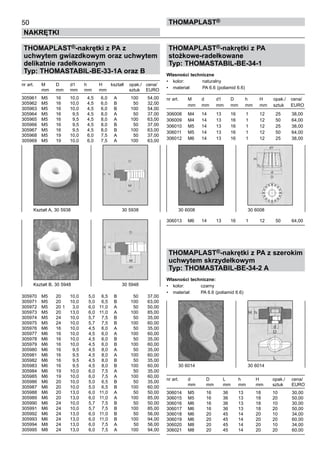 50
NAKRĘTKI
ThomaPLAST®
THOMAPLAST®-nakrętki z PA z
uchwytem gwiazdkowym oraz uchwytem
delikatnie radełkowanym
Typ: THOMASTABIL-BE-33-1A oraz B
nr art.	 M	 D	 d1	 h	 H	 kształt	 opak./	 cena/
	 mm	 mm	 mm	 mm 	 mm 	 	 sztuk	 EURO
305961	 M5 	 16 	 10,0 	 4,5 	 6,0 	 A 	 100 	 54,00
305962 	 M5 	 16 	 10,0 	 4,5 	 6,0 	 B 	 50 	 32,00
305963 	 M5 	 16 	 10,0 	 4,5 	 6,0 	 B 	 100 	 54,00
305964 	 M5 	 16 	 9,5 	 4,5 	 8,0 	 A 	 50 	 37,00
305965 	 M5 	 16 	 9,5 	 4,5 	 8,0 	 A 	 100 	 63,00
305966 	 M5 	 16 	 9,5 	 4,5 	 8,0 	 B 	 50 	 37,00
305967 	 M5 	 16 	 9,5 	 4,5 	 8,0 	 B 	 100 	 63,00
305968 	 M5 	 19 	 10,0 	 6,0 	 7,5 	 A 	 50 	 37,00
305969 	 M5 	 19 	 10,0 	 6,0 	 7,5 	 A 	 100 	 63,00
	 	
305970 	 M5 	 20 	 10,0 	 5,0	 6,5 	 B 	 50 	 37,00
305971 	 M5 	 20 	 10,0 	 5,0 	 6,5 	 B 	 100 	 63,00
305972 	 M5 	 20 1	 3,0 	 6,0 	 11,0 	 A 	 50 	 50,00
305973 	 M5 	 20 	 13,0 	 6,0 	 11,0 	 A 	 100 	 85,00
305974 	 M5 	 24 	 10,0 	 5,7 	 7,5 	 B 	 50 	 35,00
305975 	 M5 	 24 	 10,0 	 5,7 	 7,5 	 B 	 100	 60,00
305976 	 M6 	 16 	 10,0 	 4,5 	 6,0 	 A 	 50 	 35,00
305977 	 M6 	 16 	 10,0 	 4,5 	 6,0 	 A 	 100 	 60,00
305978 	 M6 	 16 	 10,0 	 4,5 	 6,0 	 B 	 50 	 35,00
305979 	 M6 	 16 	 10,0 	 4,5 	 6,0 	 B 	 100 	 60,00
305980 	 M6 	 16 	 9,5 	 4,5 	 8,0 	 A 	 50 	 35,00
305981 	 M6 	 16	 9,5 	 4,5 	 8,0 	 A 	 100 	 60,00
305982 	 M6 	 16 	 9,5 	 4,5 	 8,0 	 B 	 50 	 35,00
305983 	 M6 	 16 	 9,5 	 4,5 	 8,0 	 B 	 100 	 60,00
305984 	 M6 	 19 	 10,0 	 6,0 	 7,5 	 A 	 50 	 35,00
305985 	 M6 	 19 	 10,0	 6,0 	 7,5	 A 	 100 	 60,00
305986 	 M6 	 20 	 10,0 	 5,0 	 6,5 	 B 	 50 	 35,00
305987 	 M6 	 20 	 10,0 	 5,0 	 6,5 	 B 	 100 	 60,00
305988 	 M6 	 20 	 13,0 	 6,0 	 11,0 	 A 	 50 	 50,00
305989 	 M6 	 20 	 13,0 	 6,0 	 11,0 	 A 	 100 	 85,00
305990 	 M6 	 24 	 10,0 	 5,7 	 7,5 	 B 	 50 	 50,00
305991 	 M6 	 24 	 10,0 	 5,7 	 7,5 	 B 	 100 	 85,00
305992 	 M6 	 24 	 13,0 	 6,0 	 11,0 	 B 	 50 	 56,00
305993 	 M6 	 24 	 13,0 	 6,0 	 11,0 	 B 	 100 	 94,00
305994 	 M8 	 24 	 13,0 	 6,0 	 7,5 	 A 	 50	 56,00
305995 	 M8 	 24 	 13,0 	 6,0 	 7,5 	 A 	 100 	 94,00
THOMAPLAST®-nakrętki z PA
stożkowe-radełkowane
Typ: THOMASTABIL-BE-34-1
Własności techniczne
•	 kolor:	 naturalny
•	 materiał:	 PA 6.6 (poliamid 6.6)
nr art.	 M	 d	 d1	 D	 h	 H	 opak./	 cena/
	 mm	 mm	 mm	 mm 	 mm	 mm 	 sztuk	 EURO
306008	 M4	 14	 13	 16	 1	 12	 25	 38,00	
306009	 M4	 14	 13	 16	 1	 12	 50	 64,00	
306010	 M5	 14	 13	 16	 1	 12	 25	 38,00	
306011	 M5	 14	 13	 16	 1	 12	 50	 64,00	
306012	 M6	 14	 13	 16	 1	 12	 25	 38,00	
	
	
	
	
	
	
	
	
	
	
	
	
	
	
	
306013	 M6	 14	 13	 16	 1	 12	 50	 64,00
THOMAPLAST®-nakrętki z PA z szerokim
uchwytem skrzydełkowym
Typ: THOMASTABIL-BE-34-2 A
Własności techniczne:
•	 kolor:	 czarny
•	 materiał:	 PA 6.6 (poliamid 6.6)
nr art.	 d	 D	 L	 h	 H	 opak./	 cena/
	 mm	 mm 	 mm	 mm	 mm 	 sztuk	 EURO
306014	 M5	 16	 36	 13	 18	 10	 30,00	
306015	 M5	 16	 36	 13	 18	 20	 50,00	
306016	 M6	 16	 36	 13	 18	 10	 30,00	
306017	 M6	 16	 36	 13	 18	 20	 50,00	
306018	 M6	 20	 45	 14	 20	 10	 34,00	
306019	 M6	 20	 45	 14	 20	 20	 60,00	
306020	 M8	 20	 45	 14	 20	 10	 34,00	
306021	 M8	 20	 45	 14	 20	 20	 60,00
Kształt A, 30 5938	 30 5938
Kształt B, 30 5948	 30 5948
30 6008	 30 6008
30 6014	 30 6014
 