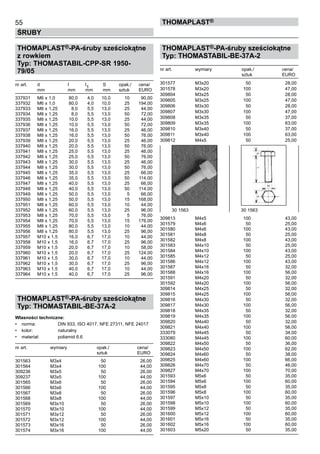 55
ŚRUBY
ThomaPLAST®
THOMAPLAST®-PA-śruby sześciokątne
z rowkiem
Typ: THOMASTABIL-CPP-SR 1950-
79/05
nr art.	 d	 l	 l
1
	 S	 opak./	 cena/
	 mm	 mm 	 mm 	 mm 	 sztuk	 EURO
337931	 M6 x 1,0	 80,0	 4,0	 10,0	 10	 90,00
337932	 M6 x 1,0	 80,0	 4,0	 10,0	 25	 194,00	
337933	 M8 x 1,25	 8,0	 5,5	 13,0	 25	 44,00	
337934	 M8 x 1,25	 8,0	 5,5	 13,0	 50	 72,00	
337935	 M8 x 1,25	 10,0	 5,5	 13,0	 25	 44,00	
337936	 M8 x 1,25	 10,0	 5,5	 13,0	 50	 72,00	
337937	 M8 x 1,25	 16,0	 5,5	 13,0	 25	 46,00	
337938	 M8 x 1,25	 16,0	 5,5	 13,0	 50	 76,00	
337939	 M8 x 1,25	 20,0	 5,5	 13,0	 25	 46,00	
337940	 M8 x 1,25	 20,0	 5,5	 13,0	 50	 76,00	
337941	 M8 x 1,25	 25,0	 5,5	 13,0	 25	 46,00	
337942	 M8 x 1,25	 25,0	 5,5	 13,0	 50	 76,00	
337943	 M8 x 1,25	 30,0	 5,5	 13,0	 25	 46,00	
337944	 M8 x 1,25	 30,0	 5,5	 13,0	 50	 76,00	
337945	 M8 x 1,25	 35,0	 5,5	 13,0	 25	 66,00	
337946	 M8 x 1,25	 35,0	 5,5	 13,0	 50	 114,00	
337947	 M8 x 1,25	 40,0	 5,5	 13,0	 25	 66,00	
337948	 M8 x 1,25	 40,0	 5,5	 13,0	 50	 114,00	
337949	 M8 x 1,25	 50,0	 5,5	 13,0	 5	 66,00	
337950	 M8 x 1,25	 50,0	 5,5	 13,0	 15	 168,00	
337951	 M8 x 1,25	 60,0	 5,5	 13,0	 10	 44,00	
337952	 M8 x 1,25	 60,0	 5,5	 13,0	 25	 96,00	
337953	 M8 x 1,25	 70,0	 5,5	 13,0	 5	 76,00	
337954	 M8 x 1,25	 70,0	 5,5	 13,0	 15	 176,00	
337955	 M8 x 1,25	 80,0	 5,5	 13,0	 10	 44,00	
337956	 M8 x 1,25	 80,0	 5,5	 13,0	 25	 96,00	
337957	 M10 x 1,5	 16,0	 6,7	 17,0	 10	 44,00	
337958	 M10 x 1,5	 16,0	 6,7	 17,0	 25	 96,00	
337959	 M10 x 1,5	 20,0	 6,7	 17,0	 10	 58,00	
337960	 M10 x 1,5	 20,0	 6,7	 17,0	 25	 124,00	
337961	 M10 x 1,5	 30,0	 6,7	 17,0	 10	 44,00	
337962	 M10 x 1,5	 30,0	 6,7	 17,0	 25	 96,00	
337963	 M10 x 1,5	 40,0	 6,7	 17,0	 10	 44,00	
337964	 M10 x 1,5	 40,0	 6,7	 17,0	 25	 96,00
THOMAPLAST®-PA-śruby sześciokątne
Typ: THOMASTABIL-BE-37A-2
Własności techniczne:
•	 norma:	 DIN 933, ISO 4017, NFE 27311, NFE 24017
•	 kolor:	 naturalny
•	 materiał:	 poliamid 6.6
nr art.	 wymiary	 opak./	 cena/
	 	 sztuk	 EURO
301563	 M3x4	 50	 26,00	
301564	 M3x4	 100	 44,00	
309236	 M3x5	 50	 26,00	
309237	 M3x5	 100	 44,00	
301565	 M3x6	 50	 26,00	
301566	 M3x6	 100	 44,00	
301567	 M3x8	 50	 26,00	
301568	 M3x8	 100	 44,00	
301569	 M3x10	 50	 26,00	
301570	 M3x10	 100	 44,00	
301571	 M3x12	 50	 26,00	
301572	 M3x12	 100	 44,00	
301573	 M3x16	 50	 26,00	
301574	 M3x16	 100	 44,00
THOMAPLAST®-PA-śruby sześciokątne
Typ: THOMASTABIL-BE-37A-2
nr art.	 wymiary	 opak./	 cena/
	 	 sztuk	 EURO
301577	 M3x20	 50	 28,00	
301578	 M3x20	 100	 47,00	
309804	 M3x25	 50	 28,00	
309805	 M3x25	 100	 47,00	
309806	 M3x30	 50	 28,00	
309807	 M3x30	 100	 47,00	
309808	 M3x35	 50	 37,00	
309809	 M3x35	 100	 63,00	
309810	 M3x40	 50	 37,00	
309811	 M3x40	 100	 63,00	
309812	 M4x5	 50	 25,00	
	
	
	
	
	
	
	
	
	
	
	
	
	
309813	 M4x5	 100	 43,00	
301579	 M4x6	 50	 25,00	
301580	 M4x6	 100	 43,00	
301581	 M4x8	 50	 25,00	
301582	 M4x8	 100	 43,00	
301583	 M4x10	 50	 25,00	
301584	 M4x10	 100	 43,00	
301585	 M4x12	 50	 25,00	
301586	 M4x12	 100	 43,00	
301587	 M4x16	 50	 32,00	
301588	 M4x16	 100	 56,00	
301591	 M4x20	 50	 32,00	
301592	 M4x20	 100	 56,00	
309814	 M4x25	 50	 32,00	
309815	 M4x25	 100	 56,00	
309816	 M4x30	 50	 32,00	
309817	 M4x30	 100	 56,00	
309818	 M4x35	 50	 32,00	
309819	 M4x35	 100	 56,00	
309820	 M4x40	 50	 32,00	
309821	 M4x40	 100	 56,00	
333079	 M4x45	 50	 34,00	
333080	 M4x45	 100	 60,00	
309822	 M4x50	 50	 36,00	
309823	 M4x50	 100	 62,00	
309824	 M4x60	 50	 38,00	
309825	 M4x60	 100	 66,00	
309826	 M4x70	 50	 46,00	
309827	 M4x70	 100	 70,00	
301593	 M5x6	 50	 35,00	
301594	 M5x6	 100	 60,00	
301595	 M5x8	 50	 35,00	
301596	 M5x8	 100	 60,00	
301597	 M5x10	 50	 35,00	
301598	 M5x10	 100	 60,00	
301599	 M5x12	 50	 35,00	
301600	 M5x12	 100	 60,00	
301601	 M5x16	 50	 35,00	
301602	 M5x16	 100	 60,00	
301603	 M5x20	 50	 35,00
30 1563	 30 1563
 