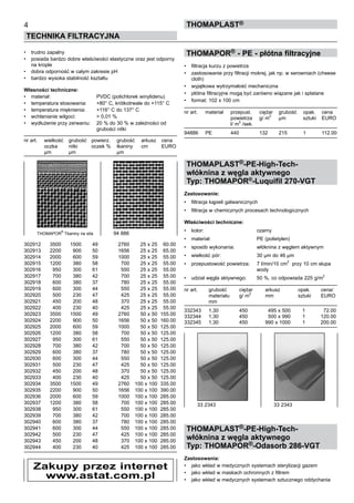 •	 trudno zapalny
•	 posiada bardzo dobre właściwości elastyczne oraz jest odporny
na krople
•	 dobra odporność w całym zakresie pH
•	 bardzo wysoka stabilność kształtu
Własności techniczne:
•	 materiał:	 PVDC (polichlorek winylidenu)
•	 temperatura stosowania:	 +80° C, krótkotrwale do +115° C
•	 temperatura mięknienia:	 +116° C do 137° C
•	 wchłanianie wilgoci:	 > 0,01 %
•	 wydłużenie przy zerwaniu:	 20 % do 30 % w zależności od 	
		 grubości nitki
nr art.	 wielkość	 grubość 	 powierz. 	 grubość	 arkusz	 cena
	 oczka	 nitki 	 oczek %	 tkaniny	 cm	 EURO
	 µm	 µm	 	 µm
302912	 3500	 1500	 49	 2760	 25 x 25	 60.00
302913	 2200	 900	 50	 1656	 25 x 25	 65.00
302914	 2000	 600	 59	 1000	 25 x 25	 55.00
302915	 1200	 380	 58	 700	 25 x 25	 55.00
302916	 950	 300	 61	 550	 25 x 25	 55.00
302917	 700	 380	 42	 700	 25 x 25	 55.00
302918	 600	 380	 37	 780	 25 x 25	 55.00
302919	 600	 300	 44	 550	 25 x 25	 55.00
302920	 500	 230	 47	 425	 25 x 25	 55.00
302921	 450	 200	 48	 370	 25 x 25	 55.00
302922	 400	 230	 40	 425	 25 x 25	 55.00
302923	 3500	 1500	 49	 2760	 50 x 50	 155.00
302924	 2200	 900	 50	 1656	 50 x 50	 160.00
302925	 2000	 600	 59	 1000	 50 x 50	 125.00
302926	 1200	 380	 58	 700	 50 x 50	 125.00
302927	 950	 300	 61	 550	 50 x 50	 125.00
302928	 700	 380	 42	 700	 50 x 50	 125.00
302929	 600	 380	 37	 780	 50 x 50	 125.00
302930	 600	 300	 44	 550	 50 x 50	 125.00
302931	 500	 230	 47	 425	 50 x 50	 125.00
302932	 450	 200	 48	 370	 50 x 50	 125.00
302933	 400	 230	 40	 425	 50 x 50	 125.00
302934	 3500	 1500	 49	 2760	 100 x 100	 335.00
302935	 2200	 900	 50	 1656	 100 x 100	 390.00
302936	 2000	 600	 59	 1000	 100 x 100	 285.00
302937	 1200	 380	 58	 700	 100 x 100	 285.00
302938	 950	 300	 61	 550	 100 x 100	 285.00
302939	 700	 380	 42	 700	 100 x 100	 285.00
302940	 600	 380	 37	 780	 100 x 100	 285.00
302941	 600	 300	 44	 550	 100 x 100	 285.00
302942	 500	 230	 47	 425	 100 x 100	 285.00
302943	 450	 200	 48	 370	 100 x 100	 285.00
302944	 400	 230	 40	 425	 100 x 100	 285.00
THOMAPOR® - PE - płótna filtracyjne
•	 filtracja kurzu z powietrza
•	 zastosowanie przy filtracji mokrej, jak np. w serowniach (cheese
cloth)
•	 wyjątkowa wytrzymałość mechaniczna
•	 płótna filtracyjne mogą być zarówno wiązane jak i splatane
•	 format: 102 x 100 cm
nr art.	 materiał	 przepust.	 ciężar	 grubość	 opak.	 cena
	 	 powietrza	 g/ m
2
	 µm	 sztuki	 EURO
	 	 l/ m
2
/sek.	 	
	 	
94886	 PE	 440	 132	 215	 1	 112.00
THOMAPLAST®-PE-High-Tech-
włóknina z węgla aktywnego
Typ: THOMAPOR®
-Luquifil 270-VGT
Zastosowanie:
•	 filtracja kąpieli galwanicznych
•	 filtracja w chemicznych procesach technologicznych
Właściwości techniczne:
•	 kolor:	 czarny
•	 materiał:	 PE (polietylen)
•	 sposób wykonania:	 włóknina z węglem aktywnym
•	 wielkość pór:	 30 µm do 46 µm
•	 przepustowość powietrza:	 7 l/min/10 cm2  
przy 10 cm słupa 	
		 wody
•	 udział węgla aktywnego:	 50 %, co odpowiada 225 g/m2
nr art.	 grubość	 ciężar	 arkusz	 opak.	 cena/
	 materiału	 g/ m
2
	 mm	 sztuki	 EURO
	 mm	
	 	 	 	
332343	 1,30	 450	 495 x 500	 1	 72.00
332344	 1,30	 450	 500 x 990	 1	 120.00
332345	 1,30	 450	 990 x 1000	 1	 200.00
THOMAPLAST®-PE-High-Tech-
włóknina z węgla aktywnego
Typ: THOMAPOR®-Odasorb 286-VGT
Zastosowania:
•	 jako wkład w medycznych systemach sterylizacji gazem
•	 jako wkład w maskach ochronnych z filtrem
•	 jako wkład w medycznych systemach sztucznego oddychania
4
TECHNIKA FILTRACYJNA
ThomaPLAST®
THOMAPOR
®
Tkaniny na sita	 94 886
33 2343	 33 2343
Zakupy przez internet
www.astat.com.pl
 