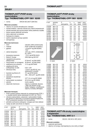 59
ŚRUBY
ThomaPLAST®
THOMAPLAST®-PVDF-śruby
sześciokątne
Typ: THOMASTABIL-CPP 1901 92/05
•	 norma:	 DIN EN ISO 24017 (DIN 933)
Własności produktu:
•	 odporny na czynniki atmosferyczne i starzące
•	 wysoka trwałość i udarność również przy niskich temperaturach
•	 wysoka twardość jest wyznacznikiem dobrej stabilności kształtu
•	 bardzo wysoka stabilność wymiarów
•	 dobra odporność na ścieranie
•	 fizjologicznie obojętny
•	 spełnia najwyższe wymogi czystości
•	 samogasnący
Własności techniczne:
•	 kolor:	 naturalny, lekko przeźroczysty
•	 materiał:	 PVDF (polifluorek winylidenu)
•	 gęstość:	 1,76 g/cm2 wg DIN ISO/IEC	
		 1183
•	 zakres temperatur:	 -40°C do +150°C, krótkotrwale 	
		 do +160°C
•	 temperatura topnienia:	 175°C wg ASTM 03418
•	 Moduł E Younga:	 2500 Mpa wg ISO 527
•	 naprężenie przy granicy 	
plastyczności:	 57 N/mm2 wg DIN 53455
•	 wytrzymałość na rozciąganie:	 50 N/mm2 wg DIN 53455
•	 wydłużenie przy zerwaniu:	 12 % wg DIN 53455
•	 współczynnik tarcia 	
poślizgowego na stali:	 0,20 - 0,35
•	 absorpcja wody:	 < 0,04 % wg ISO 62, przy 	
		 składowaniu w wodzie
•	 twardość wg Shore’a D:	 79° wg ASTM D2240
•	 udarność:	 300….450 kJ/m2 wg DIN 53448
•	 specyficzna rezystancja 	
skrośna:	 1013  Ω x cm wg IEC 60093
•	 wytrzymałość na przebicie :	 40 kV/mm wg IEC 60093
•	 palność:	 trudno zapalny
•	 odporność chemiczna:	 odporny na alkohole, tłuszcze, 	
		 i oleje, jak również na ługi, 	
		 kwasy i halogeny; umiarkowanie 	
		 odporny na kwasy utleniające
Własności tworzywa:
•	 PVDF posiada podobne własności do spokrewnionego PTFE, t.
z. posiada szeroki zakres zastosowań od -60°C do +150°C
•	 odnośnie wytrzymałości, sztywności i wytrzymałości trwałej,
jak również do odporności na promienie wysokoenergetyczne,
PVDF przewyższa wszystkie inne fluoropolimery
•	 jednakże zachowanie poślizgowe i izolujące jest nieco słabsze
•	 nadaje się tylko warunkowo do klejenia
nr art.	 wymiary	 P	 k	 s	 opak./	 cena
	 M x l	 skok gwintu   	mm 	 mm	 sztuk	 EURO
310230	 M3 x 10	 0,5	 2,0	 5,5	 25	 76,00	
310231	 M3 x 10	 0,5	 2,0	 5,5	 50	 128,00	
310234	 M3 x 16	 0,5	 2,0	 5,5	 25	 82,00	
310235	 M3 x 16	 0,5	 2,0	 5,5	 50	 134,00	
310238	 M3 x 20	 0,5	 2,0	 5,5	 25	 82,00	
310239	 M3 x 20	 0,5	 2,0	 5,5	 50	 134,00	
301549	 M4 x 10	 0,7	 2,8	 7,0	 25	 82,00	
301550	 M4 x 10	 0,7	 2,8	 7,0	 50	 134,00	
310258	 M4 x 16	 0,7	 2,8	 7,0	 25	 82,00
THOMAPLAST®-PVDF-śruby
sześciokątne
Typ: THOMASTABIL-CPP 1901 92/05
nr art.	 wymiary	 P	 k	 s	 opak./	 cena
	 M x l	 skok gwintu   	mm 	 mm	 sztuk	 EURO
310259	 M4 x 16	 0,7	 2,8	 7,0	 50	 134,00	
310262	 M4 x 20	 0,7	 2,8	 7,0	 25	 82,00	
310263	 M4 x 20	 0,7	 2,8	 7,0	 50	 134,00	
310266	 M4 x 30	 0,7	 2,8	 7,0	 25	 90,00	
310267	 M4 x 30	 0,7	 2,8	 7,0	 50	 146,00	
301551	 M5 x 12	 0,8	 3,5	 8,0	 25	 90,00	
301552	 M5 x 12	 0,8	 3,5	 8,0	 50	 146,00	
301553	 M5 x 16	 0,8	 3,5	 8,0	 25	 90,00	
301554	 M5 x 16	 0,8	 3,5	 8,0	 50	 146,00	
	
	
	
	
	
	
	
	
	
	
	
	
	
310288	 M5 x 20	 0,8	 3,5	 8,0	 25	 99,00	
310289	 M5 x 20	 0,8	 3,5	 8,0	 50	 165,00	
310290	 M5 x 25	 0,8	 3,5	 8,0	 10	 46,00	
310291	 M5 x 25	 0,8	 3,5	 8,0	 25	 96,00	
310292	 M5 x 30	 0,8	 3,5	 8,0	 10	 50,00	
310293	 M5 x 30	 0,8	 3,5	 8,0	 25	 104,00	
301555	 M6 x 10	 1,0	 4,0	 10	 25	 100,00	
301556	 M6 x 10	 1,0	 4,0	 10	 50	 164,00	
310316	 M6 x 12	 1,0	 4,0	 10	 10	 51,00	
310317	 M6 x 12	 1,0	 4,0	 10	 25	 105,00	
301557	 M6 x 16	 1,0	 4,0	 10	 10	 51,00	
301558	 M6 x 16	 1,0	 4,0	 10	 25	 105,00	
310320	 M6 x 20	 1,0	 4,0	 10	 10	 51,00	
310321	 M6 x 20	 1,0	 4,0	 10	 25	 105,00	
310322	 M6 x 25	 1,0	 4,0	 10	 10	 54,00	
310323	 M6 x 25	 1,0	 4,0	 10	 25	 116,00	
310328	 M6 x 40	 1,0	 4,0	 10	 10	 64,00	
310329	 M6 x 40	 1,0	 4,0	 10	 25	 130,00	
301561	 M8 x 20	 1,25	 5,3	 13	 10	 82,00	
301562	 M8 x 20	 1,25	 5,3	 13	 25	 158,00	
310360	 M8 x 30	 1,25	 5,3	 13	 10	 92,00	
310361	 M8 x 30	 1,25	 5,3	 13	 25	 178,00	
310364	 M8 x 40	 1,25	 5,3	 13	 10	 102,00	
310365	 M8 x 40	 1,25	 5,3	 13	 25	 198,00	
310372	 M8 x 60	 1,25	 5,3	 13	 5	 72,00	
310373	 M8 x 60	 1,25	 5,3	 13	 15	 170,00
THOMAPLAST®-PA-śruby sześciokątne
z trzpieniem
Typ: THOMASTABIL-WRT-3-1
•	 norma:	 DIN 931, ISO 4014, NFE 24014
Własności produktu:
•	 częściowo gwintowana
•	 odporny na korozję, antymagnetyczny oraz wolny od drgań
31 0224	 31 0224
 
