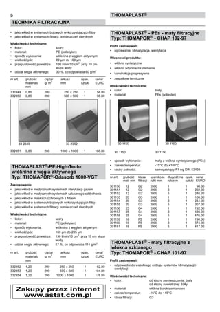 •	 jako wkład w systemach bojowych wykorzystujących filtry
•	 jako wkład w systemach filtracji pomieszczeń sterylnych
Właściwości techniczne:
•	 kolor:	 szary
•	 materiał:	 PE (polietylen)
•	 sposób wykonania:	 włóknina z węglem aktywnym
•	 wielkość pór:	 89 µm do 109 µm
•	 przepustowość powietrza:	 160 l/min/10 cm2  
przy 10 cm 	
		 słupa wody
•	 udział węgla aktywnego:	 30 %, co odpowiada 60 g/m2
nr art.	 grubość	 ciężar	 arkusz	 opak.	 cena/
	 materiału	 g/ m
2
	 mm	 sztuki	 EURO
	 mm	
	 	 	 	
332349	 0,85	 200	 250 x 250	 1	 58.00
332350	 0,85	 200	 500 x 500	 1	 98.00
332351	 0,85	 200	 1000 x 1000	 1	 166.00
THOMAPLAST®-PE-High-Tech-
włóknina z węgla aktywnego
Typ: THOMAPOR®-Odasorb 1000-VGT
Zastosowanie:
•	 jako wkład w medycznych systemach sterylizacji gazem
•	 jako wkład w medycznych systemach sztucznego oddychania
•	 jako wkład w maskach ochronnych z filtrem
•	 jako wkład w systemach bojowych wykorzystujących filtry
•	 jako wkład w systemach filtracji pomieszczeń sterylnych
Właściwości techniczne:
•	 kolor:	 szary
•	 materiał:	 PE (polietylen)
•	 sposób wykonania:	 włóknina z węglem aktywnym
•	 wielkość pór:	 160 µm do 235 µm
•	 przepustowość powietrza:	 156 l/min/10 cm
2  
przy 10 cm słupa	
		 wody
•	 udział węgla aktywnego:	 57 %, co odpowiada 114 g/m
2
nr art.	 grubość	 ciężar	 arkusz	 opak.	 cena/
	 materiału	 g/ m2
	 mm	 sztuki	 EURO
	 mm	
	 	 	 	
332352	 1,20	 200	 250 x 250	 1	 62.00
332353	 1,20	 200	 500 x 500	 1	 104.00
332354	 1,20	 200	 1000 x 1000	 1	 176.00
THOMAPLAST® - PEs - maty filtracyjne
Typ: THOMAPOR® - CHAP 102-97
Profil zastosowań:
•	 ogrzewanie, klimatyzacja, wentylacja
Własności produktu:
•	 włókno syntetyczne
•	 włókno odporne na złamanie
•	 konstrukcja progresywna
•	 zespolone termicznie
Właściwości techniczne:
•	 kolor:	 biały
•	 materiał:	 PEs (poliester)
	 30 1150	 30 1150
•	 sposób wykonania:	 maty z włókna syntetycznego (PEs)
•	 zakres temperatur:	 -15°C do +100°C
•	 cechy palności:	 samogasnący F1 wg DIN 53438
nr art.	 grubość	 klasa	 szerokość	 długość na	 opak.	 cena
	 mat. mm	 filtracji	 rolki mm	 rolce m	 sztuki	 EURO
301150	 12	 G2	 2000	 1	 1	 90.00
301151	 12	 G2	 2000	 3	 1	 202.00
301152	 12	 G2	 2000	 5	 1	 246.00
301153	 20	 G3	 2000	 1	 1	 108.00
301154	 20	 G3	 2000	 3	 1	 254.00
301155	 20	 G3	 2000	 5	 1	 307.00
301156	 25	 G4	 2000	 1	 1	 192.00
301157	 25	 G4	 2000	 3	 1	 430.00
301158	 25	 G4	 2000	 5	 1	 476.00
301159	 16	 F5	 2000	 1	 1	 190.00
301160	 16	 F5	 2000	 3	 1	 374.00
301161	 16	 F5	 2000	 5	 1	 417.00
THOMAPLAST® - maty filtracyjne z
włókna szklanego
Typ: THOMAPOR® - CHAP 101-97
Profil zastosowań:
•	 odpowiedni do wszelkiego rodzaju systemów klimatyzacji i 	
wentylacji
Właściwości techniczne:
•	 kolor:	 od strony pomieszczenia: biały	
		 od strony nawietrznej: żółty
•	 materiał:	 włókna borokrzemianowe
•	 zakres temperatur:	 -15°C do +45°C
•	 klasa filtracji:	 G3
5
TECHNIKA FILTRACYJNA
ThomaPLAST®
33 2349	 33 2352 30 1150	 30 1150
Zakupy przez internet
www.astat.com.pl
 